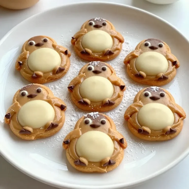 To make Peanut Butter Penguin Cookies, you need a few key items. Here’s the list: - 1 cup creamy peanut butter - 1/2 cup granulated sugar - 1/2 cup packed brown sugar - 1 large egg - 1 teaspoon vanilla extract - 1 teaspoon baking soda - 1/4 teaspoon salt - 1/2 cup mini chocolate chips - 1/4 cup white chocolate chips - Black edible marker or melted dark chocolate These ingredients bring rich flavor and fun to each cookie. The creamy peanut butter gives them a smooth texture. The mix of sugars adds sweetness, while the chocolate chips give a lovely surprise in every bite. You can make your cookies even cuter with some fun toppings. Here are some ideas: - Use melted white chocolate for the penguin bellies. - Draw eyes with a black edible marker or melted dark chocolate. - Add sprinkles for extra color and fun. These decorations make your cookies look like little penguins. They are perfect for parties or a winter treat. Measuring ingredients correctly is key to great cookies. Here are some tips: - Use dry measuring cups for sugar and flour. - Scoop peanut butter into the cup and level it off. - Use a liquid measuring cup for the egg and vanilla. Accurate measuring leads to the best results. You’ll enjoy soft, tasty cookies every time! {{ingredient_image_2}} Start by preheating your oven to 350°F (175°C). This ensures your cookies bake evenly. Next, line a baking sheet with parchment paper. This will help prevent the cookies from sticking. Make sure the paper covers the entire sheet for best results. In a large mixing bowl, combine 1 cup of creamy peanut butter, 1/2 cup of granulated sugar, and 1/2 cup of packed brown sugar. Use a mixer or a sturdy spatula to mix until smooth. This should take about 1-2 minutes. Next, add 1 large egg and 1 teaspoon of vanilla extract. Beat these in until fully mixed. Now, sprinkle in 1 teaspoon of baking soda and 1/4 teaspoon of salt. Stir gently until just combined. Overmixing can make the cookies tough. Finally, fold in 1/2 cup of mini chocolate chips for that extra chocolatey goodness. Using a tablespoon or a cookie scoop, drop rounded mounds of dough onto your baking sheet. Space each mound about 2 inches apart. This gives the cookies room to spread while baking. With the back of a fork, gently flatten each mound in a crisscross pattern. This adds a nice touch to the cookies. Bake in the preheated oven for 10-12 minutes. The edges should be golden, and the centers may look soft. Allow them to cool on the sheet for about 5 minutes before moving them to a wire rack to cool completely. Once the cookies are cool, melt 1/4 cup of white chocolate chips in a microwave-safe bowl. Heat in 20-second intervals, stirring in between. This helps achieve a smooth consistency. Use the melted chocolate to drizzle or spread on the bottom part of each cookie. This creates the penguin "bellies." After the white chocolate has set, grab your black edible marker or melted dark chocolate. Carefully draw small dots for the penguin eyes and add any other details you like. Your Peanut Butter Penguin Cookies are now ready to impress! To get soft cookies, avoid overmixing. When you add the dry ingredients, mix just until combined. This keeps the dough light. Also, do not bake them too long. The edges should be golden, but the center can look soft. Let them cool on the sheet before moving them. This helps them set without drying out. Many home cooks overbake their cookies. This makes them hard instead of soft. Another mistake is not measuring the ingredients correctly. Use measuring cups and spoons for accuracy. It’s also easy to forget to add the baking soda or salt. These are key for the right texture and taste. Lastly, don't skip cooling time. It helps the cookies firm up and taste better. Having the right tools can make cookie-making fun. A good mixing bowl is a must. A hand mixer makes blending easy. Use a cookie scoop for even dough mounds. This helps each cookie bake at the same rate. Baking sheets lined with parchment paper prevent sticking. A wire rack is great for cooling cookies evenly. These tools save time and effort. Pro Tips Chill the Dough: For an even firmer cookie, chill the dough in the refrigerator for about 30 minutes before baking. This helps them maintain their shape and prevents excessive spreading. Use Quality Chocolate: Opt for high-quality chocolate chips, as they melt better and provide a richer flavor. This can elevate the overall taste of your cookies. Experiment with Add-ins: Feel free to add other mix-ins such as chopped nuts, dried fruit, or even coconut flakes for added texture and flavor variety. Store Properly: Keep your cookies in an airtight container at room temperature for up to a week. You can also freeze them for longer storage; just make sure to separate layers with parchment paper. {{image_4}} You can add a fun twist to your penguin cookies by using mint. Just add 1 teaspoon of peppermint extract to the dough. This gives your cookies a fresh and cool taste. Mint pairs well with chocolate, so keep the mini chocolate chips. You can even add green food coloring to make them festive! While penguin shapes are cute, you can get creative! Use cookie cutters to make stars, hearts, or other fun shapes. You can also roll the dough into balls and press them flat for a more classic cookie look. After baking, decorate them as you like with chocolate or sprinkles. You can still enjoy these cookies if you're gluten-free or vegan. For gluten-free cookies, swap out regular flour for almond or oat flour. For vegan cookies, replace the egg with a flax egg (1 tablespoon flaxseed meal mixed with 2.5 tablespoons water). This keeps the cookies moist and tasty. To keep your peanut butter penguin cookies fresh, store them in an airtight container. This will help prevent them from drying out. Layer the cookies with parchment paper to avoid sticking. They stay fresh for about one week at room temperature. If you want them to last longer, refrigeration works too. Just make sure to seal them well. Freezing cookies is a great option for long-term storage. First, let the cookies cool completely. Then, place them in a single layer on a baking sheet. Freeze them for about an hour until firm. After that, transfer the cookies to a freezer-safe bag or container. They can last up to three months in the freezer. When you're ready to enjoy them, simply thaw at room temperature. If your cookies lose their soft texture, you can easily revive them. Preheat your oven to 350°F (175°C). Place the cookies on a baking sheet and warm them for about five minutes. This will make them soft and delicious again. You can also use a microwave. Heat them for about 10 seconds, but watch closely to avoid overheating. Enjoy your fresh-tasting penguin cookies! Yes, you can use crunchy peanut butter. It will add a nice texture to the cookies. The flavor remains the same, but the bites will feel different. If you love crunch, go for it! To make cookies firmer, add a touch more flour or reduce the baking time. If you want softer cookies, use less flour or bake them for a shorter time. Keeping an eye on them as they bake helps a lot. If you don’t have white chocolate, consider using milk chocolate or dark chocolate. You can also use yogurt-covered raisins as a fun and tasty twist. All options will still taste great! These cookies can last up to one week in an airtight container. If you want them to last longer, freeze them. They stay good for about three months in the freezer. Peanut Butter Penguin Cookies are fun and tasty. We explored key ingredients, measuring tips, and topping ideas to make your baking a breeze. I shared step-by-step instructions for mixing, shaping, and decorating these delightful cookies. Remember the tips for soft cookies and the various ways to adapt your recipe. Storing these treats properly keeps them fresh longer. With this guide, you can bake, enjoy, and share these cute cookies without hassle. Now, it’s time to get into the kitchen and create your own batch!