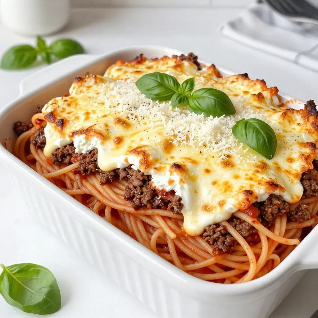 For this dish, you will need: - 12 oz spaghetti - 1 lb ground beef - 1 jar (24 oz) marinara sauce - 1 cup cottage cheese - 1 cup cream cheese, softened - 2 cups shredded mozzarella cheese (divided) - 1 cup grated Parmesan cheese - 1 tsp garlic powder - 1 tsp onion powder - 1/2 tsp Italian seasoning - Salt and pepper to taste - Fresh basil leaves, for garnish Choosing the right ingredients can enhance your baked spaghetti. Here are some tips: - Spaghetti: Look for durum wheat pasta for the best texture. - Ground beef: Choose lean ground beef for less grease and better flavor. - Marinara sauce: Pick a brand that uses fresh tomatoes and herbs. - Cheeses: Select full-fat versions for creaminess and rich taste. - Spices: Use fresh spices when possible for a more vibrant flavor. Want to elevate your dish? Try these premium alternatives: - Cottage cheese: Use ricotta cheese for a creamier texture. - Ground beef: Substitute with ground turkey or chicken for a lighter option. - Marinara sauce: Opt for homemade sauce using fresh tomatoes and herbs. - Mozzarella cheese: Use fresh mozzarella for a gourmet touch. - Parmesan cheese: Grate your own from a block for better flavor. {{ingredient_image_2}} Start by preheating your oven to 350°F (175°C). This gets it ready for baking. Next, fill a large pot with water and add salt. Bring the water to a boil. Once boiling, add 12 oz of spaghetti. Cook the spaghetti until it is al dente, which means it should still have a little bite. After cooking, drain the spaghetti and put it aside. Now, grab a large skillet and place it over medium heat. Add 1 lb of ground beef to the skillet. Use a spatula to break it apart as it cooks. Stir it until the meat is browned and no pink remains. If there's extra fat, be sure to drain it. Next, pour in a jar of marinara sauce (24 oz). Add 1 teaspoon of garlic powder, 1 teaspoon of onion powder, and ½ teaspoon of Italian seasoning. Season with salt and pepper to your taste. Let this mixture simmer for about 5 minutes. This allows the flavors to blend nicely. In a mixing bowl, combine 1 cup of cottage cheese and 1 cup of softened cream cheese. Mix until smooth. Fold in half of the shredded mozzarella cheese (2 cups total). Now, take a large baking dish and begin layering. Place half of the cooked spaghetti in the bottom. Spread half of the cheese mixture over the spaghetti. Next, spoon half of the meat sauce on top. Repeat this layering with the remaining spaghetti, cheese mixture, and meat sauce. Ensure everything is spread evenly. Lastly, sprinkle the remaining mozzarella cheese and dust with grated Parmesan cheese for added flavor. Cover the dish with aluminum foil. Bake for 25 minutes, then remove the foil and continue baking for another 10 to 15 minutes. Look for bubbly and golden cheese on top. After baking, let it cool for about 5 minutes. Garnish with fresh basil leaves before serving. To take your Million Dollar Baked Spaghetti to the next level, consider these tips: - Use fresh herbs like basil or parsley for a burst of flavor. - Mix in some sautéed onions and bell peppers with the ground beef for added depth. - Add a splash of red wine to the sauce while it simmers. This will enhance its richness. - For a kick, sprinkle in some crushed red pepper flakes. These simple changes make a huge difference! To get that perfect cheese melt, follow these easy steps: - Use a mix of mozzarella and Parmesan cheese for great flavor and texture. - Cover the dish with foil for the first half of baking. This keeps moisture in. - When removing the foil, switch to broil mode for a minute to get a nice golden top. Keep a close eye on it to avoid burning. How you serve your dish matters! Here are some fun ideas: - Serve in a large, colorful bowl to make it pop. - Garnish each plate with a sprig of fresh basil for a nice touch. - Sprinkle some extra cheese on top just before serving for a cheesy finish. - Pair with a simple green salad for a fresh side. These details make your meal feel special and inviting! Pro Tips Perfect Pasta: To prevent the spaghetti from becoming mushy, ensure you cook it al dente according to package instructions. It will absorb some sauce while baking. Layering Like a Pro: For the best flavor distribution, make sure to spread the cheese mixture and meat sauce evenly across the layers. Cheese Variations: Feel free to mix different types of cheeses, such as cheddar or gouda, for a unique twist on the classic flavor. Make Ahead: This dish can be assembled ahead of time and stored in the refrigerator. Just bake it when you’re ready to enjoy a comforting meal! {{image_4}} To make a vegetarian version, swap the ground beef for mushrooms or lentils. Use diced bell peppers, zucchini, or spinach for added veggies. These changes enhance flavor and texture without losing the dish's comfort. You can still use the marinara sauce and cheese. The creamy layers will remain rich and satisfying. You can boost the flavor by adding some spices. Try red pepper flakes for heat or fresh herbs like parsley or oregano. You can mix in diced olives or artichokes for a briny twist. Sun-dried tomatoes add sweetness, while sautéed onions and garlic give a depth of flavor. These additions can elevate your baked spaghetti to new heights. If you need gluten-free options, use gluten-free spaghetti. Many brands offer great textures and flavors. For cheese, look for gluten-free labels on cream cheese and cottage cheese. Some brands make gluten-free mozzarella too. These swaps ensure everyone can enjoy this dish without worry. Store your leftover Million Dollar Baked Spaghetti in an airtight container. Make sure to let it cool first. Place the container in the fridge. Eat the leftovers within three to four days for the best taste. Reheat your spaghetti in the oven or microwave. For the oven, set it to 350°F (175°C). Cover the dish with foil to keep it moist. Bake for about 20 minutes or until hot. If using the microwave, heat in 1-minute bursts. Stir after each minute to heat evenly. You can freeze Million Dollar Baked Spaghetti for up to three months. Cut it into individual portions for easy thawing. Wrap each portion tightly in plastic wrap. Then, place them in a freezer-safe bag. To thaw, move it to the fridge overnight before reheating. Yes, you can prepare this dish ahead of time. Make the layers and assemble it in the baking dish. Cover it with foil and store it in the fridge. You can bake it the next day. This saves time and allows the flavors to blend more. Just remember to add extra baking time if it's cold from the fridge. Million Dollar Baked Spaghetti pairs well with many sides. Here are some great options: - Garlic bread for a crunchy contrast - A fresh garden salad for a light touch - Steamed vegetables for extra nutrients - A side of roasted zucchini or eggplant These sides balance the richness of the spaghetti. Absolutely! You can swap cheeses based on your taste. Here are some ideas: - Cheddar cheese adds a sharp flavor - Ricotta cheese can replace cottage cheese - Gouda for a smoky twist Feel free to mix and match. Just ensure you keep the total amount of cheese the same. This lets you customize the dish to your liking. Million Dollar Baked Spaghetti offers a tasty twist on a classic dish. We explored key ingredients and shared tips for choosing the best ones. I provided step-by-step instructions and helpful tricks for perfecting flavor and texture. For those with different diets, I suggested variations and storage tips to keep your meal fresh. Remember, this dish adapts well to your needs. Enjoy cooking and sharing this delicious recipe with friends and family!