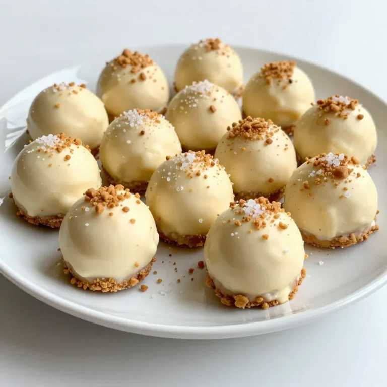 - 1 cup cream cheese - 1 cup Biscoff cookie spread - 1 cup powdered sugar - 1 cup crushed Biscoff cookies - 1 cup white chocolate chips - 2 tablespoons coconut oil - A pinch of salt - Additional crushed Biscoff cookies for rolling These ingredients make Biscoff cheesecake truffles a joy to create. The cream cheese gives a rich, smooth base. Biscoff cookie spread adds that unique caramel flavor. Powdered sugar sweetens the mix, while crushed Biscoff cookies provide crunch. White chocolate chips melt down beautifully for a lovely coating. Coconut oil helps the chocolate set nicely. A pinch of salt balances the sweetness. Lastly, rolling in crushed cookies adds extra texture. Each ingredient plays an important role. Together, they create a treat that is both simple and delightful. You can use these ingredients to impress your friends or family. Just gather them, and let’s get started on this fun recipe! {{ingredient_image_2}} First, you need a large mixing bowl. Add 1 cup of softened cream cheese and 1 cup of Biscoff cookie spread. Blend them together with an electric mixer on medium speed. Mix for about 2-3 minutes until smooth and creamy. Next, sift in 1 cup of powdered sugar and add a pinch of salt. Mix again until fully combined. This base will be rich and sweet. Now, it’s time to fold in the fun! Take 1 cup of crushed Biscoff cookies and gently fold them into your creamy base with a spatula. Make sure the crushed cookies are evenly mixed in. After that, use a cookie scoop or your hands to form small balls, each about 1 inch in size. Place these balls on a parchment-lined baking sheet, keeping them about an inch apart. When you're done, refrigerate the truffles for about 30 minutes. They need to firm up a bit. While the truffles chill, let’s prepare the coating. In a microwave-safe bowl, add 1 cup of white chocolate chips and 2 tablespoons of coconut oil. Heat this mixture in the microwave in 30-second intervals. Stir between each interval until fully melted and smooth, which takes about 1-2 minutes. Once melted, take the chilled truffles out of the fridge. Use a fork to dip each truffle into the melted chocolate. Let any extra chocolate drip off back into the bowl. Then, roll each truffle in additional crushed Biscoff cookies for a tasty finish. Place the coated truffles back on the parchment-lined sheet. Finally, return them to the fridge for another 15 minutes. This will help the chocolate set nicely. To get a smooth texture, let your cream cheese sit out. It should be at room temperature. Cold cream cheese won't mix well. Use an electric mixer to blend until creamy. I recommend using a cookie scoop for even truffles. This keeps them all the same size. It makes serving easier and looks nice too. You can enhance the taste with just a pinch of cinnamon. It adds warmth and depth. A drop of vanilla extract can also boost flavor. For a fun twist, drizzle more melted white chocolate on top before serving. This adds both sweetness and a pretty look. For serving, place the truffles on a nice platter. You can also arrange them in a decorative gift box. This makes a great gift for friends. To make them pop, sprinkle a tiny pinch of sea salt on top. It balances the sweetness well. Pro Tips Chill the Mixture: To make shaping the truffles easier, ensure the mixture is well-chilled before forming the balls. This will help them hold their shape better. Use Quality Chocolate: For the best flavor, opt for high-quality white chocolate. It makes a significant difference in the taste of your truffles. Experiment with Coatings: Don't just limit yourself to crushed Biscoff cookies. Try using crushed nuts, sprinkles, or cocoa powder for a different flavor profile. Store Properly: Keep the truffles in an airtight container in the refrigerator to maintain freshness and prevent them from becoming too soft. {{image_4}} You can switch things up with different spreads. Try Nutella instead of Biscoff. It gives a rich, chocolatey twist. You can also mix in flavor extracts. A drop of almond or orange extract can make your truffles pop with zest. Just remember, a little goes a long way! Want to make gluten-free Biscoff cheesecake truffles? Use gluten-free cookies for crushing. They work just as well. If you’re looking for vegan options, swap the cream cheese for a dairy-free alternative. Use a plant-based cookie spread too. These changes keep the taste while meeting dietary needs. Enjoy these treats without worries! To keep your Biscoff cheesecake truffles fresh, refrigerate them in an airtight container. This method helps maintain their creamy texture and rich flavor. If you want to enjoy them later, freezing is a great option. To freeze, place the truffles in a single layer on a baking sheet. Once frozen, transfer them to a freezer-safe bag or container. This way, they won’t stick together. These truffles last about 5 days in the fridge. If you freeze them, they can stay fresh for up to 3 months. Just make sure to label the container with the date, so you know when to enjoy them. Watch for any changes in smell or texture. If your truffles start to smell off or feel too soft, it’s best to toss them. A change in color can also be a sign they are no longer good. Always trust your senses to keep your treats safe! Yes, you can use regular cream cheese. It has a richer flavor and creamier texture. Low-fat cream cheese has less fat, making it lighter. This can change how the truffles feel. Regular cream cheese gives a smoother, denser bite. If you want a lighter truffle, go for low-fat. To melt white chocolate, use a microwave or stovetop. For the microwave, heat in 30-second bursts. Stir between each burst to avoid hot spots. Usually, it takes 1-2 minutes to fully melt. For stovetop, use a double boiler. Keep the heat low and stir until smooth. This method prevents burning. Yes, you can make these truffles ahead of time. After shaping, refrigerate them for up to 3 days. To store longer, freeze them. Place the truffles in an airtight container. They can last up to 3 months in the freezer. Just remember to thaw them in the fridge before serving. This blog post covered how to make Biscoff cheesecake truffles. You learned about the key ingredients, easy steps to create them, and helpful tips for success. Experiment with different flavors or dietary options to make it your own. Store your truffles correctly for lasting freshness. With these simple guidelines, you're ready to impress friends and family with delicious treats. Enjoy your sweet creations, and don’t hesitate to share your own variations!