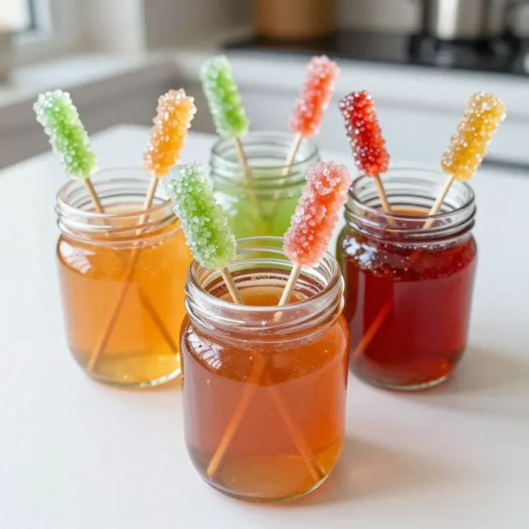 To make homemade rock candy, you need just a few simple ingredients. These ingredients will help you create the sweet crystal delights everyone loves. - 2 cups granulated sugar - 1 cup water - ½ teaspoon food coloring (your choice) - 1 teaspoon flavor extract (e.g., vanilla, peppermint) - Wooden skewers or string - Clean glass jars or containers Each ingredient plays a key role in forming those beautiful sugar crystals. The sugar provides the base, while the water helps dissolve it. The food coloring adds a fun twist to your candy. The flavor extract gives your candy its unique taste. You can use wooden skewers or string to help the crystals form. Finally, the clean jars hold your candy as it grows. {{ingredient_image_2}} To start, gather your ingredients. You need 2 cups of granulated sugar and 1 cup of water. 1. In a medium saucepan, mix the sugar and water. 2. Place the pan over medium heat. Stir gently until the sugar fully dissolves. 3. Once smooth, stop stirring and let it boil. Simmer for about 8-10 minutes. This thickens the syrup. 4. Remove the pan from heat. Add food coloring and your chosen flavor extract. Stir gently to combine everything well. Next, let the syrup cool for around 15 minutes. During this time, prepare your jars. - Clean them thoroughly. - Make sure they are completely dry. Once the syrup is cool, slowly pour it into each jar. Fill them about halfway. This leaves space for sugar crystals to form. Now, it's time to prepare your skewers. - Dip one end of each wooden skewer into the syrup. - Let a thick coating form. - Roll the coated end in granulated sugar. This helps kickstart the crystallization. Carefully insert the skewers into the jars. Ensure the sugared end is in the syrup but does not touch the bottom. If you use string, tie one end to a pencil. Balance the pencil across the jar top, letting the string hang down. Cover each jar with a cloth to keep dust away. Place them in a cool, undisturbed spot. Check back after 7-10 days. You will see beautiful sugar crystals forming! Once they look good to you, gently take out the skewer or string. Allow it to dry fully before serving. Enjoy your homemade rock candy! To make rock candy, you want to dissolve the sugar well. Here are some tips: - Use a medium saucepan for even heat. - Stir the sugar into the water slowly. - Keep stirring until the sugar fully dissolves. - Do not rush; let it come to a boil gently. - Avoid stirring once it starts to boil. This helps create a smooth syrup. If sugar remains, crystals may not form well. Flavor extracts make your rock candy unique. Here’s how to choose: - Start with one teaspoon of your favorite extract. - Common choices are vanilla, peppermint, or almond. - Use clear extracts for vibrant colors. - Experiment with combinations for fun flavors. - Try seasonal flavors like pumpkin spice or cherry for variety. Choosing the right extract enhances the taste and makes it special. Sometimes, things may not go as planned. Here are some tips to fix problems: - If crystals do not form, the syrup may be too hot. - Ensure your jars are clean and dry before pouring the syrup. - If the syrup becomes cloudy, it may have too much moisture. - Check the location where the jars sit; keep them still and cool. - If using string, make sure it’s not touching the jar's bottom. These tips can help you create perfect rock candy every time! Pro Tips Choose the Right Flavor: Opt for strong flavor extracts, as the sugar can mute the taste. Vanilla and peppermint are classic choices! Temperature Matters: Ensure your syrup reaches the correct temperature to create the perfect crystal structure. A candy thermometer can help achieve this. Cleanliness is Key: Make sure all your utensils and jars are thoroughly cleaned to prevent any unwanted bacteria that could disrupt crystallization. Patience Pays Off: Allow the crystals to form undisturbed for the best results. Avoid moving the jars during the crystallization process. {{image_4}} You can make rock candy in many fun flavors. Here are some ideas: - Vanilla: A classic choice. - Peppermint: Refreshing and cool. - Almond: Sweet and nutty. - Lemon: Bright and zesty. - Cinnamon: Warm and spicy. Mix and match flavors to create your own unique blend. Use one or two flavors for every batch. You can also add a few drops of extract for a stronger taste. Color makes rock candy even more fun! You can choose any color you like. Here are some popular options: - Red: Perfect for strawberry or cherry. - Blue: Great for blueberry or cotton candy. - Green: Ideal for lime or mint. - Yellow: Nice for lemon or banana. - Purple: Works well for grape or lavender. Feel free to blend colors for a rainbow effect. Just add a little more food coloring for brighter shades. How you show off your rock candy can make it special. Here are some ways to present it: - Use clear jars to show off the crystals. - Tie colorful ribbons around jars for a festive look. - Place pieces on a nice plate and add sprinkles for extra flair. - Wrap them in small bags for gifts. - Make a candy bouquet by sticking skewers in floral foam. Get creative and let your personality shine through in your presentation! To store your finished rock candy, place it in a clean glass jar. Make sure the jar is dry before putting the candy inside. Seal the jar tightly to keep out moisture and dust. If you want to share, you can also wrap the candy in plastic wrap or put it in small bags. Homemade rock candy lasts a long time. When stored properly, it can last for several months. However, for the best taste and texture, try to eat it within three months. Over time, it may lose its crunch and become chewy. Store your rock candy in a cool, dry place. Avoid direct sunlight and humidity, as they can affect the candy's texture. A pantry or cupboard works well. Keep the jars away from heat sources to ensure the candy stays fresh and crisp. Making rock candy takes about 10 days. You need this time for the sugar crystals to form. Start by preparing the syrup, which takes only 15 minutes. After pouring it into jars, wait patiently as the magic happens! Yes, you can use alternative sweeteners. However, the texture may change. Some sweeteners do not crystallize like sugar. Experiment with options like honey or agave syrup. Keep in mind that results may vary. If you don't have skewers, use string instead. Tie one end of the string to a pencil. Balance the pencil across the top of the jar. Let the other end hang into the syrup. This works well for growing crystals too! To prevent stickiness, let your candy dry fully after you remove it from the jar. Store it in a cool, dry place. If you see moisture, place it in a bowl of rice for a few hours. This helps absorb extra moisture. Rock candy is safe for young children to eat. However, be cautious of choking hazards. Always supervise them while enjoying this treat. Cut the candy into smaller pieces if needed. This way, everyone can enjoy it safely! Homemade rock candy is fun and easy to make. You need simple ingredients like sugar and water. Following the steps ensures perfect results. Tips help you avoid common mistakes, and variations let you get creative. Store your candy right for long-lasting enjoyment. With this guide, you can make tasty treats and impress loved ones. Enjoy the sweet rewards of your labor!