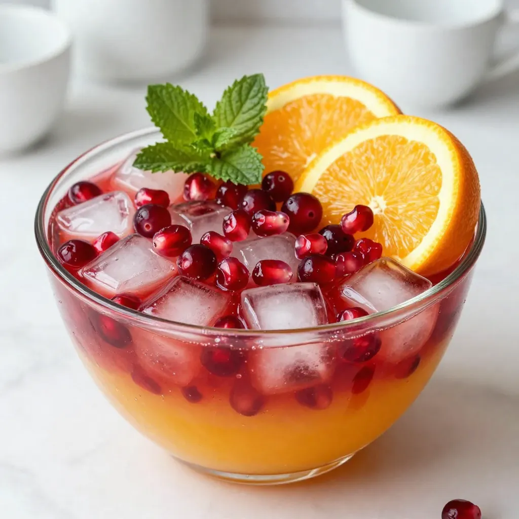 To make the perfect Christmas Morning Punch, gather these key ingredients: - 4 cups cranberry juice - 3 cups freshly squeezed orange juice - 1 cup apple cider - 1 cup sparkling water or refreshing lemon-lime soda - 1/2 cup pomegranate seeds - 1 ripe orange, sliced into elegant rounds - 1 cup whole fresh cranberries - A handful of fresh mint leaves for an aromatic garnish - Ice cubes These ingredients create a lovely blend of flavors that refresh and celebrate the season. I always recommend using freshly squeezed juice when you can. It tastes brighter and more lively. Fresh orange juice gives your punch a sweet and zesty kick. Bottled juices may work in a pinch, but they lack that fresh burst of flavor. Garnishes can elevate your drink. I love adding pomegranate seeds; they pop in your mouth and look stunning. Fresh mint adds a nice aroma and a touch of green. Slices of orange not only look pretty but also add flavor. These small touches make your punch feel special and festive. {{ingredient_image_2}} First, grab a big punch bowl. Pour in 4 cups of cranberry juice. Then add 3 cups of freshly squeezed orange juice. Next, mix in 1 cup of apple cider. Stir well until all the juices blend together. This mix gives your punch a rich flavor. Now it’s time for the fun part! Slowly pour in 1 cup of sparkling water or lemon-lime soda. Watch the bubbles rise as you add the soda. This fizzy touch makes the punch lively and festive. For a colorful twist, add 1/2 cup of pomegranate seeds. Slice 1 ripe orange into rounds and add those too. Toss in 1 cup of whole fresh cranberries for a pop of color. Let the punch sit for about 5-10 minutes. This rest lets the fruits share their flavors. When you’re ready, serve over ice cubes. Don’t forget to add fresh mint leaves on top for a lovely touch! Using fresh ingredients makes a big difference in your punch. Choose ripe oranges for juicy flavor. Fresh mint leaves add a nice aroma. You can also use seasonal fruits for a fun twist. Pomegranate seeds not only look pretty but add a sweet and tart taste. Always use freshly squeezed juice when possible. It brings out the best flavor. Start by mixing your juices in a large punch bowl. Stir well to blend all the flavors. Pour in your sparkling water gently. This keeps the bubbles alive. Add your fruit and let the punch sit for a few minutes. This helps the flavors mix well. Serve your punch in clear glasses to show off the colors. Always add ice just before serving. This keeps the punch cold without watering it down. You can prepare the juice mix a day before. Just store it in the fridge without the soda. Add the sparkling water on the day you serve it. This keeps the fizz fresh. You can slice your oranges and prepare mint ahead of time too. Just wait to add them until serving. This saves time and makes hosting easier. Pro Tips Use Fresh Juices: Always opt for freshly squeezed juices for the best flavor and nutritional benefits in your punch. Chill Ingredients: Make sure to chill all your ingredients beforehand to keep the punch refreshing and cold without needing too much ice. Adjust Sweetness: Taste your punch before serving and adjust the sweetness by adding more apple cider or a touch of honey if desired. Garnish Creatively: Experiment with different garnishes like citrus slices or edible flowers to enhance the visual appeal of your punch. {{image_4}} You can make Christmas Morning Punch even more festive by adding spirits. A splash of vodka or rum adds a nice kick. You can also try flavored schnapps, like peach or raspberry, for a fun twist. Start with one cup of your chosen spirit. Mix it well with the juices. Taste as you go to find your perfect balance. Switching up the fruits can bring new life to your punch. Swap out orange juice for grapefruit juice for a tangy bite. You could also add seasonal fruits like cranberries, pear slices, or even pomegranate juice. These fruits enhance flavor and add color. Just ensure they mix well with the base juices. Some guests may prefer their drinks sweeter or less sweet. If your punch is too sweet, add more sparkling water or lemon-lime soda. This will lighten the flavor while keeping the fizz. For a sweeter taste, try adding a touch of honey or agave syrup. Start with one tablespoon and stir well. Adjust until you reach your desired sweetness. Store any leftover punch in a clean pitcher. Cover it tightly with plastic wrap or a lid. Keep it in the fridge. This keeps the punch fresh for up to three days. If you notice any change in taste, it’s best to toss it. For next-day serving, take the punch out of the fridge. Stir it gently before serving. Add fresh ice cubes to keep it cold. You can also add more sparkling water or soda for extra fizz. Fresh mint leaves can give it a lovely touch again. Freezing fruit is a great way to save time. Slice oranges and freeze them in a single layer. You can freeze pomegranate seeds and cranberries too. Use these frozen fruits in your next punch. They keep the drink cold and add flavor as they thaw. Yes, you can make Christmas Morning Punch ahead of time. Prepare the juice base up to 24 hours in advance. Mix the cranberry juice, orange juice, and apple cider. Store it in the fridge. Add the sparkling water and fresh fruit just before serving. This keeps the fizz and freshness intact. If you need a substitute for orange juice, use grapefruit juice or apple juice. Grapefruit adds a tangy touch. Apple juice gives a sweeter flavor. You may also blend in some lemon juice for extra zest. Adjust the sweetness to your taste. Absolutely! Christmas Morning Punch is already a non-alcoholic drink. Just stick to the recipe as is. The mix of juices and soda creates a festive feel. You can add more sparkling water or soda for a bubbly touch. Enjoy this refreshing drink with everyone! This blog post covered everything you need for a great Christmas Morning Punch. We explored essential ingredients, mixing tips, and how to make it special with garnishes. You learned how to use fresh juices and add sparkle with soda. Consider the variations for taste, including alcoholic options. Remember, storing leftovers properly keeps the punch fresh for later. With these tips, you can make your holiday gathering memorable. Enjoy your punch and the festive cheer it brings!