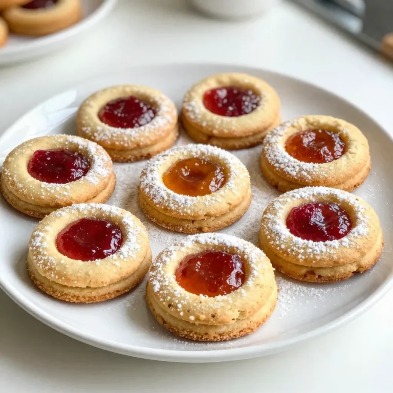 - 1 cup unsalted butter, softened - ¾ cup granulated sugar - 2 teaspoons pure vanilla extract - 2 cups all-purpose flour - ½ teaspoon fine sea salt - ½ teaspoon baking powder - ½ cup fruit jam (raspberry, apricot, or strawberry) - Optional: powdered sugar for dusting - Measuring cups and spoons - Mixing bowls - Hand mixer - Baking sheets - Parchment paper - Wire rack To make Butter Thumbprint Cookies, you need some key ingredients. First, unsalted butter must be softened. This butter helps to create a rich flavor. Sugar adds sweetness and helps with texture. You will need pure vanilla extract for that lovely aroma. All-purpose flour is essential for the cookie base. Fine sea salt enhances the sweet flavor. Baking powder helps the cookies rise and stay soft. Choose your favorite fruit jam. Raspberry, apricot, or strawberry works well. Lastly, if you want a touch of elegance, powdered sugar is optional for dusting. For tools, be sure to have measuring cups and spoons. Mixing bowls are a must for combining ingredients. A hand mixer saves time when creaming the butter and sugar. Use baking sheets lined with parchment paper. This prevents cookies from sticking. Finally, a wire rack is great for cooling the cookies after baking. With these ingredients and tools, you are ready to bake delightful Butter Thumbprint Cookies! {{ingredient_image_2}} - Preheat oven to 350°F (175°C). - Line baking sheets with parchment paper. Start by heating your oven. This ensures your cookies bake evenly. Lining the sheets with parchment paper helps prevent sticking. - Creaming butter and sugar. - Incorporating vanilla extract. - Combining dry ingredients and mixing. In a large bowl, mix softened butter and sugar. Use a hand mixer on medium speed for 2-3 minutes. The mix should be light and fluffy. Next, add the vanilla extract and blend it in well. In a separate bowl, whisk together the flour, baking powder, and salt. Slowly add this dry mix to the wet mix. Stir gently until just blended. Be careful not to overmix. This keeps your cookies soft and tender. - Rolling dough into balls. - Creating indents and filling with jam. - Baking time and doneness indicators. Scoop about 1 tablespoon of dough and roll it into a ball. Place these balls on the prepared sheets, spaced 2 inches apart. Press your thumb or the back of a spoon into the center of each ball to make an indent. Fill each indent with about ½ teaspoon of your favorite fruit jam. Make sure not to overfill; this will help keep the jam inside while baking. Now, place the baking sheets in the oven. Bake for 12-15 minutes. Look for lightly golden edges, while the centers should stay soft. Once done, let the cookies cool on the sheets for a few minutes. Then, move them to a wire rack to cool completely. If you want, dust cooled cookies with powdered sugar for an extra touch before serving. Room temperature butter is key for great cookies. When butter is soft, it mixes well with sugar. This helps create a light and fluffy dough. If the butter is cold, your cookies may turn out dense and tough. Avoid overmixing the dough. Once you add the dry ingredients, mix until just combined. Overmixing can make the cookies tough. We want tender cookies that melt in your mouth. Choosing the right jam can elevate your cookies. Raspberry, apricot, and strawberry all work well. Pick a jam that you love. A good jam adds both flavor and color to your cookies. When filling the cookies, use about a half teaspoon of jam. Be careful not to overfill. If you add too much jam, it may overflow while baking. A small amount is just right for a sweet surprise. Oven placement matters for even baking. Place your baking sheets in the center of the oven. This helps cookies bake evenly without burning the edges. Keep an eye on the cookie edges. They should turn a light golden color when done. The centers can stay soft. This is how you know your cookies are perfectly baked. Pro Tips Chill the Dough: For even more tender cookies, chill the dough for 30 minutes before baking. This helps to enhance the flavor and prevents the cookies from spreading too much in the oven. Use High-Quality Jam: The flavor of the jam will greatly affect your cookies. Opt for a high-quality, fruit-filled jam to ensure a delicious burst of flavor in each bite. Experiment with Flavors: Don’t hesitate to try different flavors of jam or even nut butters. Variations like chocolate hazelnut or lemon curd can add a unique twist to this classic recipe. Don’t Overbake: Keep a close eye on your cookies while baking. They should be just lightly golden on the edges and still soft in the center for the best texture. {{image_4}} You can use many jams for your cookies. Seasonal jams make great choices. Think of fresh fruit you love. Raspberry, apricot, or strawberry are classic picks. But don’t stop there! You can experiment with chocolate or nut butters too. Nut butters like almond or peanut add a creamy twist. Chocolate spreads can turn your cookies into a dessert dream. If you need gluten-free options, try gluten-free flour blends. They work well and keep your cookies tasty. For those avoiding dairy, vegan butter substitutes exist. Coconut oil or vegan margarine can replace butter nicely. You won’t lose flavor, and your cookies will still be soft. Want to spice things up? Add cinnamon or nutmeg for warmth. These spices create depth in flavor. You can also incorporate nuts or chocolate chips. Chopped walnuts or pecans add a nice crunch. Chocolate chips bring sweetness and richness. Both options elevate your cookie game to the next level! To keep your butter thumbprint cookies fresh, use an airtight container. Glass or plastic containers work well. Place parchment paper between layers if stacking. This helps prevent sticking. Store cookies at room temperature. They stay fresh for up to one week. You can freeze unbaked dough. Simply scoop and shape the dough into balls. Place them on a baking sheet and freeze until solid. Once frozen, transfer the balls to a zip-top bag. This way, you can bake fresh cookies anytime. After baking, let cookies cool completely. Then, place them in a freezer-safe container. They can stay in the freezer for up to three months. Just remember to label the container! To refresh cookies after storage, use the oven for the best results. Preheat your oven to 300°F (150°C). Place cookies on a baking sheet for about 5-10 minutes. This warms them without making them hard. You can also use a microwave. Heat cookies for 10-15 seconds. This method is quick but may make them a bit soft. Enjoy your cookies warm! You can use salted butter instead of unsalted butter. Just reduce the added salt by half. Another option is to use margarine. Keep in mind that margarine may change the flavor slightly, but it still works well. If you want a dairy-free option, try coconut oil. It gives a nice flavor and texture too. To check if the cookies are done, look for a light golden edge. The centers should feel soft but not doughy. You can gently press the edge with a finger; it should spring back. If it leaves a mark, bake for a minute or two more. Yes, you can use whole wheat flour for a healthier option. It will change the texture a bit, making it heartier. If you want gluten-free cookies, try almond flour or a gluten-free blend. Just make sure to adjust the amount of flour, as it may absorb moisture differently. Butter Thumbprint Cookies stay fresh for about a week at room temperature. Store them in an airtight container to keep them soft. If you want to keep them longer, freeze them. They can last for about three months in the freezer. Chilling the dough is not required, but it helps with shaping. If you find the dough too soft to handle, chill it for about 30 minutes. This makes it easier to roll into balls and helps the cookies hold their shape while baking. You now have a complete guide to making delicious Butter Thumbprint Cookies. We covered the required ingredients, essential tools, and the step-by-step process. Important tips and creative variations were also discussed to enhance your baking experience. Remember, the right texture and choosing the best jam make all the difference. Enjoy experimenting with flavors and sharing your treats with others. Happy baking!