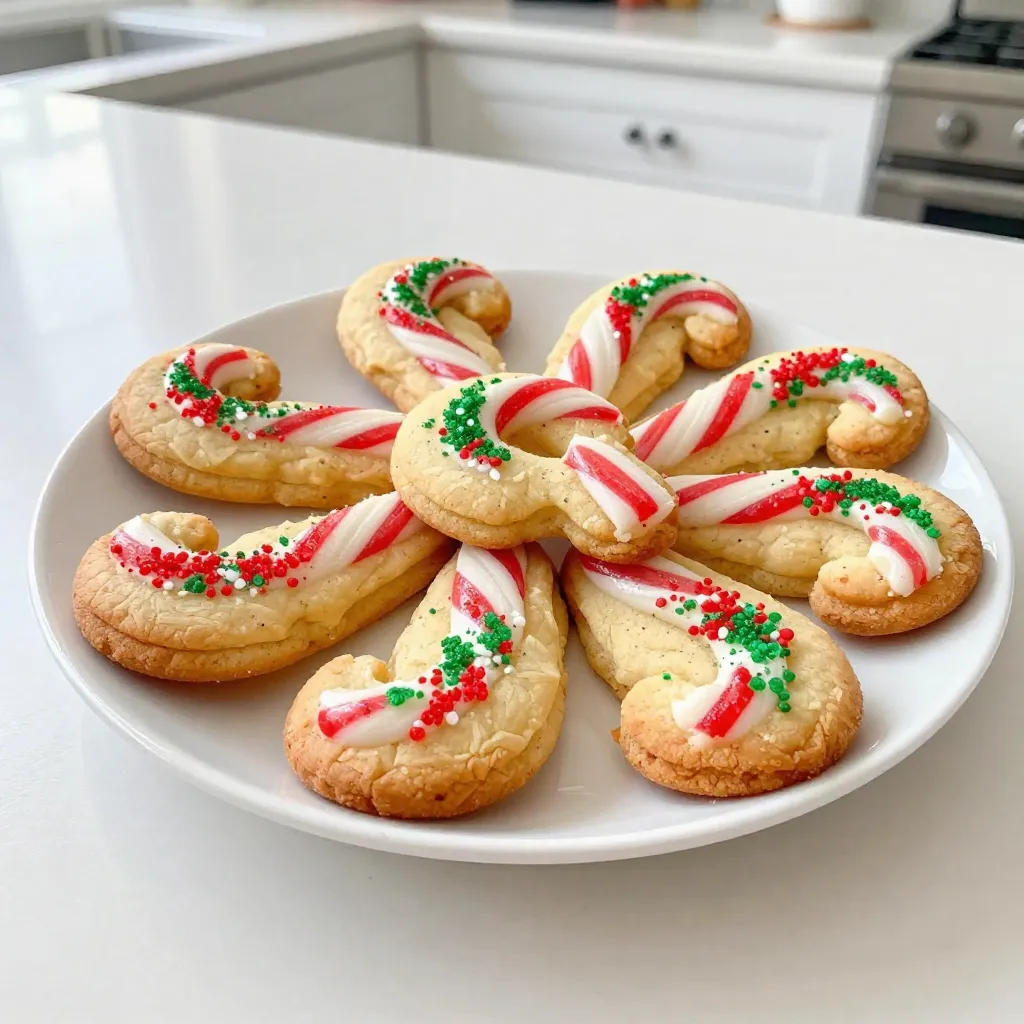 To make Magical Candy Cane Cookies, you need: - 1 cup unsalted butter, softened - 1 cup powdered sugar, sifted - 1 large egg, at room temperature - 1 teaspoon pure vanilla extract - 2 ½ cups all-purpose flour, spooned and leveled - 1 teaspoon baking powder - ½ teaspoon fine sea salt - 1 teaspoon peppermint extract - ½ cup crushed candy canes (plus extra for garnish) - Red and green sanding sugar for decoration If you have dietary needs, here are some swaps: - Use dairy-free butter for a vegan option. - Substitute the egg with a flax egg (1 tablespoon flaxseed meal + 2.5 tablespoons water). - Try gluten-free flour for a gluten-free version. Choose fresh, high-quality ingredients for the best flavor. - Look for unsalted butter that is creamy and soft. - Choose pure vanilla extract over imitation for richer taste. - Select bright red and green sanding sugar to make your cookies pop. - Crush candy canes just before use for maximum freshness. {{ingredient_image_2}} Start by preheating your oven to 350°F (175°C). This step warms up the oven for even baking. Next, take two baking sheets and line them with parchment paper. This paper helps cookies not stick and makes cleanup easy. In a large mixing bowl, put 1 cup of softened butter. Next, add 1 cup of sifted powdered sugar. Use an electric mixer on medium speed for 2 to 3 minutes. The mix should turn light and fluffy. Then, add 1 large egg and 1 teaspoon of pure vanilla extract. Keep mixing until creamy. In another bowl, whisk together 2 ½ cups of all-purpose flour, 1 teaspoon of baking powder, and ½ teaspoon of fine sea salt. This dry mix should blend well. Slowly add this to the wet mix. Use low speed to avoid overmixing. After combining, gently fold in 1 teaspoon of peppermint extract and ½ cup of crushed candy canes. Now it’s time to shape the cookies. Scoop out tablespoons of dough and roll them into small balls. Place each ball on the baking sheets, leaving about 2 inches of space. This space is key for spreading. Next, to make them festive, flatten each ball slightly. You can do this by pressing the bottom of a glass dipped in red or green sanding sugar onto each ball. This gives a nice sparkle. Once shaped, place the baking sheets in the oven. Bake for 10 to 12 minutes. Keep an eye on them; the edges should turn a light golden color. After baking, let the cookies cool on the sheets for about 5 minutes. Then, move them to a wire rack to cool completely. For an extra treat, sprinkle more crushed candy canes on top while they are warm. Enjoy your magical candy cane cookies! To keep your cookies soft, use room-temperature butter. This helps the butter blend well with the sugar. Mix the butter and sugar until light and fluffy. Avoid overmixing the dough after adding the flour. This keeps the cookies tender. Bake them just until the edges turn light golden. This ensures a soft center. Crushing candy canes can be fun! Place them in a zip-top bag. Use a rolling pin to gently crush them. Aim for small pieces, not dust. Large pieces give nice crunch in each bite. You can also use a food processor, but be careful. Pulsing too long turns them into powder. Save some crushed candy canes for topping the cookies. One big mistake is not measuring ingredients correctly. Use the spoon and level method for flour. This prevents adding too much flour. Another mistake is baking for too long. Always watch the cookies near the end of baking. If they spread too much, you might have added too much butter. Lastly, don’t skip letting the cookies cool before moving them. This helps them firm up and hold their shape. Pro Tips Chill the Dough: For even softer cookies, chill the dough for 30 minutes before baking. This helps prevent spreading and keeps them thick and chewy! Use Fresh Candy Canes: To ensure maximum flavor and crunch, use fresh crushed candy canes. Stale ones may lose their vibrant taste and texture. Experiment with Extracts: Try using different extracts, like almond or vanilla, in combination with peppermint for a unique flavor twist. Decorate While Warm: Add your extra crushed candy canes to the cookies immediately after they come out of the oven. The warmth will help them stick better! {{image_4}} You can mix things up with seasonal flavors. For chocolate peppermint cookies, swap half of the flour with cocoa powder. This gives a rich chocolate taste. Add crushed candy canes for that peppermint touch. You will love the blend of chocolate and mint. It’s a fun twist for holiday gatherings. Making these cookies gluten-free is simple. Use a 1:1 gluten-free flour blend instead of all-purpose flour. For vegan cookies, replace the egg with a flaxseed egg. Mix one tablespoon of ground flaxseed with three tablespoons of water. Let it sit for five minutes to thicken. It works perfectly in this recipe. Get creative with cookie decorating! Use white icing to drizzle over the cookies for a snowy look. You can also dip half of each cookie in melted chocolate. While the chocolate is still warm, sprinkle more crushed candy canes on top. It adds a pop of color and extra flavor. For a festive touch, use red and green sanding sugar. Let your imagination run wild! To keep your magical candy cane cookies fresh, store them in an airtight container. Make sure the cookies cool completely before you seal them. This will stop any moisture from making them soggy. You can separate layers with parchment paper to prevent sticking. Keep the container in a cool, dry place away from sunlight. When stored properly, these cookies stay fresh for about one week. If you want them to last longer, consider freezing them. The flavor and texture remain great if you follow the right steps. To freeze your cookies, place them in a single layer on a baking sheet first. Once they are frozen solid, transfer them to an airtight container. This helps keep their shape. They can last up to three months in the freezer. When you're ready to enjoy them, take out the desired amount and let them thaw at room temperature for about an hour. Enjoy the sweet taste of the holidays any time! Yes, you can use margarine instead of butter. The cookies may taste slightly different. Margarine has more water, which can change the cookie's texture. If you use margarine, make sure it is softened. This helps mix well with sugar. Experiment to find what you like best! You can prepare the dough ahead of time. After mixing, cover the bowl with plastic wrap. Chill the dough in the fridge for up to three days. When ready to bake, scoop and shape the cookies. You can also freeze the shaped dough balls. Just thaw them in the fridge before baking. If you don't have peppermint extract, use vanilla extract or almond extract. You can also try lemon or orange zest for a fresh twist. However, these flavors will change the cookie's taste. Adjust based on your preference and the holiday spirit! In this article, I shared essential tips for making perfect cookies. We covered ingredient choices, from quality selections to alternatives for special diets. I guided you through each baking step, ensuring you mix and shape cookies with ease. You learned tricks for soft textures and creative variations for every season. Finally, I highlighted storage tips to keep your cookies fresh. Follow this advice, and enjoy delightful treats that everyone will love. Happy baking!