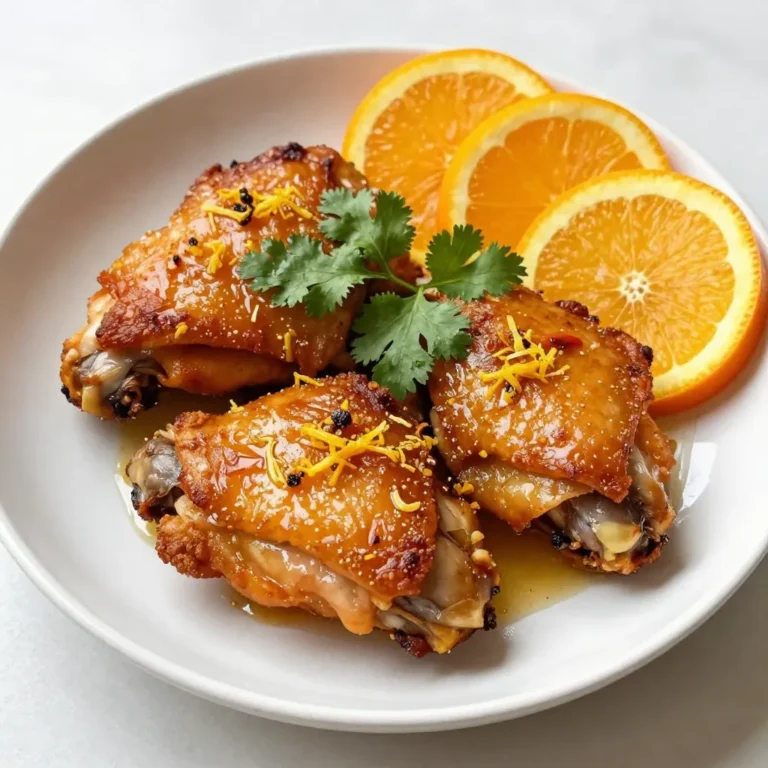 - 4 chicken thighs, skin-on and bone-in - 1 large orange, zested and juiced - 2 tablespoons honey - 2 tablespoons soy sauce - 1 tablespoon apple cider vinegar - 3 cloves garlic, minced - 1 inch fresh ginger, finely grated - 1 teaspoon five-spice powder (optional) - Sea salt and freshly ground black pepper - Fresh cilantro or parsley, chopped - Orange slices for garnish The ingredients for Sweet and Savory Roasted Orange Chicken come together beautifully. You need chicken thighs with skin and bone for the best flavor. The orange brings bright notes, while honey adds sweetness. Soy sauce gives a savory kick, and apple cider vinegar balances the dish. Garlic and ginger add depth to the marinade. Five-spice powder is optional but can add a unique twist. You can adjust the salt and pepper to fit your taste. For garnishing, fresh herbs like cilantro or parsley brighten the plate. Orange slices not only look good but also enhance the flavor. This mix of ingredients creates a delicious and colorful meal that impresses everyone. {{ingredient_image_2}} - Preheat the oven to 425°F (220°C). This step is key for crispy skin. - In a bowl, whisk together the marinade ingredients. Combine orange zest, juice, honey, soy sauce, vinegar, garlic, ginger, and olive oil. - Place the chicken in the marinade for at least 30 minutes. This helps the flavors soak in. - For the best taste, I recommend marinating for up to 4 hours. This enhances the flavor greatly. - After marinating, arrange the chicken in a pan, skin-side up. This helps it crisp up nicely. - Season the chicken with sea salt and black pepper. Baste it halfway through roasting to keep it juicy. Roast for 35-40 minutes until the internal temperature hits 165°F (75°C). Marinating the chicken is key. It helps infuse the flavors deep into the meat. I suggest marinating for at least 30 minutes. However, if you can, aim for 2 to 4 hours. This allows the orange juice and spices to work their magic. During cooking, basting helps, too. Use a spoon to drizzle the pan juices over the chicken halfway through roasting. This adds flavor and keeps the meat juicy. To get that crispy skin, start with a hot oven. Preheat it to 425°F (220°C) before cooking. This high heat helps the fat render out, creating a crunchy texture. Place the chicken skin-side up in the pan. Avoid covering it with foil; this traps moisture. Let the chicken roast until it reaches a golden brown color. The skin should crackle when you cut into it. Presentation matters! Serve the chicken on a bed of fluffy rice or beside vibrant steamed vegetables. Add orange slices around the dish for a pop of color. Fresh herbs like cilantro or parsley also brighten the plate. This makes your meal not only tasty but also beautiful to look at. Pro Tips Marination Time: For the best flavor, marinate the chicken thighs for at least 2 hours or overnight if you can. This allows the flavors to penetrate deeply into the meat. Crispier Skin: To achieve extra crispy skin, pat the chicken dry with paper towels before applying the marinade. This removes excess moisture and helps the skin crisp up in the oven. Adjust Sweetness: If you prefer a less sweet dish, reduce the amount of honey or substitute with a sugar-free alternative to maintain the balance of flavors without overpowering sweetness. Flavor Variations: Experiment with different citrus fruits like lemon or lime in place of orange for a refreshing twist, or add chili flakes for a spicy kick. {{image_4}} You can make this dish gluten-free by using coconut aminos instead of soy sauce. Coconut aminos has a similar taste but is safe for those avoiding gluten. If you prefer a different sweetener, try maple syrup instead of honey. This swap gives a unique flavor while keeping it sweet. Adding herbs or spices can change the taste of this dish. Try fresh thyme or rosemary for a fragrant twist. You can also switch up the citrus. Instead of orange, use lemons or limes for a zesty kick. Each option gives a fresh spin to the classic orange flavor. You have options for cooking this dish. Grilling the chicken adds a lovely smoky flavor. Just marinate as usual and grill on medium heat. Roasting gives you crispy skin and juicy meat. For a hands-off method, use a slow cooker. Cook on low for 6-8 hours for tender, flavorful chicken. To keep your roasted orange chicken fresh, store it right. Place it in an airtight container. Make sure it cools first to avoid steam. In the fridge, it stays good for around 3 to 4 days. Always check for any off smells before eating. If you want to freeze roasted chicken, wrap it tightly in plastic wrap. Then, put it in a freezer bag. This helps prevent freezer burn. It can last up to 3 months in the freezer. To reheat, let it thaw in the fridge overnight. Then, warm it in the oven to keep the skin crispy. Use leftover orange chicken in many ways. Shred it for salads or wraps. You can add it to rice bowls for a quick lunch. Mix it with veggies for a stir-fry. This way, you’ll enjoy a tasty meal without much effort. I recommend marinating the chicken for at least 30 minutes. This helps the flavors soak in. For the best taste, try to marinate it for up to 4 hours. The longer it sits, the more intense the flavor becomes. Yes, you can use chicken breast, but the taste and texture will differ. Chicken thighs are juicier and have more flavor due to their higher fat content. Breasts can dry out if not cooked carefully. If you choose breasts, watch the cooking time closely. Several sides pair well with roasted orange chicken. Here are some ideas: - Fluffy rice or quinoa to soak up the sauce. - Steamed vegetables like broccoli or green beans for a healthy crunch. - A fresh salad with citrus dressing to brighten the meal. - Mashed potatoes for a creamy contrast to the chicken. These sides balance the sweet and savory notes of the chicken. Enjoy mixing and matching! In this post, we explored the recipe for roasting orange chicken. We covered key ingredients like chicken thighs, marinade components, and seasoning. I shared step-by-step instructions for marinating and roasting, along with tips for flavor and crispiness. We also discussed variations and provided storage info for leftovers. By following these guidelines, you can elevate your meals with delicious orange chicken. Enjoy cooking and experimenting with flavors!
