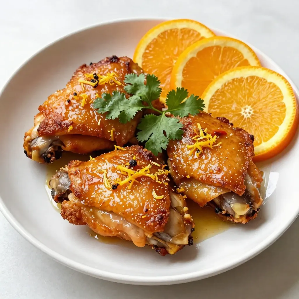 - 4 chicken thighs, skin-on and bone-in - 1 large orange, zested and juiced - 2 tablespoons honey - 2 tablespoons soy sauce - 1 tablespoon apple cider vinegar - 3 cloves garlic, minced - 1 inch fresh ginger, finely grated - 1 teaspoon five-spice powder (optional) - Sea salt and freshly ground black pepper - Fresh cilantro or parsley, chopped - Orange slices for garnish The ingredients for Sweet and Savory Roasted Orange Chicken come together beautifully. You need chicken thighs with skin and bone for the best flavor. The orange brings bright notes, while honey adds sweetness. Soy sauce gives a savory kick, and apple cider vinegar balances the dish. Garlic and ginger add depth to the marinade. Five-spice powder is optional but can add a unique twist. You can adjust the salt and pepper to fit your taste. For garnishing, fresh herbs like cilantro or parsley brighten the plate. Orange slices not only look good but also enhance the flavor. This mix of ingredients creates a delicious and colorful meal that impresses everyone. {{ingredient_image_2}} - Preheat the oven to 425°F (220°C). This step is key for crispy skin. - In a bowl, whisk together the marinade ingredients. Combine orange zest, juice, honey, soy sauce, vinegar, garlic, ginger, and olive oil. - Place the chicken in the marinade for at least 30 minutes. This helps the flavors soak in. - For the best taste, I recommend marinating for up to 4 hours. This enhances the flavor greatly. - After marinating, arrange the chicken in a pan, skin-side up. This helps it crisp up nicely. - Season the chicken with sea salt and black pepper. Baste it halfway through roasting to keep it juicy. Roast for 35-40 minutes until the internal temperature hits 165°F (75°C). Marinating the chicken is key. It helps infuse the flavors deep into the meat. I suggest marinating for at least 30 minutes. However, if you can, aim for 2 to 4 hours. This allows the orange juice and spices to work their magic. During cooking, basting helps, too. Use a spoon to drizzle the pan juices over the chicken halfway through roasting. This adds flavor and keeps the meat juicy. To get that crispy skin, start with a hot oven. Preheat it to 425°F (220°C) before cooking. This high heat helps the fat render out, creating a crunchy texture. Place the chicken skin-side up in the pan. Avoid covering it with foil; this traps moisture. Let the chicken roast until it reaches a golden brown color. The skin should crackle when you cut into it. Presentation matters! Serve the chicken on a bed of fluffy rice or beside vibrant steamed vegetables. Add orange slices around the dish for a pop of color. Fresh herbs like cilantro or parsley also brighten the plate. This makes your meal not only tasty but also beautiful to look at. Pro Tips Marination Time: For the best flavor, marinate the chicken thighs for at least 2 hours or overnight if you can. This allows the flavors to penetrate deeply into the meat. Crispier Skin: To achieve extra crispy skin, pat the chicken dry with paper towels before applying the marinade. This removes excess moisture and helps the skin crisp up in the oven. Adjust Sweetness: If you prefer a less sweet dish, reduce the amount of honey or substitute with a sugar-free alternative to maintain the balance of flavors without overpowering sweetness. Flavor Variations: Experiment with different citrus fruits like lemon or lime in place of orange for a refreshing twist, or add chili flakes for a spicy kick. {{image_4}} You can make this dish gluten-free by using coconut aminos instead of soy sauce. Coconut aminos has a similar taste but is safe for those avoiding gluten. If you prefer a different sweetener, try maple syrup instead of honey. This swap gives a unique flavor while keeping it sweet. Adding herbs or spices can change the taste of this dish. Try fresh thyme or rosemary for a fragrant twist. You can also switch up the citrus. Instead of orange, use lemons or limes for a zesty kick. Each option gives a fresh spin to the classic orange flavor. You have options for cooking this dish. Grilling the chicken adds a lovely smoky flavor. Just marinate as usual and grill on medium heat. Roasting gives you crispy skin and juicy meat. For a hands-off method, use a slow cooker. Cook on low for 6-8 hours for tender, flavorful chicken. To keep your roasted orange chicken fresh, store it right. Place it in an airtight container. Make sure it cools first to avoid steam. In the fridge, it stays good for around 3 to 4 days. Always check for any off smells before eating. If you want to freeze roasted chicken, wrap it tightly in plastic wrap. Then, put it in a freezer bag. This helps prevent freezer burn. It can last up to 3 months in the freezer. To reheat, let it thaw in the fridge overnight. Then, warm it in the oven to keep the skin crispy. Use leftover orange chicken in many ways. Shred it for salads or wraps. You can add it to rice bowls for a quick lunch. Mix it with veggies for a stir-fry. This way, you’ll enjoy a tasty meal without much effort. I recommend marinating the chicken for at least 30 minutes. This helps the flavors soak in. For the best taste, try to marinate it for up to 4 hours. The longer it sits, the more intense the flavor becomes. Yes, you can use chicken breast, but the taste and texture will differ. Chicken thighs are juicier and have more flavor due to their higher fat content. Breasts can dry out if not cooked carefully. If you choose breasts, watch the cooking time closely. Several sides pair well with roasted orange chicken. Here are some ideas: - Fluffy rice or quinoa to soak up the sauce. - Steamed vegetables like broccoli or green beans for a healthy crunch. - A fresh salad with citrus dressing to brighten the meal. - Mashed potatoes for a creamy contrast to the chicken. These sides balance the sweet and savory notes of the chicken. Enjoy mixing and matching! In this post, we explored the recipe for roasting orange chicken. We covered key ingredients like chicken thighs, marinade components, and seasoning. I shared step-by-step instructions for marinating and roasting, along with tips for flavor and crispiness. We also discussed variations and provided storage info for leftovers. By following these guidelines, you can elevate your meals with delicious orange chicken. Enjoy cooking and experimenting with flavors!
