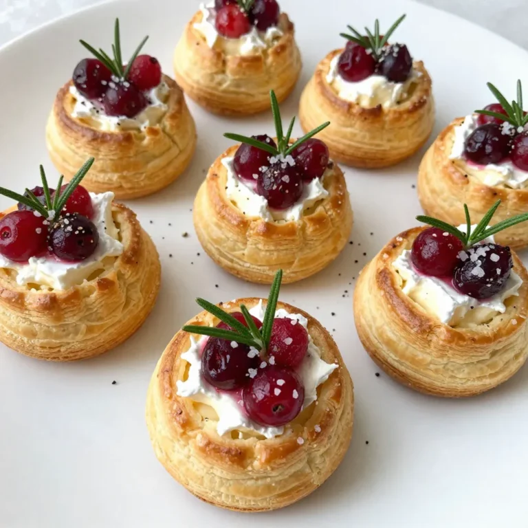 To make Mini Cranberry Brie Bites, you need: - 1 sheet of puff pastry, thawed - 8 ounces Brie cheese, cut into small cubes - 1/2 cup cranberry sauce (homemade or store-bought) - 1 tablespoon fresh rosemary, finely chopped - 1 egg, beaten (for egg wash) - Sea salt, for sprinkling - Freshly cracked black pepper, for seasoning When choosing cranberry sauce, I recommend a few brands for the best flavor: - Ocean Spray: A classic choice with a balanced taste. - Trader Joe's: Known for its high-quality ingredients. - Homemade: Making your own sauce adds a personal touch. Just cook fresh cranberries with sugar and water. Fresh herbs can enhance the flavor of your bites. I suggest using: - Rosemary: It pairs well with Brie and cranberry. - Thyme: Offers a subtle earthiness. - Sage: Adds a warm and slightly peppery flavor. If you don’t have fresh herbs, you can use dried ones. Just use half the amount. This will still add great taste to your Mini Cranberry Brie Bites! {{ingredient_image_2}} Start by preheating your oven to 375°F (190°C). This step helps the bites cook evenly. Line a baking sheet with parchment paper. This prevents any sticking during baking. Next, take your thawed puff pastry. On a lightly floured surface, roll it out gently. This removes any creases and makes it easier to cut. Use a sharp knife or pizza cutter to slice the pastry into 3-inch squares. Now, take one square of puff pastry and place it on the baking sheet. Press it gently in the center. On top, add a small cube of Brie cheese. Then, spoon a teaspoon of cranberry sauce over the cheese. It should sit snugly. For extra flavor, sprinkle a bit of finely chopped fresh rosemary on top of the sauce. Carefully fold the corners of the pastry square over the filling. Pinch the edges together to form little bundles. This seals in all the deliciousness. To get a lovely golden color, brush the tops of the bundles with the beaten egg wash. This gives them a nice shine. Sprinkle sea salt and cracked black pepper on top to boost the taste. Place the baking sheet in the preheated oven. Bake for 15-20 minutes. Keep an eye on them to avoid over-baking. When they are puffed and golden brown, remove them from the oven. Let them cool for a few minutes before serving. This allows the flavors to settle, making each bite even better. To get that perfect flaky puff pastry, keep it cold. Cold pastry puffs better in the oven. Roll it out gently on a floured surface. Avoid overworking the dough to keep layers intact. Chilling the pastry again for a few minutes before baking can help too. This small step makes a big difference. If you have leftovers, store them in an airtight container in the fridge. They will last for about three days. To reheat, place them in an oven preheated to 350°F (175°C) for about 10 minutes. This keeps the pastry crispy while warming the filling. Avoid the microwave, as it can make them soggy. You can easily boost the flavor of your bites. Try adding a touch of honey over the cranberry sauce for sweetness. A sprinkle of crushed red pepper can add a nice kick. For a savory twist, consider adding chopped walnuts or pecans. They give a great crunch and depth to each bite. Pro Tips Chill the Brie: For easier cutting, chill the Brie cheese in the refrigerator for about 30 minutes before preparing. This will help it hold its shape better when you cube it. Use Fresh Ingredients: Fresh rosemary enhances the flavor profile of the bites. If possible, opt for homemade cranberry sauce for a more vibrant taste. Don’t Overfill: Be cautious not to overfill the pastry bundles. Keeping the filling modest allows the pastry to puff up nicely and ensures even cooking. Watch the Baking Time: Every oven is different; keep a close eye on the bites after 15 minutes. Remove them once they are golden brown to avoid burning. {{image_4}} You can use many kinds of cheese for your bites. Brie is creamy and mild, but try goat cheese for tanginess. Cheddar adds a sharp flavor and melts well. Cream cheese gives a rich texture. Each cheese changes the taste, making your bites unique. Cranberry sauce is great, but don't stop there! You can use raspberry or cherry jam for a sweet twist. Fig jam offers a lovely sweetness and pairs well with cheese. Applesauce gives a fresh taste that complements the cheese nicely. Experiment with your favorite flavors! Want to add some crunch? Try adding chopped nuts like walnuts or pecans. They bring a nice texture to each bite. You can also add thin slices of cooked spinach or roasted red peppers for a veggie boost. This makes your bites even more delicious and fun! Store leftover Mini Cranberry Brie Bites in an airtight container. They stay fresh for about three days in the fridge. Before storing, let them cool completely. This keeps them from getting soggy. When you want to eat them, just take them out of the fridge. You can freeze Mini Cranberry Brie Bites for up to three months. First, wrap each bite in plastic wrap. Then, place them in a freezer bag. This helps keep them safe from freezer burn. When you're ready to enjoy them, let them thaw in the fridge overnight. To reheat the bites, preheat your oven to 350°F (175°C). Place the bites on a baking sheet. Heat them for about 10-15 minutes or until warm. This keeps the pastry flaky and the cheese gooey. Avoid using the microwave, as it can make the pastry soggy. Yes, you can prepare Mini Cranberry Brie Bites ahead of time. You can assemble them and place them on a baking sheet. Cover them tightly with plastic wrap and store them in the fridge. Bake them just before serving for the best taste. This method saves time and keeps them fresh. Cranberry Brie Bites pair well with many items. Here are some great options: - Fresh fruit, like grapes or apple slices - A variety of crackers - Nuts, such as walnuts or pecans - A side of extra cranberry sauce for dipping These sides add texture and flavor, making your snack spread more exciting. If stored correctly, Mini Cranberry Brie Bites can last about 3-4 days in the fridge. Make sure to keep them in an airtight container. When you're ready to enjoy them again, you can reheat them in the oven. This helps restore their delicious texture and flavor. This blog post covered how to make Mini Cranberry Brie Bites. We explored key ingredients, brands you can trust, and fresh herbs you can try. You learned step-by-step instructions for preparation, assembly, and baking. I shared tips for flaky pastry, storing leftovers, and adding flavor. We also discussed variations like different cheeses, fruit flavors, and even vegetables. With these insights, you'll create tasty bites that impress. Enjoy making them and sharing with others!
