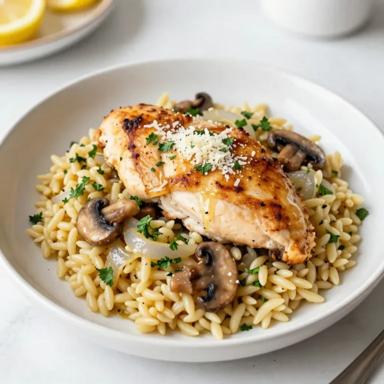- 2 boneless, skinless chicken breasts - 1 cup orzo pasta - 2 cups chicken broth - 1 medium onion, finely chopped - 3 cloves garlic, minced - 1 cup mushrooms, sliced - 1 tablespoon fresh parsley, chopped - 1 tablespoon fresh oregano, chopped - 1 tablespoon olive oil - 1 tablespoon lemon juice - Zest of 1 lemon When making Marsala Chicken Orzo, I focus on fresh, quality ingredients. The star of this dish is the chicken. I prefer boneless, skinless chicken breasts for a tender bite. They soak up flavors well and cook quickly. Next, I use orzo pasta, which adds a nice texture. It cooks fast and pairs perfectly with the chicken. Chicken broth brings richness to the dish. Always use low-sodium broth to control the saltiness. For the aromatics, I chop a medium onion, mince three garlic cloves, and slice one cup of mushrooms. These ingredients create a lovely base of flavor. Fresh herbs like parsley and oregano enhance the dish's aroma and taste. Lastly, I add olive oil, lemon juice, and lemon zest for a bright finish. The lemon cuts through the richness and adds a refreshing touch. - Salt and pepper to taste - Freshly grated Parmesan cheese Seasoning is key. I use salt and pepper to make the flavors pop. A sprinkle of freshly grated Parmesan cheese at the end adds a creamy, savory depth. It’s the perfect finishing touch! {{ingredient_image_2}} - First, season the chicken breasts with salt, pepper, and half of the lemon zest. - In a large skillet, heat olive oil over medium heat until it shimmers. - Carefully add the seasoned chicken breasts to the skillet. - Cook for about 5-6 minutes on each side. Ensure the chicken is golden brown. - Check that the chicken reaches an internal temperature of 165°F. - Once cooked, remove the chicken from the skillet and set it aside. - Without cleaning the skillet, add the finely chopped onion. - Cook the onion for 3-4 minutes until it becomes translucent and fragrant. - Next, add the minced garlic and sliced mushrooms to the skillet. - Stir occasionally and cook for about 5 minutes until the mushrooms soften. - Sprinkle the orzo pasta into the skillet, mixing well with the onions and mushrooms. - Toast the orzo for about 2 minutes by stirring continuously. - Slowly pour in the chicken broth while stirring to combine. - Season with salt and pepper to taste. Bring the mixture to a gentle boil. - Reduce the heat immediately to a simmer. - Return the cooked chicken breasts to the skillet, placing them in the orzo mixture. - Cover the skillet with a lid and let it simmer for 10-12 minutes. - Cook until the orzo is al dente and absorbs most of the broth. - After cooking, remove the lid and stir in the lemon juice and remaining zest. - Add the chopped parsley and oregano, mixing gently to blend flavors. - Serve hot, topped with freshly grated Parmesan cheese for a delicious finish. - Ensuring chicken is cooked through To make sure your chicken is fully cooked, use a meat thermometer. The chicken should reach an internal temperature of 165°F (75°C). This keeps it safe to eat and moist. After cooking, let the chicken rest for a few minutes. This helps the juices stay inside. - Perfectly toasting the orzo When toasting orzo, stir it often. This helps each piece get a nice, golden color. Toast for about two minutes. The heat brings out a nutty flavor that makes your dish taste amazing. - Adding additional herbs or spices Fresh herbs like thyme or basil can really boost flavor. You can also try spices like smoked paprika or red pepper flakes. These add a unique twist and a bit of heat. - Alternatives for chicken broth If you want a different taste, use vegetable broth instead. It works well and keeps the meal light. You can also use homemade stock if you have it. This gives a rich flavor that’s hard to beat. Pro Tips Use Fresh Herbs: Fresh herbs like parsley and oregano elevate the flavor of this dish. If possible, use them instead of dried for a brighter taste. Perfectly Cooked Orzo: Stir the orzo frequently while it simmers to prevent it from sticking and ensure even cooking. Rest Your Chicken: Allowing the chicken to rest after cooking helps retain its juices, resulting in a more succulent and flavorful dish. Adjust Lemon to Taste: If you love lemon, feel free to add extra zest or juice to enhance the citrus flavor to your liking. {{image_4}} You can change the protein in Marsala Chicken Orzo easily. Try using turkey instead of chicken for a leaner option. Shrimp also works well, adding a sweet and tender bite. If you need a gluten-free choice, swap out traditional orzo with gluten-free orzo or rice. Both options still soak up the flavors nicely. Herbs can elevate the taste of this dish. Try using thyme or basil instead of oregano. Each herb brings its unique flavor, making the meal special. Adding vegetables can also enhance the dish. Spinach is a great option; it wilts quickly and adds color. Bell peppers add sweetness and crunch, making each bite fun and exciting. To keep your Marsala Chicken Orzo fresh, store leftovers in an airtight container. Place the dish in the refrigerator as soon as it cools. This helps keep harmful bacteria away. You can store it for up to three days. Reheat the dish gently to keep its taste and texture. Use a stovetop for best results. Just place it in a skillet with a splash of chicken broth. Stir it often until it’s hot. If you use a microwave, heat in short bursts. Stir between each burst for even warming. Cooking Marsala Chicken Orzo takes about 40 minutes in total. This includes 10 minutes for prep and 30 minutes for cooking. You will enjoy a hearty meal in no time! Yes, you can make this dish ahead of time. Just cook it, let it cool, and store it in the fridge. It stays fresh for up to three days. When you are ready to eat, heat it gently on the stove or in the microwave. Marsala Chicken Orzo is tasty on its own. However, you can serve it with a simple salad or garlic bread. A light vegetable side dish works well too. This adds color and nutrients to your meal. Absolutely! To make a vegetarian version, replace the chicken with mushrooms or tofu. Use vegetable broth instead of chicken broth. You can still enjoy the great flavors while keeping it meat-free. In this blog post, we explored a tasty Marsala Chicken Orzo recipe. You learned about the key ingredients, from chicken to herbs, and how to cook each part. I shared tips for perfecting the recipe and ways to customize it to fit your taste. Cooking can be fun and rewarding. This dish brings flavor and warmth to any meal. Enjoy trying different variations or sharing with friends. Happy cooking!