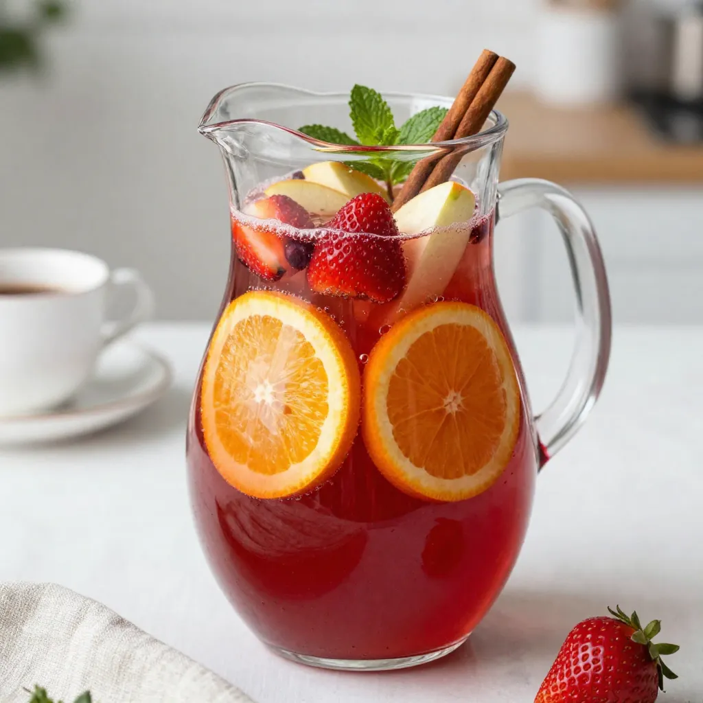 To make a delightful non-alcoholic Christmas sangria, gather these main ingredients: - 2 cups cranberry juice - 1 cup fresh orange juice - 1 cup sparkling water or soda - 1 cup ripe strawberries, sliced - 1 cup crisp apples, diced - 1 cup juicy oranges, sliced - 1 aromatic cinnamon stick These fruits and juices combine to create a vibrant drink. The cranberry juice gives a rich color and tart taste. Orange juice adds brightness. Bubbles from soda or sparkling water make it festive. You can adjust the sweetness of your sangria with these optional sweeteners: - 1 tablespoon honey - 1 tablespoon maple syrup Add these sweeteners to taste. Start with a little and mix well. Taste as you go to find the right balance for your drink. Garnishing makes your sangria look pretty and inviting. Use: - A handful of fresh mint leaves These mint leaves add a splash of color and a fresh scent. When you serve the sangria, tuck a few leaves into each glass. It makes your drink look special and adds a hint of flavor. {{ingredient_image_2}} Start by pouring 2 cups of cranberry juice into a large pitcher. Next, add 1 cup of fresh orange juice. Stir the juices together with a spoon. Make sure they blend well. This mix forms the base of your sangria. The tartness of cranberry and the sweetness of orange create a nice balance. Now it’s time to add fruits. Carefully slice 1 cup of ripe strawberries. Dice 1 cup of crisp apples. Slice 1 cup of juicy oranges. Add all these fruits into the pitcher. Spread them evenly in the juice mixture. The fruits not only taste great but also look colorful. They’ll soak up the juice and flavor the drink. To give extra warmth, add an aromatic cinnamon stick. Stir the mixture gently. This will help release the cinnamon's rich flavor. If you want a little sweetness, stir in 1 tablespoon of honey or maple syrup. Taste as you go to find the right sweet level for you. Cover the pitcher and chill in the fridge for at least 2 hours. This helps all the flavors blend together perfectly. When you’re ready to serve, add 1 cup of sparkling water or soda. Pour this in just before serving to keep the fizz fresh. Enjoy your festive drink with ice and fresh mint leaves for a lovely finish! To make your Non Alcoholic Christmas Sangria shine, start with fresh juices. Use pure cranberry juice and fresh orange juice for the best taste. This mix builds a strong flavor base. Add your fruits early. Let them sit in the juice for at least two hours. This time allows the fruits to share their flavors. Don't rush this step! The longer they sit, the better the taste. Taste your sangria as you mix. If it's too tart, add honey or maple syrup. Start with a little. You can always add more later. Stir well after adding any sweetener. This ensures an even taste. Remember, sweetness should balance the tartness. Everyone's taste is different, so adjust to your liking. Serve your sangria cold. Pour it over ice in glasses for a refreshing drink. Add fresh mint leaves for a colorful touch. They also add a nice aroma. For a fun twist, use festive glasses or add a splash of sparkling water just before serving. This gives it a nice fizz. Enjoy the cheers and smiles your drink brings! Pro Tips Chill Your Ingredients: For a refreshing sangria, make sure your juices and fruits are well chilled before mixing. This helps maintain the drink's temperature and enhances the overall experience. Use Seasonal Fruits: Feel free to swap in other seasonal fruits like pears or pomegranates for added flavor and variety, making your sangria even more festive! Let It Rest: Allowing the sangria to sit for longer than 2 hours will deepen the flavors. If time permits, let it rest overnight for an even more pronounced taste. Experiment with Herbs: Besides mint, try adding a sprig of rosemary or thyme for a unique twist that complements the fruit and spices in your sangria. {{image_4}} You can change the fruit in your sangria. Try using ripe pears or sweet berries. These fruits add a fun twist. You can even mix in pomegranate seeds for a pop of color. Just remember, keeping the flavors balanced is key. Use fruits that are in season for the best taste. Spices can change the whole feel of your drink. Instead of only cinnamon, add nutmeg or cloves. A dash of ginger gives a warm kick. You can also try a splash of vanilla for a sweet touch. Just a little spice goes a long way. Feel free to experiment with what you have! If you prefer a less sweet drink, skip the honey or syrup. Use more citrus juice to brighten the flavor. You can also add a splash of lemon or lime juice for extra zing. This creates a crisp and refreshing taste. Remember, the fruits will still give some natural sweetness. To store leftover sangria, pour it into a clean pitcher or jar. Make sure to seal it well with a lid. This keeps the flavors fresh and prevents spills. Avoid leaving it in the original pitcher, as the fruit can spoil quickly. Always refrigerate sangria right after making it. The cold helps keep the fruit fresh and the flavors bright. If you plan to drink it later, do not add the sparkling water or soda until you serve it. This keeps the fizz from going flat. Leftover sangria will stay fresh for about three days in the fridge. After that, the fruit may begin to break down and lose flavor. Make sure to check for any changes in smell or taste before serving. If it seems off, it's best to toss it. Yes, you can make this sangria a day early. Just mix the juices and fruits. Let it chill in the fridge for at least two hours. The longer it sits, the better the flavors blend. Just add the fizz right before serving. This way, it stays fresh and bubbly! Absolutely! This drink is perfect for kids. It has no alcohol, so everyone can enjoy it. The fruity flavors are fun and tasty. Kids love the bright colors and sweet taste. It's a great drink for family gatherings. To make your sangria fizzier, use more sparkling water or soda. Pour it in just before serving. You can also try adding flavored sparkling drinks. Ginger ale or lemon-lime soda can boost the bubbles. Just remember to mix gently to keep the fizz! In this blog post, we explored how to make a tasty non-alcoholic Christmas sangria. We covered main and optional ingredients, step-by-step instructions, and some helpful tips. You learned how to infuse flavors and adjust sweetness. We also shared safe storage tips and answered common questions. Enjoy creating your festive drink with family and friends. You can make it your own with different fruits and spices. A delicious sangria can bring joy to any gathering. Have fun experimenting!