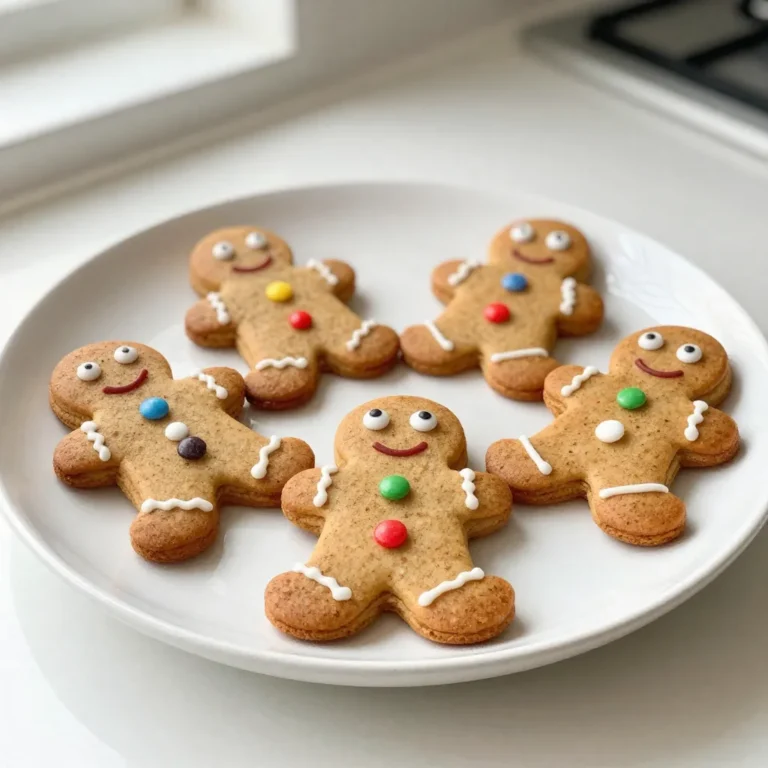 To make soft gingerbread man cookies, you need the following items: - 3 cups all-purpose flour - 1 teaspoon baking soda - 2 teaspoons ground ginger - 1 tablespoon ground cinnamon - 1 teaspoon ground cloves - ½ teaspoon salt - ¾ cup unsalted butter, softened - ¾ cup packed brown sugar - ¼ cup molasses - 1 large egg - 1 teaspoon vanilla extract These ingredients blend to create a rich, spiced dough. The butter and brown sugar add sweetness and softness. The molasses gives that classic gingerbread taste. For decoration, you can use: - Royal icing - Colorful sprinkles - Candy eyes These add a fun and festive look to your cookies. Let your creativity shine here! If you need alternatives, consider these: - Use honey instead of molasses for a lighter flavor. - Swap out unsalted butter with coconut oil for a dairy-free option. - You can replace all-purpose flour with a gluten-free blend if needed. These swaps let you tailor the recipe to your taste and needs. Always test small batches to find the best combination for you. {{ingredient_image_2}} Start by gathering your ingredients. You will need: - 3 cups all-purpose flour - 1 teaspoon baking soda - 2 teaspoons ground ginger - 1 tablespoon ground cinnamon - 1 teaspoon ground cloves - ½ teaspoon salt - ¾ cup unsalted butter, softened - ¾ cup packed brown sugar - ¼ cup molasses - 1 large egg - 1 teaspoon vanilla extract In a medium bowl, mix the flour, baking soda, ginger, cinnamon, cloves, and salt. Whisk these dry ingredients until well blended. Set this bowl aside. In a large bowl, cream the softened butter and brown sugar. Use an electric mixer on medium speed. Mix for about 2-3 minutes until it looks light and fluffy. Next, add the molasses, egg, and vanilla. Beat this mixture until smooth and well combined. Gradually add the dry mix to the wet mix. Stir on low speed until the dough starts to form. If it gets too thick, don’t hesitate to use your hands to knead it gently. Once the dough is ready, divide it into two equal parts. Wrap each part in plastic wrap. Now, place the dough in the refrigerator for at least 2 hours. Chilling the dough helps the flavors come together. It also makes it easier to roll out later. For the best result, consider chilling it overnight. Preheat your oven to 350°F (175°C). Line two baking sheets with parchment paper. On a floured surface, take one portion of the chilled dough. Roll it out to about ¼ inch thick. Use cookie cutters to cut out shapes, like gingerbread men, and place them on the lined sheets. Bake the cookies for 10-12 minutes. They should be firm at the edges but soft in the middle. Let them cool on the sheets for a few minutes before moving to a wire rack. Once the cookies are cool, it’s time to decorate! Use royal icing, colorful sprinkles, and candy eyes to bring your gingerbread men to life. Let your creativity shine here. Allow the icing to set completely for the best look before serving. Arrange your cookies on a festive platter. Adding fairy lights or seasonal decor can make your presentation even better. Enjoy the holiday spirit! To get soft gingerbread cookies, chill the dough for at least two hours. This step keeps the cookies from spreading too much while baking. Always roll the dough to about ¼ inch thick. This thickness helps them stay soft and chewy. One mistake is skipping the chilling step. Without chilling, the cookies may turn out flat and hard. Another mistake is overbaking them. Keep an eye on the cookies and take them out when the edges are firm but the centers are still soft. For this recipe, use a good mixing bowl and electric mixer. These tools help mix the butter and sugar well. A rolling pin is great for rolling out the dough. Cookie cutters in fun shapes make for exciting designs. Lastly, have parchment paper ready for easy cleanup when baking. Pro Tips Chill the Dough: Chilling the dough for at least 2 hours helps develop the flavors and makes it easier to roll out and cut into shapes. Use Parchment Paper: Line your baking sheets with parchment paper to prevent sticking and make cleanup easier. Watch the Baking Time: Keep an eye on the cookies as they bake; they should be firm at the edges but soft in the center when you take them out. Experiment with Decorations: Feel free to get creative with your decorations! Use different colors of icing and various toppings to make your cookies festive and fun. {{image_4}} You can make these cookies healthier with some easy swaps. Instead of all-purpose flour, try whole wheat flour. This adds fiber and nutrients. You can also use coconut sugar instead of brown sugar. It has a lower glycemic index. For a dairy-free option, use vegan butter or coconut oil. If you want to skip the egg, try using a flax egg. Mix one tablespoon of flaxseed meal with three tablespoons of water. Let it sit until it thickens. You can play with flavors in your gingerbread cookies. Here are some ideas: - Add citrus zest: Use orange or lemon zest to brighten the flavors. - Spice it up: Add a pinch of cayenne pepper for a kick. - Chocolate twist: Mix in cocoa powder for a chocolate gingerbread cookie. - Nutty flavors: Fold in chopped nuts or almond extract for depth. - Maple sweetness: Replace molasses with maple syrup for a unique taste. These tweaks keep the spirit of gingerbread but add fun twists. Decorating gingerbread cookies can be a joyful experience. Here are some fun ideas to inspire you: - Classic faces: Use royal icing to create smiling faces on gingerbread men. - Holiday themes: Decorate cookies with candy canes or Christmas trees. - Animal shapes: Use different cookie cutters to make animals and decorate them accordingly. - Edible glitter: Add edible glitter to your cookies for a festive sparkle. - Personalized touches: Write names or messages on cookies with icing. Let your creativity shine! These ideas make your cookies unique and fun for all ages. To keep your soft gingerbread cookies fresh, store them in an airtight container. This prevents air from making them dry. Place a piece of bread in the container for extra moisture. The cookies will stay soft and tasty for days. You can freeze these cookies for future enjoyment. First, let the cookies cool completely. Then, wrap each cookie in plastic wrap. Place them in a freezer bag or container. They can last up to three months in the freezer. When you're ready to eat them, just thaw them at room temperature. Keep your cookies away from heat and sunlight. Store them in a cool, dark place. If you have decorated cookies, let the icing dry fully before stacking them. This avoids smudges. To keep flavors bright, try not to mix different cookie types in one container. Yes, you can make these cookies ahead of time. I recommend preparing the dough and chilling it in the fridge. This chilling time helps the flavors blend well. You can store the wrapped dough in the fridge for up to a week. When you're ready to bake, just roll out the chilled dough and cut it into shapes. If you don't have molasses, you can use honey or maple syrup. Both options add sweetness and a lovely flavor. The cookies will still turn out soft and tasty. Just keep in mind that the taste might change slightly, but it will still be delicious! You'll know the cookies are done when the edges feel firm. The center may look soft but will firm up as they cool. Bake them for about 10-12 minutes at 350°F (175°C). Keep an eye on them to avoid overbaking. Trust me; the perfect soft gingerbread man cookie is worth the wait! Soft gingerbread cookies are fun and easy to make. We covered essential ingredients, preparations, and decorating. You learned tips for the right texture and common mistakes to avoid. We also explored variations and storage methods to keep your cookies fresh. With these steps, you can bake delicious gingerbread cookies for any occasion. Enjoy this festive treat!