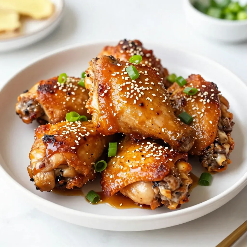 - 4 bone-in, skin-on chicken thighs - 1/4 cup soy sauce - 3 tablespoons honey - 4 cloves garlic, finely minced - 1 tablespoon fresh ginger, grated - 1 tablespoon sesame oil - 1 teaspoon freshly ground black pepper - 1 tablespoon green onions, finely chopped (for garnish) - A sprinkle of sesame seeds (for garnish) For this dish, I use bone-in, skin-on chicken thighs. They stay juicy and have great flavor. The marinade adds a sweet and savory taste. You will need soy sauce, which gives a salty kick. Honey adds sweetness, balancing the flavors. I use garlic and ginger for a fragrant aroma. Next, we have sesame oil. This oil adds a nutty flavor that enhances the dish. I also include black pepper for a bit of heat. To finish, I garnish with green onions and sesame seeds. They add color and a fresh taste. This combination of ingredients makes the chicken thighs truly delicious. When you gather these ingredients, make sure they are fresh. Quality ingredients make a huge difference. So, let’s get cooking! {{ingredient_image_2}} To start, mix the marinade ingredients in a medium bowl. You will need soy sauce, honey, minced garlic, grated ginger, sesame oil, and black pepper. Whisk these together until they blend well. This step is key. Blending the flavors creates a rich, tasty base for the chicken. Each ingredient adds its own special kick. Next, it’s time to marinate the chicken. Place the chicken thighs into a resealable plastic bag or a shallow dish. Pour the marinade over the chicken. Make sure each piece gets coated well. Seal the bag or cover the dish tightly. Refrigerate for at least 30 minutes, but if you have time, let it sit for up to 2 hours. This soaking time helps the chicken soak up all the great flavors. Before you cook, preheat your air fryer to 380°F (190°C). About 5 minutes is enough time. A hot air fryer helps the chicken cook evenly. Once preheated, take the chicken out of the marinade. Let any extra marinade drip off. Discard the leftover marinade to keep it safe. Place the chicken thighs skin-side up in the air fryer basket. Make sure they are in a single layer. Cook the chicken for 25-30 minutes. Flip them halfway through to ensure they get crispy on both sides. Check that the skin is golden and the chicken reaches an internal temperature of 165°F (74°C). To get that perfect crispiness, flip the chicken halfway through cooking. This helps both sides cook evenly. Keep an eye on the internal temperature. It should reach 165°F (74°C) to ensure it's safe to eat. Using a meat thermometer can help you check this easily. You can add more spices to boost the taste. Try adding chili flakes for heat or smoked paprika for a richer flavor. If you need to adjust for dietary needs, swap soy sauce for tamari for a gluten-free option. You can also use agave nectar instead of honey for a vegan twist. Serve the chicken on a large platter to impress your guests. Garnish with extra green onions and sesame seeds for a pop of color. Pair with steamed rice or a fresh salad to complete the meal. A colorful side dish makes your plate look more appealing and tasty. Pro Tips Marination Time: For the best flavor, marinate the chicken thighs for at least 2 hours. If time allows, overnight marination will yield even richer results. Temperature Check: Always use a meat thermometer to ensure your chicken reaches an internal temperature of 165°F (74°C) for safe consumption. Optimal Air Frying: Avoid overcrowding the air fryer basket to allow hot air circulation, which ensures crispier skin and even cooking. Resting Period: Let the chicken rest for about 5 minutes after cooking. This helps retain the juices, making the meat more tender and flavorful. {{image_4}} You can use boneless chicken thighs or even chicken breasts. Boneless thighs stay juicy, while breasts cook faster. For a burst of flavor, try adding citrus like lime or lemon. The acidity in citrus brightens the dish and balances the soy sauce. You can explore different sauces and seasonings for your marinade. Try teriyaki sauce for a sweet twist or add chili paste for heat. Homemade marinades are easy to make. Combine soy sauce, olive oil, and your favorite herbs. This lets you customize the taste to your liking. Oven-baking is a great alternative to air frying. Preheat your oven to 400°F (200°C). Bake the chicken thighs for about 35-40 minutes. You’ll get crispy skin and juicy meat. For a smoky flavor, grilling is another option. Grill the chicken thighs over medium-high heat, turning them until cooked through. This gives a nice char and a delicious taste. Keep your leftover chicken thighs safe and tasty. I recommend using airtight containers. Glass containers work well, as do sturdy plastic ones. Make sure to let the chicken cool first. Seal the container tightly to lock in moisture and flavor. Store in the fridge. Try to eat the leftovers within three days for the best taste. Reheat chicken thighs while keeping them juicy. One good way is to use your air fryer. Set it to 350°F (175°C). Place the chicken inside for about 5 to 7 minutes. This method keeps the skin crispy. You can also use the microwave, but it may make the skin soft. If you choose this method, cover the chicken with a damp paper towel. This adds moisture and helps it heat evenly. Freezing is a great way to save extra chicken thighs. First, let the chicken cool completely. Wrap each piece in plastic wrap. Then, place them in a freezer-safe bag or container. Remove as much air as possible. This helps prevent freezer burn. When ready to eat, thaw in the fridge overnight. You can also cook them from frozen, but add extra cooking time in the air fryer. Check that the internal temperature reaches 165°F (74°C) for safety. I recommend marinating chicken thighs for at least 30 minutes. This time allows the meat to soak in the soy garlic flavors. For even better taste, try marinating for up to 2 hours. The longer you marinate, the richer the flavor. Just don’t exceed 24 hours, as it can make the meat mushy. The safe internal temperature for chicken is 165°F (74°C). Use a meat thermometer to check this. Insert it into the thickest part of the thigh. This ensures the chicken is fully cooked and safe to eat. Cooking it to this temperature keeps it juicy and tender. Yes, you can use chicken breasts. However, they cook faster than thighs. If using breasts, reduce the cooking time by about 5-10 minutes. Also, thighs are more forgiving. They stay juicy even if cooked a bit longer. Breasts may dry out if overcooked. Soy garlic chicken pairs great with many sides. Here are a few ideas: - Steamed rice - Stir-fried vegetables - A fresh green salad - Garlic mashed potatoes These sides complement the savory flavors of the chicken and make for a balanced meal. This post covered all you need for tasty soy garlic chicken thighs. We discussed essential ingredients, marinating tips, and cooking steps for perfect results. You learned how to store leftovers and even explore variations. Remember, great cooking is about trying new things and having fun. Enjoy making this dish your own, and don’t hesitate to get creative in the kitchen!