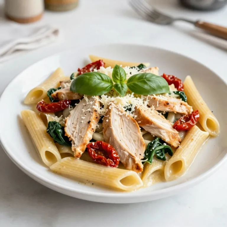 For Marry Me Chicken Pasta, you need: - 2 boneless, skinless chicken breasts - 2 cups penne pasta - 1 tablespoon olive oil - 3 cloves garlic, minced - 1 cup heavy cream - 1 cup sun-dried tomatoes, finely chopped - 1 cup fresh baby spinach - 1/2 cup freshly grated Parmesan cheese - 1 teaspoon Italian seasoning - Salt and freshly ground black pepper to taste - Fresh basil leaves, for garnish These ingredients create a rich and flavorful dish. The chicken adds protein, while the pasta serves as a hearty base. The sun-dried tomatoes and spinach add color and nutrients. You also need some common pantry items: - Olive oil - Salt - Black pepper - Italian seasoning Having these staples on hand makes cooking easier. You can find them in most kitchens. They enhance the dish without extra fuss. To make the dish even better, consider these garnishes: - Fresh basil leaves - Extra grated Parmesan cheese - Crushed red pepper flakes (for heat) These add-ons can boost flavor and make your plate look stunning. Feel free to mix and match based on your taste. Enjoy getting creative with your Marry Me Chicken Pasta! {{ingredient_image_2}} First, grab a large pot. Fill it with water and add salt. Bring the water to a boil. Once it boils, add 2 cups of penne pasta. Cook the pasta as the package says, usually about 9 to 11 minutes. You want it al dente, which means it’s firm but cooked. When done, drain the pasta in a colander and set it aside. While the pasta cooks, take 2 boneless, skinless chicken breasts and season them. Use salt, black pepper, and 1 teaspoon of Italian seasoning. Rub this mixture on both sides of the chicken. Next, heat 1 tablespoon of olive oil in a large skillet over medium heat. Once the oil is hot, carefully add the chicken. Cook each side for about 6 to 7 minutes. You want the chicken to turn golden brown and fully cooked. Use a meat thermometer to check it reaches 165°F (75°C). After cooking, place the chicken on a cutting board. Let it rest for a few minutes before slicing it into strips. In the same skillet, add 3 cloves of minced garlic. Sauté it for about 30 seconds. Stir it often, but don’t let it brown. Carefully pour in 1 cup of heavy cream. Stir well to mix it with the garlic. Then add 1 cup of chopped sun-dried tomatoes and 1 cup of fresh baby spinach. Cook this mixture for about 3 to 4 minutes. Stir occasionally until the spinach wilts and the sauce thickens slightly. Once thickened, stir in 1/2 cup of grated Parmesan cheese. Mix until the cheese melts smoothly. Taste the sauce and add more salt or pepper if needed. Finally, add the sliced chicken and the drained penne pasta to the skillet. Toss everything gently until the pasta is well-coated in the creamy sauce. To cook chicken just right, start with good seasoning. Use salt, black pepper, and Italian seasoning. This makes the chicken tasty. Heat olive oil in a skillet over medium heat. Once hot, add the chicken breasts. Cook each side for about 6-7 minutes. They should turn golden brown. Use a meat thermometer to check if they are done. The chicken must reach 165°F (75°C). Once cooked, let it rest. This helps keep it juicy. To make a creamy sauce, use heavy cream. After cooking garlic in the same skillet, pour in the cream. Stir it well with the garlic. Add sun-dried tomatoes and spinach next. Cook this mix for about 3-4 minutes. Keep stirring until the spinach wilts. Then, add grated Parmesan cheese. This cheese will melt smoothly, making the sauce rich. If the sauce is too thick, add a little pasta water. This keeps it creamy and easy to coat the pasta. Serve your Marry Me Chicken Pasta hot. Garnish it with fresh basil leaves. This adds a nice touch and flavor. You can pair it with a simple salad for a fresh side. Garlic bread also goes well to soak up the sauce. Enjoy the dish with family or friends for a special meal. Each bite is sure to impress! Pro Tips Use Fresh Ingredients: For the best flavor, opt for fresh garlic and high-quality sun-dried tomatoes. Fresh ingredients make a noticeable difference in the final dish. Don’t Overcook the Chicken: To keep your chicken juicy, remove it from the skillet as soon as it reaches 165°F (75°C). Letting it rest before slicing will help retain its moisture. Customize the Sauce: Feel free to add other vegetables like bell peppers or mushrooms to the sauce for additional flavor and texture. Perfect Pasta Texture: Make sure to cook the penne al dente. It will continue to cook slightly when mixed with the sauce, so a firmer texture is ideal. {{image_4}} You can swap the chicken for many options. Try using turkey breast for a leaner choice. Pork chops also work well for a different flavor. If you want to go lighter, choose tofu. Slice it thin and season it like the chicken. Cook it the same way, and it will soak up all the great flavors. For a veggie delight, skip the meat. Use a mix of mushrooms for a hearty texture. Baby bellas or shiitakes add depth. You can also use chickpeas for protein. Cook them in the same way you would the chicken. The creamy sauce pairs perfectly with these options, making it rich and filling. You can add more colors and flavors using various vegetables. Try bell peppers for sweetness or zucchini for a fresh crunch. Broccoli or asparagus can add a nice bite. Just cook them in the sauce until tender. Toss them in the pasta at the end. This keeps your dish vibrant and tasty. To store leftovers, let the dish cool first. Place it in an airtight container. Keep it in the fridge for up to three days. This keeps the flavors fresh and safe. Reheat leftovers on the stove for best taste. Add a splash of cream if it looks dry. Stir gently over medium heat until warm. You can also use a microwave. Heat in short bursts, stirring in between. You can freeze Marry Me Chicken Pasta for longer storage. First, let it cool completely. Then, place it in a freezer-safe container. It will last for up to three months in the freezer. When ready to eat, thaw it in the fridge overnight before reheating. "Marry Me" Chicken Pasta is a fun name. It suggests that this dish is so good, it might win over someone’s heart. Many people find this dish full of rich flavors. The creamy sauce, chicken, and sun-dried tomatoes create a great mix. It’s perfect for a special dinner or a cozy night in. Yes, you can use different pasta shapes. While penne is great, you can try rotini, fusilli, or even spaghetti. Each pasta will change the texture but keep the taste. Just be sure to cook it according to the package directions. This keeps the pasta tender and ready to soak up the sauce. To make this dish healthier, you can use whole grain pasta. This adds fiber and makes the meal more filling. You can also use less heavy cream and replace it with low-fat milk or Greek yogurt. Adding more vegetables, like bell peppers or zucchini, boosts the nutrients. Finally, consider using less cheese or a lighter version. Marry Me Chicken Pasta is a blend of tasty flavors and easy steps. We explored key ingredients, handy cooking tips, and helpful storage methods. You can also adapt this dish to fit your needs with substitutions or vegetarian options. Remember, cooking is about having fun and experimenting. Enjoy every bite of this dish as you share it with loved ones. Your kitchen adventure with Marry Me Chicken Pasta will surely impress!