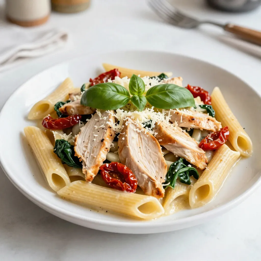 For Marry Me Chicken Pasta, you need: - 2 boneless, skinless chicken breasts - 2 cups penne pasta - 1 tablespoon olive oil - 3 cloves garlic, minced - 1 cup heavy cream - 1 cup sun-dried tomatoes, finely chopped - 1 cup fresh baby spinach - 1/2 cup freshly grated Parmesan cheese - 1 teaspoon Italian seasoning - Salt and freshly ground black pepper to taste - Fresh basil leaves, for garnish These ingredients create a rich and flavorful dish. The chicken adds protein, while the pasta serves as a hearty base. The sun-dried tomatoes and spinach add color and nutrients. You also need some common pantry items: - Olive oil - Salt - Black pepper - Italian seasoning Having these staples on hand makes cooking easier. You can find them in most kitchens. They enhance the dish without extra fuss. To make the dish even better, consider these garnishes: - Fresh basil leaves - Extra grated Parmesan cheese - Crushed red pepper flakes (for heat) These add-ons can boost flavor and make your plate look stunning. Feel free to mix and match based on your taste. Enjoy getting creative with your Marry Me Chicken Pasta! {{ingredient_image_2}} First, grab a large pot. Fill it with water and add salt. Bring the water to a boil. Once it boils, add 2 cups of penne pasta. Cook the pasta as the package says, usually about 9 to 11 minutes. You want it al dente, which means it’s firm but cooked. When done, drain the pasta in a colander and set it aside. While the pasta cooks, take 2 boneless, skinless chicken breasts and season them. Use salt, black pepper, and 1 teaspoon of Italian seasoning. Rub this mixture on both sides of the chicken. Next, heat 1 tablespoon of olive oil in a large skillet over medium heat. Once the oil is hot, carefully add the chicken. Cook each side for about 6 to 7 minutes. You want the chicken to turn golden brown and fully cooked. Use a meat thermometer to check it reaches 165°F (75°C). After cooking, place the chicken on a cutting board. Let it rest for a few minutes before slicing it into strips. In the same skillet, add 3 cloves of minced garlic. Sauté it for about 30 seconds. Stir it often, but don’t let it brown. Carefully pour in 1 cup of heavy cream. Stir well to mix it with the garlic. Then add 1 cup of chopped sun-dried tomatoes and 1 cup of fresh baby spinach. Cook this mixture for about 3 to 4 minutes. Stir occasionally until the spinach wilts and the sauce thickens slightly. Once thickened, stir in 1/2 cup of grated Parmesan cheese. Mix until the cheese melts smoothly. Taste the sauce and add more salt or pepper if needed. Finally, add the sliced chicken and the drained penne pasta to the skillet. Toss everything gently until the pasta is well-coated in the creamy sauce. To cook chicken just right, start with good seasoning. Use salt, black pepper, and Italian seasoning. This makes the chicken tasty. Heat olive oil in a skillet over medium heat. Once hot, add the chicken breasts. Cook each side for about 6-7 minutes. They should turn golden brown. Use a meat thermometer to check if they are done. The chicken must reach 165°F (75°C). Once cooked, let it rest. This helps keep it juicy. To make a creamy sauce, use heavy cream. After cooking garlic in the same skillet, pour in the cream. Stir it well with the garlic. Add sun-dried tomatoes and spinach next. Cook this mix for about 3-4 minutes. Keep stirring until the spinach wilts. Then, add grated Parmesan cheese. This cheese will melt smoothly, making the sauce rich. If the sauce is too thick, add a little pasta water. This keeps it creamy and easy to coat the pasta. Serve your Marry Me Chicken Pasta hot. Garnish it with fresh basil leaves. This adds a nice touch and flavor. You can pair it with a simple salad for a fresh side. Garlic bread also goes well to soak up the sauce. Enjoy the dish with family or friends for a special meal. Each bite is sure to impress! Pro Tips Use Fresh Ingredients: For the best flavor, opt for fresh garlic and high-quality sun-dried tomatoes. Fresh ingredients make a noticeable difference in the final dish. Don’t Overcook the Chicken: To keep your chicken juicy, remove it from the skillet as soon as it reaches 165°F (75°C). Letting it rest before slicing will help retain its moisture. Customize the Sauce: Feel free to add other vegetables like bell peppers or mushrooms to the sauce for additional flavor and texture. Perfect Pasta Texture: Make sure to cook the penne al dente. It will continue to cook slightly when mixed with the sauce, so a firmer texture is ideal. {{image_4}} You can swap the chicken for many options. Try using turkey breast for a leaner choice. Pork chops also work well for a different flavor. If you want to go lighter, choose tofu. Slice it thin and season it like the chicken. Cook it the same way, and it will soak up all the great flavors. For a veggie delight, skip the meat. Use a mix of mushrooms for a hearty texture. Baby bellas or shiitakes add depth. You can also use chickpeas for protein. Cook them in the same way you would the chicken. The creamy sauce pairs perfectly with these options, making it rich and filling. You can add more colors and flavors using various vegetables. Try bell peppers for sweetness or zucchini for a fresh crunch. Broccoli or asparagus can add a nice bite. Just cook them in the sauce until tender. Toss them in the pasta at the end. This keeps your dish vibrant and tasty. To store leftovers, let the dish cool first. Place it in an airtight container. Keep it in the fridge for up to three days. This keeps the flavors fresh and safe. Reheat leftovers on the stove for best taste. Add a splash of cream if it looks dry. Stir gently over medium heat until warm. You can also use a microwave. Heat in short bursts, stirring in between. You can freeze Marry Me Chicken Pasta for longer storage. First, let it cool completely. Then, place it in a freezer-safe container. It will last for up to three months in the freezer. When ready to eat, thaw it in the fridge overnight before reheating. "Marry Me" Chicken Pasta is a fun name. It suggests that this dish is so good, it might win over someone’s heart. Many people find this dish full of rich flavors. The creamy sauce, chicken, and sun-dried tomatoes create a great mix. It’s perfect for a special dinner or a cozy night in. Yes, you can use different pasta shapes. While penne is great, you can try rotini, fusilli, or even spaghetti. Each pasta will change the texture but keep the taste. Just be sure to cook it according to the package directions. This keeps the pasta tender and ready to soak up the sauce. To make this dish healthier, you can use whole grain pasta. This adds fiber and makes the meal more filling. You can also use less heavy cream and replace it with low-fat milk or Greek yogurt. Adding more vegetables, like bell peppers or zucchini, boosts the nutrients. Finally, consider using less cheese or a lighter version. Marry Me Chicken Pasta is a blend of tasty flavors and easy steps. We explored key ingredients, handy cooking tips, and helpful storage methods. You can also adapt this dish to fit your needs with substitutions or vegetarian options. Remember, cooking is about having fun and experimenting. Enjoy every bite of this dish as you share it with loved ones. Your kitchen adventure with Marry Me Chicken Pasta will surely impress!