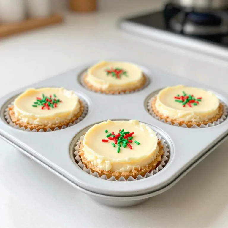 To make Mini Christmas Cheesecakes, gather these ingredients: - 1 cup graham cracker crumbs - 1/4 cup unsalted butter, melted - 2 tablespoons granulated sugar - 16 oz cream cheese, softened - 1/2 cup powdered sugar - 1 teaspoon pure vanilla extract - 2 large eggs - 1/2 teaspoon ground cinnamon - 1/4 teaspoon ground nutmeg - 1/4 cup sour cream - Red and green sprinkles for decoration You can swap some ingredients if you need to. For graham cracker crumbs, try crushed cookies or nuts. Use coconut oil instead of unsalted butter for a dairy-free option. If you want less sugar, use a low-calorie sweetener like stevia. You can replace cream cheese with a dairy-free cream cheese for a vegan version. For sour cream, Greek yogurt works well and adds a nice tang. I trust a few brands for quality. For graham crackers, Nabisco is a classic choice. Use Land O’Lakes unsalted butter for rich flavor. Philadelphia is my go-to for cream cheese; it always blends smoothly. For powdered sugar, look for Domino or C&H. When it comes to vanilla extract, pure is best; I prefer Nielsen-Massey for its strong flavor. Choose McCormick spices for the best ground cinnamon and nutmeg. {{ingredient_image_2}} First, preheat your oven to 325°F (160°C). This helps the cheesecakes bake evenly. Next, line a muffin tin with paper liners. This prevents the cheesecakes from sticking. In a medium bowl, mix the graham cracker crumbs, melted butter, and granulated sugar. Stir until it looks like wet sand. This mixture will form the crust. Now, take about 1 tablespoon of the crust mixture and place it into each muffin liner. Press it down firmly with your fingers or a spoon. This creates a solid base for your cheesecakes. Bake the crusts in the oven for 5 minutes. Once done, remove them and let them cool slightly. In a large bowl, use an electric mixer to beat the softened cream cheese. Beat it until smooth and creamy, about 2 minutes. Then, gradually add the powdered sugar. Mix until there are no lumps. After that, add the vanilla extract, eggs, ground cinnamon, and ground nutmeg. Mix on low speed until just blended. Next, fold in the sour cream gently with a spatula. This keeps the batter light and airy. Carefully pour the cheesecake batter into the cooled crusts. Fill each one about 3/4 full to allow space for rising. Bake in the oven for 20-25 minutes. The edges should be set, while the centers still jiggle slightly. After baking, remove the muffin tin from the oven. Let the cheesecakes cool completely in the tin. This step is important for texture. Once they reach room temperature, transfer them to the refrigerator. Chill for at least 2 hours, or overnight if you can wait. This helps the cheesecakes set properly. Before serving, sprinkle festive red and green decorations on top. This adds a joyful touch to your mini cheesecakes. Enjoy these delightful treats with family and friends! To make a great cheesecake, focus on the cream cheese. It must be soft and at room temperature. This helps it mix smoothly. Use an electric mixer for the best results. Beat it until creamy, about two minutes. Incorporate the powdered sugar slowly. This keeps lumps away. Mix just enough to blend in the eggs and spices. Overmixing can lead to a dense texture. Aim for a light and fluffy filling. Cracks can happen when cheesecakes bake too long. Keep an eye on the time. Bake until the edges set, but the center still jiggles a bit. This jiggle means it will firm up as it cools. Another tip is to chill your cheesecakes slowly. After baking, let them cool in the tin. Then, move them to the fridge. This helps avoid sudden temperature changes that cause cracks. Decorating these mini cheesecakes is fun and festive! Use red and green sprinkles for a cheerful touch. You can also add fresh berries on top. Whipped cream adds a nice flair too. For extra holiday cheer, a drizzle of chocolate or caramel works well. Arrange them on a bright platter for a beautiful display. These little treats will shine at your holiday table! Pro Tips Use Room Temperature Ingredients: Make sure your cream cheese and eggs are at room temperature before mixing. This helps create a smoother batter and prevents lumps. Don’t Overmix: When adding eggs and other ingredients, mix just until combined. Overmixing can lead to a dense texture instead of a light, fluffy cheesecake. Check for Doneness: The cheesecakes should be set around the edges but still have a slight jiggle in the center. This ensures they will firm up as they cool and set in the refrigerator. Chill for Best Results: Allow the cheesecakes to chill in the fridge for at least two hours, or preferably overnight. This enhances the flavor and texture. {{image_4}} You can change the flavor of your mini cheesecakes easily. For chocolate, add 1/2 cup of melted dark chocolate into the cream cheese mix. This gives a rich, delicious taste. For pumpkin spice, swap out some of the sugar for 1 cup of pumpkin puree. Mix in 1 teaspoon of pumpkin pie spice for that warm flavor. You can even try using fruit purees, like raspberry or strawberry, to add a fruity twist. Toppings can make your mini cheesecakes shine. Fresh fruit adds color and taste. Slices of strawberries or blueberries look great on top. You can also use whipped cream for a light, airy touch. A drizzle of chocolate or caramel sauce adds sweetness and flair. For a crunchy twist, sprinkle crushed nuts or toffee bits over the cream. Don't forget to add festive red and green sprinkles before serving! While graham crackers are classic, try other crusts. Use crushed Oreos for a chocolatey base. You can also use almond flour mixed with butter for a gluten-free option. If you want a fruitier taste, crushed vanilla wafers work well. Just remember to press the crust firmly into the muffin tin to hold its shape. Each crust brings a unique twist to your mini cheesecakes! Store leftover mini cheesecakes in the fridge. Place them in an airtight container. They will stay fresh for about 3 to 5 days. If you want to keep them longer, freezing is a great option. To freeze mini cheesecakes, let them cool completely. Wrap each cheesecake in plastic wrap. Then, put them in a freezer-safe bag. They can last up to 2 months in the freezer. When you're ready to enjoy them, just take them out and let them thaw in the fridge overnight. Reheat mini cheesecakes in the oven for best results. Preheat the oven to 325°F (160°C). Place the cheesecakes on a baking sheet. Heat them for about 10 minutes. Avoid using the microwave, as it can change the texture. Enjoy your warm mini cheesecakes! Yes, you can make these mini cheesecakes a day or two in advance. After baking, let them cool completely. Then, chill them in the refrigerator. This helps the flavors blend and the texture set. You can decorate them just before serving for a fresh look. Cracks can happen for many reasons. To avoid them, don’t overmix the batter. Also, bake at a low temperature. If cracks do appear, don’t worry! You can cover them with whipped cream or sprinkles. Nobody will notice! To change serving sizes, you can easily scale the recipe. If you want fewer cheesecakes, cut the ingredients in half. For more, double them. Just remember to adjust the baking time if you use a different pan size. Check for doneness by gently shaking the pan. In this post, we explored all key aspects of making mini cheesecakes. We covered ingredients, helpful substitutions, and top brands. You learned clear steps for preparation, baking, and chilling. I shared tips to perfect texture and avoid cracks. You can also try fun flavor variations and topping ideas. Finally, we talked about storage and reheating methods. Now, you’re ready to create delicious mini cheesecakes that impress. Enjoy baking and sharing these treats!