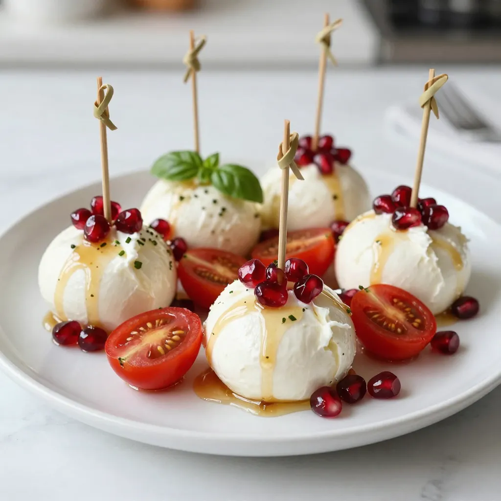 To make Pomegranate Burrata Ornament Bites, gather these items: - 1 cup fresh pomegranate seeds - 1 ball of creamy burrata cheese - 1 cup cherry tomatoes, halved - 1 tablespoon silky honey - 1 tablespoon balsamic glaze - 1 tablespoon fresh basil, finely chopped - Salt and freshly ground black pepper, to taste - Mini skewers or toothpicks for easy assembly Using fresh ingredients is key for great flavor. Fresh pomegranate seeds burst with juice. They add a sweet and tangy taste. Creamy burrata cheese brings a rich, soft texture. Halved cherry tomatoes provide a juicy bite. Fresh basil adds a bright, herbal note. This mix creates a tasty balance in each bite. Quality ingredients make the dish shine and taste amazing. If you have dietary needs, there are easy swaps. For a vegan option, replace burrata with a plant-based cheese. You can use avocado for creaminess instead. For a lower sugar version, skip the honey. Instead, use a touch of agave syrup. If you want more crunch, add nuts like walnuts or pistachios. These changes keep the dish tasty and enjoyable for everyone. {{ingredient_image_2}} Start by gathering your ingredients. You need fresh pomegranate seeds, creamy burrata, and cherry tomatoes. Halve the cherry tomatoes for easy assembly. Cut the burrata into bite-sized pieces. Make sure each piece has some of that rich, creamy center. Place the burrata on a nice serving platter. This will be the base for your bites. Grab a mini skewer or toothpick. Thread a piece of burrata onto the skewer first. Next, add a cherry tomato half. Then, sprinkle some pomegranate seeds on top. Repeat this until your skewer is colorful and fun. Keep assembling until all the ingredients are used. This should give you about ten delightful bites. Drizzle leftover honey and balsamic glaze over the assembled bites. This makes them extra tasty and pretty. For a festive look, add sprigs of fresh basil around the platter. Scatter a few extra pomegranate seeds on top. Serve these bites right away for the best taste. You can also chill them for thirty minutes to let the flavors mix. To get the best flavor, use fresh ingredients. Fresh pomegranate seeds bring a nice crunch and sweetness. Creamy burrata cheese adds richness. Sweet cherry tomatoes balance the dish. Honey and balsamic glaze give it a nice tangy kick. Always season with salt and black pepper to enhance the taste. To save time, prep ingredients ahead of time. Cut the burrata cheese into pieces before guests arrive. You can mix the cherry tomatoes, pomegranate seeds, honey, and balsamic glaze in advance. Just toss them before serving. Use mini skewers for easy assembly. This way, you can create the bites quickly and easily. For a stunning display, use a nice serving platter. Arrange the bites in a circular pattern. Garnish with extra sprigs of fresh basil. Scatter some pomegranate seeds around the platter for color. Drizzle extra honey and balsamic glaze over the bites to make them shine. This adds a festive touch to your table. Pro Tips Use Fresh Ingredients: For the best flavor, ensure your pomegranate seeds, cherry tomatoes, and basil are fresh and ripe. This will elevate the taste of your bites. Perfect Skewering: When assembling, try to keep the ingredients snug on the skewer, but not overly tight. This helps maintain the integrity of the burrata and ensures each bite is balanced. Drizzle Wisely: Reserve some honey and balsamic glaze for drizzling just before serving. This adds a fresh touch and enhances the visual appeal of your platter. Chill Before Serving: Allowing the assembled bites to chill for a short while can help meld the flavors together, making each bite even more delicious. {{image_4}} You can switch up the flavors in Pomegranate Burrata Ornament Bites. Try adding roasted red peppers for a sweet and smoky twist. You can also use fresh mozzarella instead of burrata. If you like spice, add jalapeño slices for extra heat. For a nutty touch, toss in some chopped walnuts or pistachios. Each change brings a new taste to the bites. These bites can easily fit vegetarian or vegan diets. For a vegetarian option, simply leave out honey and use maple syrup instead. To make them vegan, replace burrata with a nut-based cheese. You can also use marinated tofu for a creamy texture. Be sure to choose a balsamic glaze that is vegan-friendly. These bites shine at any party. In fall, add roasted butternut squash and sage for a warm flavor. In winter, consider using cranberries instead of pomegranate seeds for a festive touch. For summer gatherings, replace cherry tomatoes with fresh peaches or nectarines. Each season offers a chance to create a unique twist on this delightful appetizer. To keep Pomegranate Burrata Ornament Bites fresh, place them in an airtight container. Be sure to layer the bites carefully to avoid crushing them. Store in the fridge for up to two days. If you have leftover components, like burrata or pomegranate seeds, store them separately. This helps keep the flavors intact. You can prep some parts in advance. Cut the burrata and halve the cherry tomatoes a few hours ahead. Mix the tomatoes, pomegranate seeds, honey, and balsamic glaze too. Store these in the fridge. Just remember to assemble the bites right before serving. This keeps everything fresh and tasty. To maintain freshness, avoid mixing all the ingredients too early. The longer they sit together, the mushier they become. Drizzle honey and balsamic glaze just before serving. This adds a burst of flavor and keeps the bites looking great. Lastly, if you need to store them, wrap them tightly to prevent air exposure. You can serve these bites with a variety of fun sides. Try pairing them with crispy crostini or crunchy crackers. Fresh salad adds a nice touch, too. A simple arugula salad with lemon dressing works well. You can also add a cheese board with different cheeses and nuts. This creates a festive spread for guests. Yes, you can make these bites ahead of time! Prepare them and store them in the fridge for up to 30 minutes. This lets the flavors blend nicely. If you want to prepare them even earlier, keep the components separate. Assemble the bites just before serving for the best taste and texture. Yes, many herbs work well with these bites! You can try fresh mint for a cool flavor. Chives add a mild onion taste that complements the cheese. For a stronger kick, consider using dill. Each herb brings its unique twist to the dish, so feel free to experiment! You now have all you need to create tasty Pomegranate Burrata Ornament Bites. We covered fresh ingredients and their alternatives for special diets. The step-by-step guide helps you prepare and serve these treats with flair. Tips for great flavors and easy prep save you time. Lastly, explore variations to suit any season or gathering. Use the storage tips to keep your bites fresh for longer. With these insights, you can impress at your next get-together. Enjoy the process and happy eating!