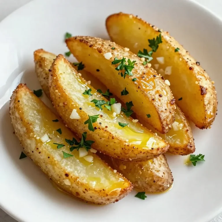 - 4 large russet potatoes - 3 tablespoons extra virgin olive oil - 5 cloves of garlic - 1 teaspoon dried oregano - 1 teaspoon smoked paprika - ½ teaspoon sea salt - ½ teaspoon freshly cracked black pepper - ½ cup finely grated Parmesan cheese - Fresh parsley for garnish - Calories per serving: About 250 calories - Key nutrients: - Carbohydrates: 36g - Protein: 6g - Fat: 10g - Fiber: 4g These potato wedges are not just tasty; they pack some good nutrients too. The russet potatoes give you carbs to keep your energy up. Garlic adds flavor and may help with health. Parmesan cheese provides protein and calcium, making these wedges a better snack choice. Enjoying them with fresh parsley makes the dish even brighter and healthier. {{ingredient_image_2}} First, preheat your oven to 425°F (220°C). This temperature makes the wedges crispy and golden. Then, line a baking sheet with parchment paper. This step helps with easy cleanup and prevents sticking. In a large mixing bowl, pour in 3 tablespoons of extra virgin olive oil. Next, add 5 finely minced garlic cloves. To this, mix in 1 teaspoon of dried oregano and 1 teaspoon of smoked paprika. Finally, sprinkle in ½ teaspoon of sea salt and ½ teaspoon of freshly cracked black pepper. Stir all the ingredients well until they blend smoothly. The smell will be amazing! Now, add the 4 large russet potatoes, cut into thick wedges, to the bowl. Use your hands or a spatula to gently toss the wedges in the garlic mixture. Make sure each wedge gets coated well. After that, spread the seasoned potato wedges in a single layer on the lined baking sheet. It’s important not to overcrowd them, as this helps them roast evenly. Place the baking sheet in the oven and bake for 25-30 minutes. Halfway through, flip the wedges with a spatula. This flipping helps them cook evenly and get crispy on all sides. In the last 5 minutes of baking, sprinkle ½ cup of finely grated Parmesan cheese over the wedges. This step gives a delightful crispy crust. When they are golden and crispy, take them out of the oven and let them cool slightly. To make your potato wedges crispy, keep them spaced out on the baking sheet. If they touch, they will steam instead of roast. Flipping them halfway through helps prevent any sogginess. This step is key for even cooking and a great texture. You can add more flavor by mixing in your favorite herbs or spices. Try fresh rosemary or thyme for a new twist. For dipping sauces, consider aioli or ranch. These pair well with the garlic and cheese, adding richness to every bite. Serve your garlic Parmesan potato wedges in a rustic bowl. You can also place them right on the baking sheet for a casual look. Garnish with fresh parsley for color and a hint of freshness. This makes your dish not only tasty but also beautiful. Pro Tips Choose the Right Potatoes: For optimal crispiness, use russet potatoes as they have a high starch content, resulting in a fluffy interior and crispy exterior. Don’t Overcrowd the Baking Sheet: Ensure the potato wedges are spread out in a single layer. Overcrowding can lead to steaming instead of roasting, preventing that desired crispiness. Experiment with Seasonings: Feel free to customize the seasoning blend to suit your taste. Try adding garlic powder or cayenne pepper for an extra kick! Serve Immediately: These potato wedges are best enjoyed fresh out of the oven while they are still hot and crispy. Pair them with your favorite dipping sauce for an irresistible treat! {{image_4}} You can change the flavor of your garlic Parmesan potato wedges. Try using different herbs. Thyme and rosemary work great. They add a fresh taste that pairs well with garlic. You can also use Italian seasoning for extra flavor. Feel free to mix and match your favorite spices! Cheese makes these wedges even better. While Parmesan is classic, you can use other cheeses too. Cheddar adds a sharp taste that many love. Feta brings a crumbly texture and a tangy kick. Experiment with different cheeses to find your favorite blend! Making these wedges fit your diet is simple. For a vegan version, swap Parmesan with nutritional yeast. It gives a cheesy flavor without using dairy. If you need gluten-free options, you’re in luck! This recipe is naturally gluten-free since it uses potatoes. Enjoy tasty wedges that suit your needs! To keep your garlic Parmesan potato wedges fresh, store them in the fridge. Allow them to cool first. Place them in an air-tight container. This keeps out moisture and air. They will stay tasty for about 3 days. To regain crispiness, use your oven. Preheat it to 375°F (190°C). Place the wedges on a baking sheet. Bake for about 10 minutes. This method helps them crisp up again. Avoid using the microwave, as it makes them soggy. To freeze, let the wedges cool completely. Arrange them in a single layer on a baking sheet. Freeze for 1-2 hours. Once frozen, transfer them to a freezer bag. Squeeze out the air before sealing. They can stay in the freezer for up to 2 months. For thawing, place them in the fridge overnight. Reheat as mentioned earlier to enjoy their crispy texture again. Bake the Garlic Parmesan potato wedges for 25-30 minutes at 425°F (220°C). This hot temperature helps them get crispy. Flip the wedges halfway through baking for even cooking. Yes, you can use other potatoes. Russet potatoes are best for their starch content. Yukon Golds also work well for a creamier texture. Red potatoes give a nice color, but they can be waxy. Try these dips for a tasty experience: - Aioli - Ranch dressing - Ketchup - Sour cream with chives - Spicy mayo These dips add extra flavor and fun to your wedges. You learned how to make tasty Garlic Parmesan Potato Wedges. You need simple ingredients and a few steps. Keep tips in mind to make them crispy and flavorful. Feel free to try different herbs, cheeses, and dips. Store and reheat them properly for the best results. I hope you enjoy making and sharing these delicious wedges!