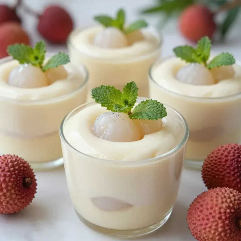 - 1 can (400g) lychees in syrup, drained (reserve the syrup for added flavor) - 200 ml heavy cream - 100 g mascarpone cheese - 50 g powdered sugar - 1 teaspoon vanilla extract - 3 tablespoons gelatin powder - 150 ml water - Fresh mint leaves for garnish - Edible glitter for decoration (optional) - Cans for lychees measure in grams. - Cream and water measure in milliliters. - Cheese and sugar measure in grams. - Teaspoons and tablespoons measure volume. You can use fresh mint leaves for a bright touch. Edible glitter adds a fun sparkle. These make the mousse look even more festive. If you want, add some extra lychee pieces on top for a surprise. Using colorful cups can also make your dessert stand out. {{ingredient_image_2}} Start by sprinkling the gelatin powder over 150 ml of water in a small bowl. Let it soak for about 5 minutes. This helps the gelatin bloom. After it blooms, heat the mixture gently. You can use the microwave or the stove. Stir it until the gelatin fully dissolves. Set the bowl aside to cool a bit. Take a can of drained lychees and place them in a blender. Blend the lychees until smooth. If you want some texture, pulse a few times. This way, you keep tiny pieces for a delightful mouthfeel. In a mixing bowl, combine heavy cream, mascarpone cheese, powdered sugar, and vanilla extract. Use a hand mixer or whisk to whip the mixture. Whip until you see soft peaks form. This makes the mousse light and airy. Now, gently fold in the lychee puree and the slightly cooled gelatin. Be careful while folding to keep the airiness of the whipped cream. This step is key to having a fluffy mousse. Spoon the mousse mixture into dessert cups or a large bowl. Cover it with plastic wrap. Place it in the fridge to chill for at least 4 hours. This allows the mousse to set properly. Once the mousse has set, take it out of the fridge. Garnish each cup with fresh mint leaves. For a festive touch, sprinkle some edible glitter on top. This adds a nice sparkle to your dessert. Enjoy your festive treat! To get the right texture, whip the cream well. Use a hand mixer or whisk. Aim for soft peaks. This helps keep the mousse light and fluffy. When you mix in the lychee puree, fold gently. This way, you won’t lose air. If you want small bits of lychee, blend briefly. This adds fun texture. For serving, I like to use clear dessert cups. They show off the layers and colors. You can also layer the mousse with some chopped lychees. This adds a nice surprise for guests. Garnish with fresh mint leaves for a pop of color. A sprinkle of edible glitter makes it festive. Serve chilled and enjoy the smiles! To enhance the flavor, consider adding a splash of lime juice. This gives a nice tang and brightens the taste. You can also mix in some coconut milk. This adds a creamy, tropical twist. If you want more depth, try adding a hint of almond extract. These tweaks make your mousse even more special! Pro Tips Chill Your Equipment: Before whipping the cream, chill your mixing bowl and beaters in the refrigerator for at least 15 minutes. This helps the cream whip up faster and achieve a better volume. Gelatin Tips: Make sure the gelatin is fully dissolved and slightly cooled before adding it to the whipped cream. This prevents it from clumping and ensures a smooth mousse. Layering for Texture: Consider layering your mousse with fresh lychee pieces for added texture and visual appeal. This not only enhances the flavor but also makes for a beautiful presentation. Serving Suggestions: For an elegant touch, serve the mousse in clear glasses to showcase its beautiful layers. This will impress your guests and make the dessert more inviting. {{image_4}} You can change the lychee in this mousse for other fruits. Consider using mango, passion fruit, or strawberries. Each fruit adds its unique taste and color. For mango, blend ripe mango chunks instead of lychee. If you pick passion fruit, use the pulp for a tart flavor. Strawberries can be blended as well, giving a classic touch. To make a vegan version, swap out dairy ingredients. Use coconut cream instead of heavy cream. For mascarpone cheese, try a cashew-based cream or silken tofu. Use maple syrup or coconut sugar in place of powdered sugar. This way, you can enjoy a dairy-free mousse without losing creaminess. Add-ins can make your mousse even better. Try mixing in a splash of coconut milk for a tropical twist. You might also add a bit of lime juice for a zesty kick. For chocolate lovers, fold in some melted dark chocolate. You can also sprinkle in some crushed nuts for a delightful crunch on top. Storing lychee mousse right keeps it fresh and tasty. Use airtight containers to protect it from air and other smells. I like to cover the mousse with plastic wrap before sealing it. This helps it stay smooth and creamy. Always keep the mousse in the fridge. When stored properly, lychee mousse lasts about 3 to 4 days in the fridge. I suggest eating it within this time for the best flavor and texture. After that, it may lose its fluffiness and taste. If you see any changes in color or smell, it’s best to throw it out. If you want to freeze lychee mousse, it’s simple. First, spoon the mousse into airtight containers. Leave some space at the top, as it may expand. You can freeze it for about 1 month. When you’re ready to enjoy it, let it thaw in the fridge overnight. Just remember, freezing may change its texture a little, but it will still taste great! Lychee is a sweet fruit. It has a bumpy red skin and white flesh. The fruit grows in clusters on trees. Its taste is floral and juicy, making it unique. You often find lychee in Asian dishes and desserts. Canned lychee is easy to use for recipes. Just drain the syrup, and you are ready to go. Yes, you can make this mousse ahead of time. It actually tastes better after chilling. Prepare it up to two days in advance. Just keep it covered in the fridge. This helps the flavors blend well. Your guests will enjoy it just as much! To adjust sweetness, add or reduce powdered sugar. If you prefer it sweeter, add more sugar. For less sweetness, use less sugar. You can also use the syrup from the canned lychees for extra flavor. Taste the mixture before it sets to find your perfect balance. Gelatin helps the mousse set properly. It gives the mousse a light, airy texture. If you skip it, the mousse may not hold its shape. However, you can try agar-agar as a plant-based alternative. This may work if you prefer a vegan option. You can use cream cheese as a substitute. It adds a similar creaminess to the mousse. Greek yogurt is another option if you want something lighter. Just make sure to adjust the sugar if using yogurt. Each option brings a unique flavor, so choose what you like best! This blog post shared how to create a delicious lychee mousse from scratch. We covered the key ingredients, step-by-step instructions, and helpful tips for a perfect treat. You learned about storage, variations, and answered common questions to guide your cooking. Now, you have the tools to impress friends and family with this tasty dessert. Enjoy the process of making your mousse and let your creativity shine!