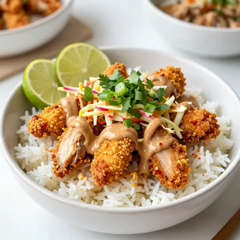 - 2 cups cooked jasmine rice - 1 lb chicken breast, diced - 1 cup crunchy coleslaw mix - 1/2 cup creamy peanut sauce - Lime wedges for serving - 1/4 cup corn starch - Salt and freshly ground pepper - 2 tablespoons vegetable oil - 1/4 cup green onions - 1/4 cup fresh cilantro - 1 tablespoon Sriracha To make a Bang Bang Chicken Bowl, you need several key ingredients. Start with jasmine rice. Its soft and fragrant nature makes it a perfect base. You will need one pound of chicken breast, diced into small pieces. This chicken gives your bowl protein and heartiness. Next, grab some crunchy coleslaw mix. It adds a nice texture and freshness. Don’t forget the creamy peanut sauce. This sauce is the star of the dish, giving it a rich flavor. Lastly, lime wedges are essential. They add a zesty touch when squeezed over the bowl. For seasoning, use corn starch to coat the chicken. It helps the chicken crisp up when cooked. Salt and freshly ground pepper are also important for flavor. You will need vegetable oil for frying the chicken. It helps to get that nice golden color. Green onions and fresh cilantro add brightness to the dish. Finally, Sriracha gives it a kick. Adjust the amount based on your spice preference. Each ingredient plays a role in creating a delicious Bang Bang Chicken Bowl. {{ingredient_image_2}} First, take the chicken breast and dice it into small, bite-sized pieces. Season the chicken with salt and pepper. In a bowl, coat the chicken pieces with corn starch. Make sure each piece is covered well. This helps the chicken get crispy when cooked. Now, heat vegetable oil in a large skillet over medium-high heat. Once the oil is hot, add the chicken pieces. Cook the chicken for about 6-8 minutes. Stir often until the chicken is golden brown and cooked through. Remove the skillet from heat and keep the chicken warm. In a small bowl, mix the creamy peanut sauce with Sriracha. Stir it well until it is smooth. Taste the sauce and adjust the spice level if needed. Add more Sriracha for extra heat if you like. To build your bowl, start with a base of jasmine rice. Add the cooked chicken on top of the rice. Next, add a handful of crunchy coleslaw mix. For a fresh touch, sprinkle sliced green onions and chopped cilantro over everything. Drizzle the spicy peanut sauce over each bowl. Serve with lime wedges on the side. Squeeze lime juice over the dish for a bright flavor. Enjoy your tasty Bang Bang Chicken Bowl! - Ensuring chicken is fully cooked: Always cook chicken until it reaches 165°F. Cut a piece open to check if it’s no longer pink inside. This keeps your meal safe and tasty. - Avoiding soggy rice: Make sure your rice is fluffy. Use day-old rice if possible. If cooking fresh, let it cool before adding it to the bowl. This will keep it from getting mushy. - Best bowl types for serving: Use white or light-colored bowls. These colors show off the bright ingredients well. The contrast makes your dish look more appealing. - Arranging garnishes artfully: Place green onions and cilantro on top in a neat pile. This adds a pop of color and makes the bowl look fresh and inviting. - Additional spices or sauces to try: Add crushed red pepper for more heat. You could also mix in soy sauce for a deeper flavor. Experiment to find what you like best! - Suggestions for customizable toppings: Try adding avocado slices or chopped nuts for crunch. You can also add sliced radishes for a bite of freshness. Pro Tips Perfectly Cooked Chicken: Ensure the chicken is cut into even-sized pieces for uniform cooking. This helps achieve a consistent golden brown color and juicy texture. Crispy Coating: For extra crunch, let the coated chicken rest for about 10 minutes before cooking. This allows the cornstarch to adhere better, resulting in a crispier exterior. Customize Your Spice: Adjust the amount of Sriracha in the sauce to suit your taste. Start with less and gradually add more to avoid overwhelming heat. Fresh Garnishes: Always use fresh herbs like cilantro and green onions for garnish. They not only add flavor but also enhance the visual appeal of the dish. {{image_4}} You can switch up the protein in your Bang Bang Chicken Bowl. If you want a vegetarian option, use tofu instead of chicken. Just cube the tofu and follow the same steps for cooking. If you prefer seafood, shrimp works well too. Cook the shrimp until they turn pink for the best flavor. You can also try different sauces. While the creamy peanut sauce is a star, you might enjoy a sesame sauce or a spicy mayo. Each sauce adds its own unique taste to the dish. Feel free to experiment! For those who need gluten-free options, check your sauces. Many brands offer gluten-free soy sauce or peanut sauce. You can also make your own to ensure it's safe. Just use gluten-free ingredients to keep it tasty. If you're watching carbs, try cauliflower rice instead of jasmine rice. It gives a similar texture with fewer carbs. This simple swap lets you enjoy the dish while sticking to your diet. Pair your Bang Bang Chicken Bowl with side dishes or salads to make it a full meal. A fresh cucumber salad adds a nice crunch and balances the flavors. You can also serve it with steamed veggies for extra nutrition. For a fun twist, serve the bowl family-style. Place all the ingredients in separate bowls. Let everyone build their own bowl with their favorite toppings. This way, everyone can enjoy their meal just how they like it! To keep your Bang Bang Chicken Bowl fresh, store leftovers in the fridge. Use airtight containers to lock in flavor. Make sure to cool the dish to room temperature before sealing. This helps prevent moisture buildup. For best taste, eat leftovers within three days. When you're ready to eat leftovers, reheat them gently. Use a microwave for quick warming. Place the bowl in the microwave and cover it with a damp paper towel. Heat in short bursts, checking every 30 seconds. This keeps the chicken moist. You can also use a skillet over low heat. Stir frequently to avoid burning. Yes, you can freeze the Bang Bang Chicken Bowl! For best results, freeze components separately. Chicken and rice can go in freezer-safe bags. Squeeze out air to prevent freezer burn. The coleslaw mix and sauce should stay in separate containers. When ready to eat, thaw in the fridge overnight. Reheat before serving for the best taste. Bang Bang Chicken Bowl is a fun and tasty dish. It combines juicy chicken, jasmine rice, and crunchy coleslaw. The star is the creamy peanut sauce, which adds flavor. You get a mix of textures and bright colors in every bite. It’s easy to make and great for any meal. To make the sauce spicier, add more Sriracha. Start with a small amount. Taste it as you go. You can also try adding chili flakes or fresh chopped chili peppers. This way, you can control the heat level to match your taste. Yes, you can make this recipe in advance. Cook the chicken and rice ahead of time. Store them separately in the fridge. Assemble the bowls just before serving. This keeps everything fresh and tasty. You can also prepare the sauce ahead and store it in a jar. Yes! You can easily make a vegetarian version. Swap the chicken for diced tofu or tempeh. Cook it until golden brown, just like the chicken. You can also use chickpeas for extra protein. Keep the peanut sauce and veggies the same for tasty results. The Bang Bang Chicken Bowl combines fresh flavors and textures for a delicious meal. You learned how to prepare the chicken, create the sauce, and layer the dish for the best taste. Remember the important tips for cooking and presenting your bowl. You can easily modify it to suit your diet or taste. Try adding different proteins or sauces for fun variations. Enjoy this meal with family or friends, and savor every bite!