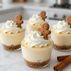 To make your gingerbread cheesecake cups, you'll need the following ingredients: - 1 cup gingerbread cookies, finely crushed - 3 tablespoons unsalted butter, melted - 8 oz cream cheese, softened to room temperature - 1/2 cup powdered sugar - 1 teaspoon pure vanilla extract - 1 teaspoon ground ginger - 1/2 teaspoon ground cinnamon - 1/4 teaspoon freshly grated nutmeg - 1 cup heavy whipping cream, chilled - Whipped cream for topping - Mini gingerbread cookies for garnish (optional) These ingredients bring warmth and flavor to your dessert. The gingerbread cookies form a crunchy base. They mix well with melted butter. This mix holds the structure of your cups. The cream cheese creates a rich, creamy filling. Sweetened with powdered sugar, it balances the spice. Vanilla extract adds depth to the flavor. Ground ginger, cinnamon, and nutmeg give warmth and holiday flair. Heavy whipping cream makes the filling light and fluffy. Finally, whipped cream on top adds a touch of elegance, while mini cookies make a fun garnish. Gather these ingredients to start your fun baking adventure. Each item plays a key role in making your dessert unique and delicious. {{ingredient_image_2}} - First, take 1 cup of gingerbread cookies and crush them finely. - In a bowl, mix the crushed cookies with 3 tablespoons of melted unsalted butter. - Stir well until the cookie crumbs are coated in butter. The mixture should feel sandy and hold together. - Next, divide this mixture evenly into your serving cups. - Use a spoon or your fingers to press the mixture firmly into the bottom of each cup. - In a large bowl, add 8 oz of softened cream cheese. - Beat the cream cheese until it is smooth and creamy with a hand mixer. - Gradually mix in 1/2 cup of powdered sugar, 1 teaspoon of vanilla extract, 1 teaspoon of ground ginger, 1/2 teaspoon of ground cinnamon, and 1/4 teaspoon of freshly grated nutmeg. - Continue mixing until the filling is velvety and all ingredients are combined. - In a separate bowl, pour in 1 cup of chilled heavy whipping cream. - Use clean beaters to whip the cream until stiff peaks form. This usually takes 2-3 minutes. - The cream should hold its shape when you lift the whisk. - Gently fold the whipped cream into the cheesecake mixture with a spatula. - Be careful not to overmix; you want to keep the mixture light and fluffy. - Use a spoon or a piping bag to fill each cup with the cheesecake mixture. - Make sure to smooth the tops for a neat finish. - Cover the cups with plastic wrap and put them in the fridge. - Chill for at least 2 hours, or until the filling is set and firm. - When ready to serve, remove the cups from the fridge. - Top each cheesecake cup with whipped cream and add a mini gingerbread cookie for decoration. - For a special touch, sprinkle cinnamon on the whipped cream or add a sprig of mint. You can play with flavors in your gingerbread cheesecake cups. Try using different cookie bases like chocolate or vanilla. You can also mix in flavors like orange zest or almond extract for a twist. Adjusting the sweetness is easy, too. Add more or less powdered sugar to suit your taste. For spiciness, increase the ginger or cinnamon for a stronger kick. Mixing well is key to a smooth filling. Start with soft cream cheese; this helps avoid lumps. When adding the whipped cream, fold gently to keep it fluffy. A common mistake is over-mixing after adding the whipped cream. This can make your dessert dense instead of light. Get creative with toppings! Use chocolate shavings, caramel drizzle, or crushed nuts for extra flair. For a fun look, serve in clear cups to show off layers. You can also add sprigs of mint or a dusting of cocoa for color. If you&rsquo;re hosting, these cups make a great centerpiece when arranged on a tray. Pro Tips Chill Your Tools: For the best whipped cream results, chill your mixing bowl and beaters in the refrigerator for 15-20 minutes before whipping the cream. This helps it whip up faster and hold its shape better. Don't Overmix: When folding the whipped cream into the cheesecake mixture, be gentle and avoid overmixing. This will help maintain the airy texture that makes these cheesecake cups light and fluffy. Use Fresh Spices: For the best flavor, opt for freshly grated nutmeg and high-quality ground spices. Fresh spices will elevate the taste of your cheesecake cups and make them more aromatic. Make Ahead: These cheesecake cups can be made a day in advance. They actually taste better after sitting in the fridge for a while, allowing the flavors to meld beautifully. {{image_4}} To keep your gingerbread cheesecake cups fresh, store them in the fridge. Place them in an airtight container or cover them tightly with plastic wrap. This helps maintain their creamy texture and flavor. If you want to freeze them, that&rsquo;s an option too. Just make sure they are well-covered to avoid freezer burn. I recommend freezing them without the whipped cream topping. Add the whipped cream when you are ready to serve. In the fridge, these cheesecake cups last about 3 to 5 days. Keep an eye on them to enjoy them at their best. You&rsquo;ll know the cheesecake has spoiled if you see any mold or smell a sour odor. If it looks or smells off, it&rsquo;s best to throw it away. Always play it safe when it comes to food! Each serving of gingerbread cheesecake cups has about 350 calories. This dessert packs a punch with key nutrients, including: - Protein: 5g - Carbohydrates: 30g - Sugars: 18g - Fat: 25g - Calcium: 60mg These numbers can vary based on your ingredients, but this gives you a good idea of what to expect. If you need gluten-free options, swap the gingerbread cookies for gluten-free cookies. Make sure to check the labels to find suitable brands. For a dairy-free version, use a dairy-free cream cheese and coconut cream instead of heavy whipping cream. These swaps keep the flavors rich while catering to dietary needs. You can make gingerbread cheesecake cups up to two days in advance. Start by preparing the cookie crust. Once you form the base, chill them in the fridge. Then, make the cheesecake filling. Layer it into the cups and chill again. This lets the flavors blend well. Yes, you can freeze these cups! Just make sure they are tightly covered. Use plastic wrap or a lid. They can stay in the freezer for up to three months. When ready to eat, thaw them in the fridge overnight. This keeps the texture smooth. You can use coconut cream as a great substitute. It gives a nice flavor too. If you're looking for a lighter option, use whipped topping. Just make sure it is unsweetened. This keeps the balance of sweetness in your dessert. Add sprinkles of cinnamon on top of the whipped cream. You can also use colored sugar or edible glitter. Mini candy canes or seasonal fruit can add a fresh touch. These little things make your dessert stand out at any gathering. This blog post covered a tasty recipe for gingerbread cheesecake cups. You learned about key ingredients, like cream cheese and gingerbread cookies, and the steps to make them. We discussed tips for perfect texture and fun ways to serve. Storing your cheesecake cups properly is also vital. In the end, these cups are delightful and easy to make. Try them for holidays or celebrations. Your friends will love this festive treat!