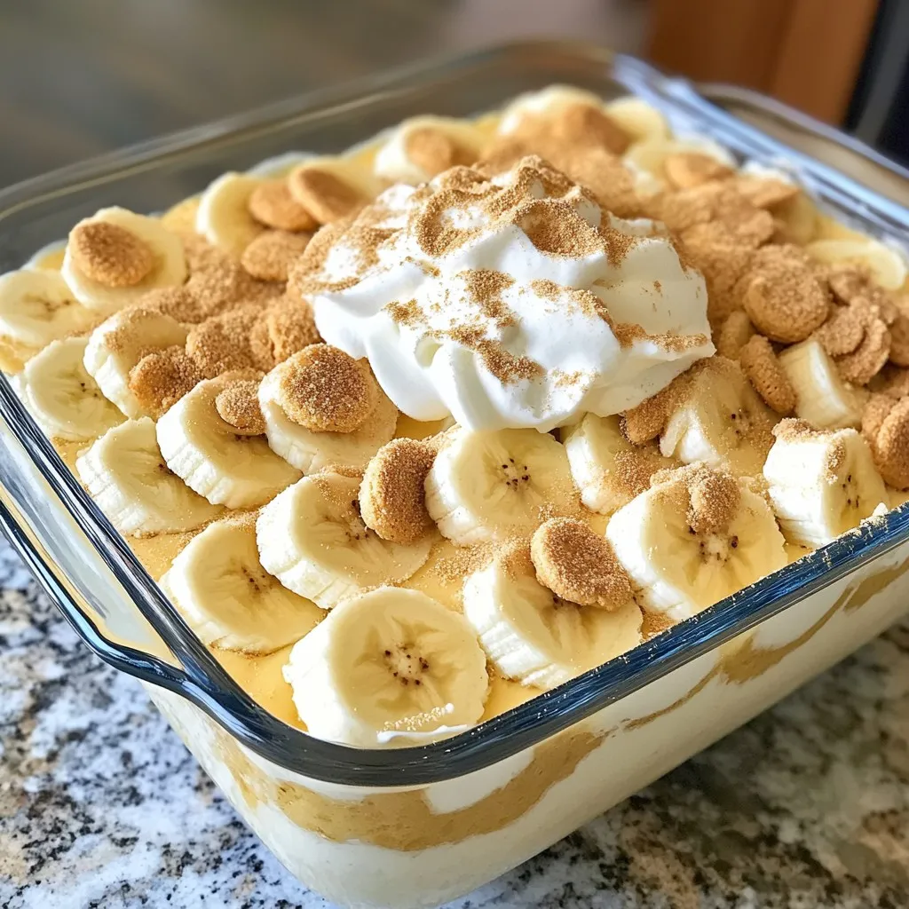 Here’s what you will need for this delicious eggnog banana pudding: - 2 ripe bananas, sliced into rounds - 2 cups rich eggnog - 1/2 cup heavy cream - 1/4 cup granulated sugar - 1 teaspoon pure vanilla extract - 1/4 teaspoon ground nutmeg - 2 tablespoons cornstarch - 1/2 teaspoon salt - 1 package (14 oz) vanilla wafers - Whipped cream for topping These ingredients blend perfectly. The ripe bananas add a sweet touch. The eggnog gives a festive flavor, making this dessert special. The heavy cream creates a smooth texture, while the vanilla and nutmeg add warmth. Cornstarch helps thicken the pudding, giving it a nice body. I suggest using fresh bananas for the best taste. Look for ones that are ripe but not too soft. You can use any brand of eggnog you like, but choose a rich one for a creamy result. The vanilla wafers provide a crunchy layer, which contrasts nicely with the soft pudding. If you want to add a twist, consider using flavored eggnog or even a dairy-free version. You can also use different cookies instead of vanilla wafers. The key is to have ingredients you enjoy. This will make your eggnog banana pudding even more delightful. {{ingredient_image_2}} To start, grab a medium saucepan. Pour in the eggnog, and add the granulated sugar, ground nutmeg, and salt. Set the heat to medium. Stir the mixture gently until the sugar dissolves completely. Avoid letting it boil. This step creates a sweet and spiced base for your pudding. Next, you need to thicken the pudding. In a small bowl, mix cornstarch with a bit of the warm eggnog mixture. Whisk this until smooth. Then, slowly add this slurry back into the saucepan. Keep whisking over medium heat until it thickens and gently boils, which should take about 5-7 minutes. Once thickened, take it off the heat. This step makes the pudding rich and creamy. Now it's time for the whipped cream. In a separate bowl, whip the heavy cream with pure vanilla extract using an electric mixer. Continue until soft peaks form. This fluffy cream will lighten the eggnog mixture. Carefully fold in half of the whipped cream into the eggnog pudding. Then, fold in the rest until smooth. This gives your pudding a light and airy texture. Now, let's layer our dessert. Take a glass dish or individual cups. Start with a layer of vanilla wafers. Next, add a layer of sliced bananas, followed by a generous layer of eggnog pudding. Repeat these layers until all your ingredients are used. Make sure the final layer is pudding. This layering creates a beautiful and tasty dessert. Cover your assembled dessert with plastic wrap. Refrigerate for at least 3 hours. This time helps the flavors meld and sets the pudding perfectly. Right before serving, add a dollop of whipped cream on top of each serving. Finish with a light sprinkle of ground nutmeg for extra flavor. Enjoy this creamy and delightful treat! To get the right pudding consistency, focus on the thickening process. You want it creamy, not too runny. When you heat the eggnog, stir gently. This helps the sugar dissolve without boiling. A smooth blend is key. The technique of folding is crucial when adding whipped cream. Folding keeps the air in the cream, making the pudding light. If you stir, you lose that airy texture. So, fold gently until everything is combined. Serving this pudding in clear glass cups is a must. It shows off those beautiful layers of bananas, wafers, and pudding. You can also stack them in a trifle dish for a big gathering. For a fun touch, decorate each cup with banana slices and a swirl of whipped cream. A light sprinkle of nutmeg on top adds flavor and looks pretty. This will impress your guests and make it special. If you don't have ground nutmeg, you can use allspice or cinnamon instead. Both will give a warm taste to the pudding. Just remember to adjust the amount to match your taste. Nutmeg can be strong, so start with less. You can always add more later. This way, you can make the flavor just right for you. Pro Tips Use Ripe Bananas: Choose bananas that are spotty and slightly soft for the best flavor and sweetness in your pudding. Chill the Pudding: Allow the assembled pudding to chill for longer than 3 hours if possible; overnight chilling enhances the flavors even more. Homemade Whipped Cream: For a richer taste, whip your own heavy cream instead of using store-bought, and add a touch of powdered sugar for sweetness. Garnish Creatively: Enhance presentation by adding caramel drizzle or crushed nuts on top along with the whipped cream and nutmeg for added texture and flavor. {{image_4}} You can make Eggnog Banana Pudding even more fun. Try adding chocolate or caramel layers. This adds a rich taste that pairs well with bananas. Just drizzle chocolate syrup or caramel sauce between layers. You can also mix in spices like cinnamon or ginger. Just a pinch can elevate the flavor profile. These spices bring warmth and a hint of holiday cheer. If you need a gluten-free option, swap the vanilla wafers with gluten-free cookies. Many brands offer tasty alternatives that work well. For a dairy-free version, use coconut or almond milk eggnog. You can also whip coconut cream instead of heavy cream. These swaps keep the dessert creamy without dairy. You can serve this dessert in many ways. Individual servings in small cups look great. They make it easy for guests to enjoy. You can also use a large trifle dish for a family gathering. Mini dessert cups are perfect for parties, too. They offer a fun bite-sized option that guests love. To store leftovers, place the eggnog banana pudding in an airtight container. This keeps it fresh and tasty. You should consume it within 3 to 4 days. The flavors improve as it sits, but don’t wait too long! Yes, you can freeze eggnog banana pudding! To freeze, cover it tightly with plastic wrap and then aluminum foil. This prevents freezer burn. It’s best to freeze it for up to 1 month. When you want to eat it, thaw the pudding in the fridge overnight. Avoid microwaving, as this can change the texture. After thawing, stir gently to bring back its creamy goodness. Enjoy the delightful treat! If you do not have eggnog, you can use milk or cream mixed with spices. A mix of whole milk, sugar, and a pinch of nutmeg works well. For a festive twist, try adding a splash of vanilla extract and a bit of cinnamon. You can also use store-bought non-dairy eggnog for a vegan option. This will keep the creaminess while allowing you to enjoy the flavors. This dessert can last in the fridge for about 3-4 days. Store it in an airtight container to keep it fresh. If you see any changes in texture or smell, it is best to discard it. Always check your dessert before serving, just to be safe! Yes, you can make this dessert a day in advance. This will let the flavors blend well together. Just store it in the fridge after assembling. The pudding will set nicely. However, the bananas may brown slightly, so you might want to add them just before serving. This keeps them fresh and bright. This dessert combines simple ingredients to create a tasty treat. You learned how to layer bananas, vanilla wafers, and a creamy eggnog pudding. Don't forget the whipped cream and nutmeg for that final touch. Experimenting with flavors and variations can make it your own. Storing leftovers is easy if you follow the guidelines. I hope you try this recipe soon and enjoy every bite!