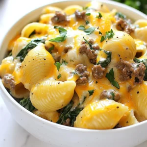 - 8 oz large shell pasta - 1 lb ground beef - 1 medium onion, finely chopped - 2 cloves garlic, minced - 1 cup beef broth - 1 cup heavy cream - 1 cup shredded cheddar cheese - 1 cup fresh spinach, chopped - 1 teaspoon Italian seasoning - Salt and pepper, to taste - 2 tablespoons olive oil - Optional: Fresh parsley, chopped, for garnish This dish starts with large shell pasta, which holds the sauce well. You need a pound of ground beef, which gives it a rich flavor. A medium onion, finely chopped, adds sweetness and depth. Garlic, two cloves, minced, gives a nice aroma. For the sauce, you will use beef broth and heavy cream. Cheddar cheese, one cup, makes it creamy and delicious. Fresh spinach adds a pop of color and nutrition. Italian seasoning brings warmth. Don't forget salt and pepper to taste. Finally, olive oil is needed to saut&eacute; the onions and garlic. You can also add fresh parsley to garnish the dish. {{ingredient_image_2}} Fill a large pot with water. Add a good amount of salt. Bring the water to a rolling boil. Carefully add the large shell pasta. Cook it according to the package directions until it is al dente. Once done, drain the pasta in a colander and set it aside. In a large skillet, pour in the olive oil. Warm it over medium heat. Once hot, add the finely chopped onion and minced garlic. Saut&eacute; for about 3-4 minutes. The onion should turn translucent, and the garlic should smell great. Now, increase the heat to medium-high. Add the ground beef to the skillet. Use a spatula to break it into smaller pieces. Cook for about 5-7 minutes. The beef should be well-browned and no longer pink. Sprinkle in some salt, pepper, and Italian seasoning. Stir to mix it well. Pour in the beef broth and heavy cream. Stir it all together until well combined. Let it simmer for about 5 minutes. This helps the flavors blend and the sauce to thicken a bit. Lower the heat to low. Add the shredded cheddar cheese to the skillet. Stir until the cheese is fully melted and creamy. Next, fold in the chopped fresh spinach. Let it sit for a moment so the spinach can wilt. Carefully add the drained shell pasta to the skillet. Gently stir the mixture. Make sure the pasta is well coated in the creamy beef sauce. Cook everything together for an extra 2-3 minutes to heat it through. Before serving, taste your creamy beef and shells pasta. Add more salt and pepper if needed. Adjust to make it just right for your taste. To make great pasta, start with plenty of water. I use a big pot and fill it with water. Adding salt helps the pasta taste better. Once the water boils, add the shell pasta. Cook until it&rsquo;s al dente. This means the pasta is firm but not hard. Drain the pasta well, but don&rsquo;t rinse it. This keeps the starch that helps the sauce stick. Seasoning is key for tasty pasta. I like to use salt, pepper, and Italian seasoning. These add depth to the dish. Always taste your sauce as you cook. If it needs more flavor, just add a pinch of salt or a dash of pepper. Fresh herbs, like parsley, can also boost flavor. They add brightness and freshness, making your meal more vibrant. Cheese makes the sauce rich and creamy. I often use sharp cheddar cheese. It melts well and gives a nice flavor. You can also try mozzarella for a stretchy texture or cream cheese for extra creaminess. Mixing different cheeses can create a unique taste. Don&rsquo;t forget to stir the cheese in slowly. This helps it melt evenly and blend with the sauce. Pro Tips Perfect Pasta Texture: To achieve the perfect al dente pasta, cook the shell pasta just until it is tender but still firm to the bite. This will help it hold up well when combined with the creamy sauce. Flavorful Beef: For a richer flavor, consider using ground beef that is 80% lean. This will add more depth to the dish and enhance the overall taste of the sauce. Cheese Variations: Feel free to experiment with different cheeses! Adding a blend of mozzarella or pepper jack can create a unique flavor profile and add extra creaminess to the dish. Spinach Substitutes: If fresh spinach is not available, you can substitute it with frozen spinach. Just make sure to thaw and drain it well before adding it to the sauce. {{image_4}} You can make a tasty vegetarian version of creamy beef and shells. Start by swapping the ground beef for mushrooms. Use about 1 pound of diced mushrooms. They add a rich flavor and a nice texture. You can use a mix of different mushrooms for more depth. Cook the mushrooms just like you would the beef. Saut&eacute; them until they are browned and soft. This version keeps the creamy sauce and pasta, making it just as satisfying. If you need a gluten-free option, choose gluten-free pasta. There are many brands that offer large shell pasta made from rice or corn. Cook them just like regular pasta. Keep an eye on the cooking time, as it may vary. The creamy sauce works great with gluten-free shells. You won&rsquo;t lose any flavor or texture in this dish. For those who enjoy a bit of heat, add red pepper flakes. Start with a small pinch and increase according to your taste. Mix them into the beef when you brown it. This will give the dish a nice kick without overpowering it. You can also sprinkle more on top before serving. This variation adds excitement and flavor, making your pasta dish even more fun. You can keep any leftover creamy beef and shells pasta in the fridge. Place it in an airtight container. It will stay fresh for about 3 to 4 days. Make sure it cools down completely before you seal it. This way, you can enjoy it again without losing flavor. If you want to save the dish for later, freezing is a great option. Use a freezer-safe container or a resealable bag. Remove as much air as you can before sealing. This helps prevent freezer burn. The pasta can last up to 3 months in the freezer. When ready to eat, let it thaw in the fridge overnight. To reheat, you can use the microwave or the stove. For the microwave, place the pasta in a bowl and cover it with a damp paper towel. Heat in short bursts, stirring in between. For the stove, add a splash of beef broth or cream to a skillet. Warm it over low heat, stirring gently until hot. Enjoy your creamy beef and shells pasta just like the first time! You can use ground turkey or chicken. These options are leaner and still tasty. You could also try plant-based meat. This works well for a veggie option. Yes, you can prepare the dish ahead. Just cook the pasta and beef mixture. Store them in separate containers. When ready to eat, combine and heat on the stove. To thicken the sauce, let it simmer longer. This will help it reduce. You can also add more cheese for creaminess. Another option is to mix a little cornstarch with water. Stir this into the sauce until it thickens. A fresh salad goes great with this dish. You can also serve garlic bread for a nice crunch. Roasted vegetables add color and flavor, too. Consider a light soup as a starter. This blog post covered a creamy beef and shell pasta recipe. We explored key ingredients, step-by-step instructions, and useful tips. You learned about variations like vegetarian and gluten-free options. Proper storage and reheating methods ensure your meal stays fresh. Cooking can be fun and rewarding. Enjoy experimenting with flavors and making it your own!