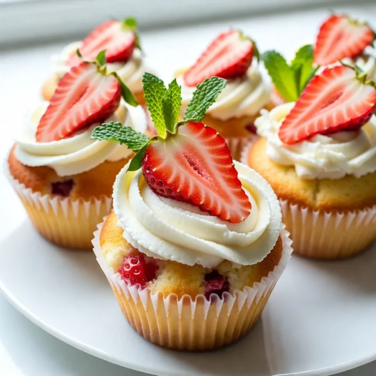 - 1 ½ cups all-purpose flour - 1 cup granulated sugar - ½ cup unsalted butter, softened to room temperature - 2 large eggs, at room temperature - 1 teaspoon pure vanilla extract - ½ cup whole milk - 2 teaspoons baking powder - ½ teaspoon fine sea salt - 1 cup fresh strawberries, hulled and chopped into small pieces - 8 oz mascarpone cheese, softened - ½ cup powdered sugar, sifted - 1 teaspoon freshly squeezed lemon juice - Extra fresh strawberries and fresh mint leaves for garnish These ingredients create the base for the delightful Strawberry Mascarpone Cupcakes. Each item plays a vital role. All-purpose flour gives structure. The granulated sugar sweetens the batter. Unsalted butter adds richness and creaminess. Eggs help bind everything together. Vanilla extract gives a warm flavor that blends well. Whole milk makes the batter moist. Baking powder helps the cupcakes rise. Sea salt balances the sweetness. Fresh strawberries are the star of the show. They add a burst of flavor. Mascarpone cheese creates a velvety frosting. Powdered sugar sweetens the frosting without grittiness. Fresh lemon juice adds brightness. Finally, garnishing with strawberries and mint leaves makes each cupcake look beautiful. Using fresh ingredients ensures the best flavor. I always recommend using room-temperature ingredients for a smooth batter and frosting. Each of these components works together to create a cupcake that is both tasty and visually appealing. {{ingredient_image_2}} - Preheat to 350°F (175°C) - Prepare muffin tin with cupcake liners Start by preheating your oven to 350°F. This temperature helps the cupcakes rise nicely. While the oven heats, grab a muffin tin and line it with colorful cupcake liners. This not only looks great but also makes it easy to remove the cupcakes later. - Mix dry ingredients - Cream butter and sugar - Incorporate eggs and vanilla - Combine dry ingredients with milk In a medium bowl, whisk together 1 ½ cups of all-purpose flour, 2 teaspoons of baking powder, and ½ teaspoon of fine sea salt. Set this dry mix aside. In a larger bowl, cream together ½ cup of softened unsalted butter and 1 cup of granulated sugar. Beat until it’s light and fluffy, about 3-4 minutes. Next, add in 2 large eggs, one at a time, mixing well after each. Pour in 1 teaspoon of pure vanilla extract and blend until smooth. Now, gradually mix the dry ingredients into the butter mixture. Alternate this with ½ cup of whole milk. Start and finish with the flour mix. Be careful not to overmix; you want the batter just combined. - Fold in strawberries - Fill cupcake liners - Bake and cool Gently fold in 1 cup of chopped fresh strawberries using a spatula. Make sure they are evenly distributed. Next, fill each cupcake liner about two-thirds full with batter. This gives them room to rise. Place the tin in your preheated oven and bake for 18-20 minutes. Check with a toothpick; if it comes out clean, they are done. Let them cool in the tin for about 5 minutes, then transfer the cupcakes to a wire rack to cool completely. - Beat mascarpone, powdered sugar, and lemon juice In a clean bowl, beat together 8 oz of softened mascarpone cheese, ½ cup of sifted powdered sugar, and 1 teaspoon of fresh lemon juice. Mix until the frosting is smooth and creamy. This adds a nice tang that pairs well with the sweet cupcakes. - Frost cooled cupcakes - Add fresh strawberry and mint garnish Once the cupcakes are cool, use a spatula or piping bag to frost each one generously. A smooth layer of frosting makes them look extra special. For a lovely finish, top each cupcake with a fresh strawberry and a sprig of mint. This adds color and freshness to each bite. Enjoy the beauty and taste of your Strawberry Mascarpone Cupcakes! To make your cupcakes just right, follow these simple tips: - Avoid overmixing the batter: Mix until everything is combined, but don’t stir too much. Overmixing can make cupcakes dense instead of light and fluffy. - Check for doneness with a toothpick: Insert a toothpick into the center of a cupcake. If it comes out clean, your cupcakes are ready! Frosting can make or break your cupcakes. Here’s how to get it just right: - Use room temperature ingredients for smooth frosting: Make sure your mascarpone cheese is at room temperature. This helps it blend easily with the powdered sugar and lemon juice. - Experiment with piping techniques: Use a piping bag for fun designs. Try different tips to create swirls or rosettes. Serving can enhance the cupcake experience. Here are some great ideas: - Pair with a fresh fruit salad: The light, fruity flavors of the salad balance the rich cupcakes. - Serve alongside coffee or tea: The warm drinks bring out the flavors in the cupcakes and make a perfect treat! Pro Tips Use Room Temperature Ingredients: Ensure your butter, eggs, and mascarpone cheese are at room temperature for a smoother batter and creamier frosting. Don't Overmix the Batter: Mix the batter until just combined to keep the cupcakes light and fluffy. Overmixing can lead to dense cupcakes. Chill the Mascarpone Frosting: If your frosting seems too soft, chill it in the refrigerator for about 15 minutes before frosting to help it hold its shape. Storage Tips: Store any leftover cupcakes in an airtight container at room temperature for up to 2 days, or refrigerate for longer freshness. {{image_4}} You can switch up the fruit in these cupcakes. Instead of strawberries, try raspberries or blueberries. Both fruits add a unique twist. You can also mix different berries for a fun, colorful treat. A mixed berry version brings a burst of flavor in every bite. To boost the flavor, consider adding lemon zest to the batter. This gives a fresh, zesty note that complements the sweetness. Another option is to mix in a splash of almond extract. This adds a warm, nutty flavor that pairs well with the mascarpone. If you need gluten-free options, use gluten-free flour blends. These work well in baking and still taste great. For vegan substitutions, swap out butter for vegan butter. You can also replace eggs with flaxseed meal or applesauce. This way, everyone can enjoy these delicious cupcakes. To keep your unfrosted cupcakes fresh, store them in an airtight container. This method locks in moisture and keeps them soft. You can keep them at room temperature for up to three days. If you want to keep them longer, place them in the fridge for up to a week. Just make sure they are sealed tight to avoid any drying. Frosted cupcakes need a bit more care. Mascarpone frosting is delicate. To store them, place the cupcakes in a single layer in an airtight container. Keep them in the fridge. They will stay fresh for about three days. The cold will help the frosting hold its shape. If you plan to serve them later, take them out about 30 minutes before serving. This allows the frosting to soften a bit. Freezing cupcakes is a great way to enjoy them later. First, let the cupcakes cool completely. Then, wrap each cupcake tightly in plastic wrap. Place the wrapped cupcakes in a freezer-safe container or bag. They can be frozen for up to three months. When you're ready to eat them, thaw them overnight in the fridge. If they are frosted, it’s best to freeze them unfrosted. Frost them after they are thawed for the best taste and texture. Strawberry Mascarpone Cupcakes stay fresh for about two days at room temperature. Keep them in a cool, dry place. If you store them in the fridge, they can last up to five days. The cold helps the frosting stay firm and tasty. Yes, you can make these cupcakes a day ahead. Bake the cupcakes and let them cool completely. Store them in an airtight container. You can frost them the next day. This way, the frosting will be fresh and fluffy. If you do not have mascarpone cheese, you can use cream cheese. Mix it with a little heavy cream for a similar texture. Another option is ricotta cheese. Just make sure to blend it well to avoid lumps. In this post, I shared how to make delicious Strawberry Mascarpone Cupcakes. We covered the key ingredients, step-by-step instructions, and tips for success. Don't forget about fun variations and storage methods. Cupcakes can be a great treat for any time. With this guide, you can impress friends and family. Enjoy baking these easy and tasty cupcakes! It's all about having fun in the kitchen. So, get creative and make them your own!
