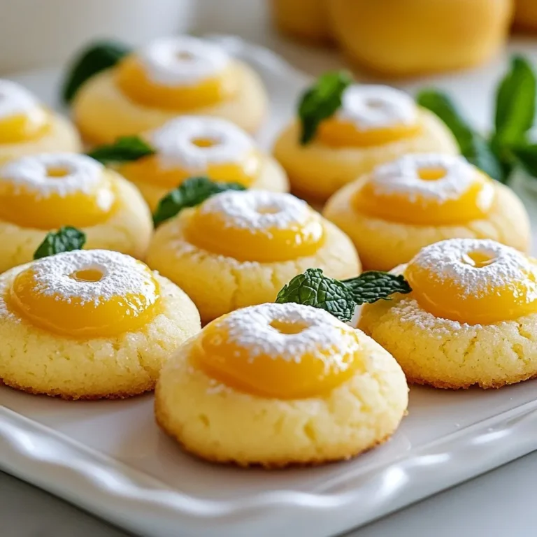 To make Lemon Curd Thumbprint Cookies, you will need the following ingredients: - 1 cup unsalted butter, softened to room temperature - ½ cup granulated sugar - 1 teaspoon pure vanilla extract - 2 cups all-purpose flour - ¼ teaspoon fine sea salt - ½ cup lemon curd (you can use store-bought or homemade) - Zest of 1 fresh lemon - 1 large egg yolk - ¼ cup powdered sugar (for dusting on top) Each of these ingredients plays a key role in the flavor and texture of the cookies. The unsalted butter gives a rich taste. Granulated sugar adds sweetness, while vanilla extract brings warmth to each bite. All-purpose flour forms the cookie base, and fine sea salt enhances all the flavors. Lemon curd is the star of the show. It provides a bright and tangy filling that contrasts beautifully with the sweet cookie. Fresh lemon zest adds a burst of citrus aroma. The egg yolk helps bind the dough, making it tender. Lastly, powdered sugar gives a lovely touch when dusted on top. These ingredients come together to create a delightful treat that is sure to impress! {{ingredient_image_2}} First, preheat your oven to 350°F (175°C). This is crucial for even baking. While the oven heats, line a baking sheet with parchment paper. This helps the cookies slide off easily after baking. Next, take 1 cup of softened unsalted butter and ½ cup of granulated sugar. In a large mixing bowl, beat them together. Use a hand mixer or a stand mixer. Mix until the mixture is light, fluffy, and pale, about 3-4 minutes. Now, add 1 teaspoon of pure vanilla extract and 1 large egg yolk. Mix until everything is well combined. This step adds flavor and richness to your cookies. In a separate bowl, whisk together 2 cups of all-purpose flour and ¼ teaspoon of fine sea salt. Gradually add this dry mix to the wet ingredients. Mix until just combined. Be careful not to overwork the dough, or the cookies may turn out tough. Add the zest of 1 fresh lemon into the dough. Fold it in gently. This will bring a bright, fresh flavor to your cookies. The zest makes a big difference! Using a tablespoon or cookie scoop, take portions of dough and roll them into balls. Place each ball on the baking sheet. Make sure to space them about 2 inches apart. This allows room for spreading. With your thumb or the back of a rounded measuring teaspoon, press down in the center of each cookie. This creates a small indentation, known as a thumbprint. Now, carefully spoon a small amount of lemon curd into each thumbprint. Avoid overfilling to prevent bubbling. Put the baking sheet in your preheated oven. Bake the cookies for 12-15 minutes. Watch them closely. They should have light golden edges but soft centers. After baking, let the cookies cool on the baking sheet for a few minutes. Then, transfer them to a wire rack to cool completely. Once cooled, dust the tops with ¼ cup of powdered sugar. This adds a sweet touch and makes them look lovely. To get the right texture for your Lemon Curd Thumbprint Cookies, start with softened butter. Room temperature butter mixes well with sugar to create a light and fluffy dough. This airiness helps the cookies rise nicely. Mix until it looks pale and fluffy. Mix the dry and wet ingredients until just combined. If you mix too much, the cookies get tough. Use a gentle folding motion to combine the dough. This keeps the cookies tender and soft. When filling the cookies, use about a teaspoon of lemon curd. This amount helps it stay in the thumbprint without spilling over. Make sure the curd is smooth and not too thick. This will help it spread evenly while baking. After baking, let the cookies cool on the pan for a few minutes. This helps them set. Then, transfer them to a wire rack. Cooling on a rack lets air circulate, keeping the cookies fresh. Dust with powdered sugar once they are cool for a lovely finish. Pro Tips Chill the Dough: For extra tender cookies, chill the dough for about 30 minutes before shaping. This helps the cookies maintain their shape while baking. Use Fresh Lemon Zest: Always use fresh lemon zest for the best flavor. The oils in the zest contribute to a more vibrant taste in your cookies. Mind the Filling: When adding lemon curd, avoid overfilling the thumbprints to prevent spilling over during baking, which can make a mess. Store Properly: Store any leftover cookies in an airtight container at room temperature for up to a week to keep them fresh and delicious. {{image_4}} You can swap some ingredients for a twist. Substitute unsalted butter with coconut oil for a dairy-free option. Use light brown sugar instead of granulated sugar for a deeper flavor. If you want a gluten-free version, try almond flour or a gluten-free blend. Add fun flavors to your cookies! Mix in some chopped nuts, like walnuts or almonds, for crunch. You can also fold in dried fruits, such as cranberries or blueberries, for a fruity burst. For a zingier taste, add a bit of lime zest along with the lemon zest. Making your cookies look pretty is fun! You can drizzle melted white chocolate over the tops for a sweet touch. Use colorful sprinkles to make them festive. Arrange them on a platter with edible flowers for an elegant display. Fresh mint leaves can add color and freshness to your setup. To keep your Lemon Curd Thumbprint Cookies fresh, store them in an airtight container. Place parchment paper between layers to avoid sticking. Keep the cookies at room temperature for the best taste and texture. Avoid placing them in direct sunlight or heat. You can freeze these cookies to enjoy later. To freeze, first let them cool completely. Then, place them in a single layer on a baking sheet and freeze for about an hour. Once frozen, transfer them to a freezer-safe bag or container. Be sure to label the container with the date. Lemon Curd Thumbprint Cookies last about one week at room temperature. If stored well in the fridge, they can last up to two weeks. In the freezer, they can stay fresh for up to three months. For best flavor, enjoy them sooner rather than later! Yes, you can use homemade lemon curd. It adds a personal touch. Homemade curd often has a fresh taste. If you have time, I recommend making it yourself. Just follow a simple recipe to ensure you get the right flavor. To make these cookies gluten-free, swap all-purpose flour for a gluten-free blend. Look for a blend that includes xanthan gum. This helps mimic the texture of regular flour. You can also use almond flour, but it may change the cookie's texture slightly. If you need a substitute for unsalted butter, you can use coconut oil. It should be solid but soft. You can also try margarine or a vegan butter alternative. Each will change the flavor slightly, but they work well. To boost lemon flavor, add more lemon zest to the dough. You can also increase the lemon curd in the thumbprint. If you like a tart taste, consider adding a bit of lemon juice. This will brighten the cookies even more. We explored how to create delicious lemon curd cookies from start to finish. You learned about key ingredients, step-by-step instructions, tips, and variations. Each part plays a role in making your cookies flavorful and fun. Remember, these cookies are easy to customize and store well. Enjoy baking and experimenting with different flavors! By trying new things, you can create a treat everyone loves. Get started, and let your baking adventure unfold!