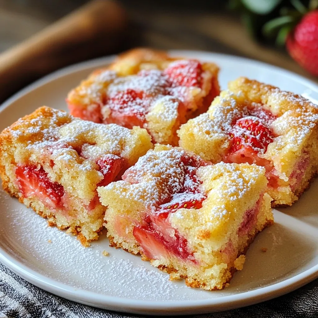 - 1 cup fresh strawberries, hulled and diced - 2 cups all-purpose flour - 1 cup granulated sugar, divided - 2 teaspoons baking powder - 1 teaspoon vanilla extract - 1/2 teaspoon salt - 1/4 teaspoon baking soda - 1/2 teaspoon ground cinnamon - Powdered sugar for dusting Fresh strawberries give the cake its sweet and juicy flavor. The flour binds everything together. Sugar adds sweetness, while baking powder makes the cake rise. The vanilla extract enhances the taste. Salt balances the flavors, and cinnamon gives a warm touch. If you want to add a sweet finish, use powdered sugar on top. This cake is easy to make and perfect for any time. {{ingredient_image_2}} 1. Preheat your oven to 350°F (175°C). Grease a 9x13-inch baking dish. 2. In a bowl, mix 1 cup of diced strawberries with 1 tablespoon of sugar. Let it sit for 10 minutes. 3. In a large bowl, cream together 1/2 cup of softened butter and 3/4 cup of sugar for about 3-4 minutes. 4. Add 2 eggs, one at a time. Mix well after each egg. Stir in 1 teaspoon of vanilla extract. 5. In another bowl, whisk 2 cups of flour, 2 teaspoons of baking powder, 1/2 teaspoon of salt, 1/4 teaspoon of baking soda, and 1/2 teaspoon of ground cinnamon. 6. Gradually mix the dry ingredients into the butter mixture. Alternate with 1 cup of milk. Start and end with the flour mixture. 7. Gently fold in the macerated strawberries, including their juice. Be careful not to break them apart too much. 8. Pour the batter into the prepared dish and smooth it out. 9. Bake for 30-35 minutes. Check with a toothpick to see if it comes out clean. 10. Remove the cake and let it cool in the pan for 10 minutes. Then, transfer it to a wire rack to cool fully. 11. Dust the top with powdered sugar before serving. Cut into squares and place on a serving platter. Add a fresh strawberry on each square for a nice look. Enjoy with coffee or tea! To make your strawberry coffee cake light and fluffy, focus on mixing well. Cream the butter and sugar until it's soft and airy. This step adds air to the batter, which helps it rise. Make sure not to overmix once you add flour. Mix just until you see no dry spots. This keeps your cake tender and soft. Macerating strawberries is simple. Start by hulling and dicing them. Place the strawberries in a bowl and sprinkle with sugar. Use about 1 tablespoon of sugar for every cup of strawberries. Let them sit for about 10 minutes. This draws out their juices and makes them sweeter. You can use this juice in your batter for extra flavor. Mixing ingredients correctly is key to a great cake. Start by creaming the butter and sugar. Then add eggs one by one, mixing well each time. For dry ingredients, use a separate bowl. Combine flour, baking powder, baking soda, salt, and cinnamon. Alternate adding the dry mix and milk to the wet mix. Always start and end with dry ingredients. This helps keep the batter smooth and prevents lumps. Pro Tips Fresh Strawberries: For the best flavor, use ripe, fresh strawberries. They add natural sweetness and moisture to the cake. Don't Overmix: Mix the batter just until combined. Overmixing can lead to a dense cake due to gluten development. Cooling Time: Let the cake cool in the pan for 10 minutes before transferring it to a wire rack. This helps maintain its shape. Perfect Presentation: Dust the cooled cake with powdered sugar just before serving for a beautiful finish and added sweetness. {{image_4}} You can mix flavors to make this cake even better. Try adding lemon zest for a fresh twist. The bright lemon pairs well with strawberries. You can also mix in some chopped nuts, like walnuts or pecans. They add a nice crunch. For chocolate lovers, fold in some mini chocolate chips. Chocolate and strawberry create a delightful combo. If you need to make swaps, they are easy. For a gluten-free option, use a gluten-free flour blend. Make sure it has a good texture. You can also use coconut oil instead of butter. This keeps the cake moist and adds flavor. If you're watching sugar, try a sugar substitute. Just check the measurements on the package. The best part about this cake is its flexibility. In summer, use fresh peaches or blueberries. They add a sweet and juicy touch. In fall, try diced apples or pears. They work well with cinnamon. In winter, cranberries can add a tart flavor. This cake is perfect for any season! To keep your coffee cake fresh, wrap it tightly. Use plastic wrap or aluminum foil. You can also place it in an airtight container. Store it at room temperature for up to three days. If you want to keep it longer, refrigerate it. However, this may dry the cake out a bit. Always let it cool completely before storing. You can freeze leftover coffee cake too. Slice it into pieces first. Wrap each slice in plastic wrap, then place them in a freezer bag. This way, you can grab a slice anytime. When ready to eat, just thaw it in the fridge overnight. You can also reheat it in the microwave for a quick warm treat. If your cake gets a bit dry, don’t worry. You can revive it easily! Just warm a slice in the microwave for about 10 seconds. This will make it soft again. You can also drizzle a little milk on the slice before heating. For an extra touch, dust it with powdered sugar after warming. Enjoy your delightful treat! Yes, you can use frozen strawberries. Just make sure to thaw them first. Drain any excess juice to avoid a soggy cake. Chop them into smaller pieces so they mix well into the batter. Frozen strawberries work great and still give a nice flavor. To make this recipe dairy-free, swap out the butter for a dairy-free alternative like coconut oil or vegan butter. Use almond milk or oat milk instead of whole milk. This way, you keep the same taste and texture without any dairy. Strawberry coffee cake pairs well with several drinks. A nice cup of coffee enhances its sweet flavors. You can also enjoy it with a hot cup of tea. For a refreshing twist, serve it with iced tea or a cool glass of lemonade. In this post, we covered the fresh and dry ingredients you need for strawberry coffee cake. I shared step-by-step instructions for easy preparation and baking. You learned tips for the perfect texture and how to mix ingredients. We explored variations to suit different tastes and dietary needs, plus storage tips for leftovers. Remember, with this recipe, you can enjoy a delicious treat any time. Happy baking!