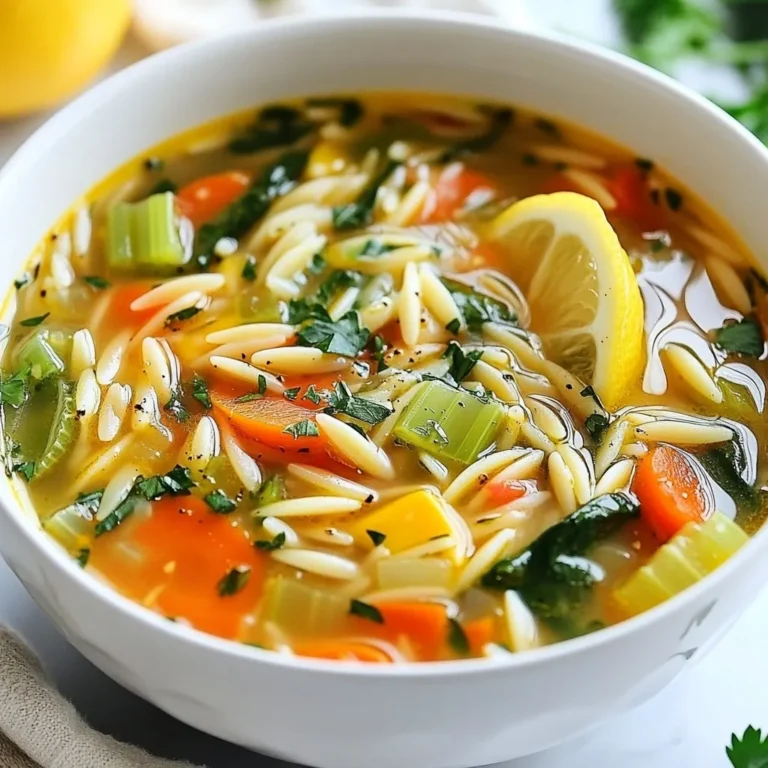 For this hearty vegetable orzo soup, gather these ingredients: - 1 cup orzo pasta - 2 tablespoons olive oil - 1 medium onion, finely diced - 2 garlic cloves, minced - 2 medium carrots, peeled and diced - 2 stalks celery, diced - 1 bell pepper, diced (your choice of color) - 1 medium zucchini, diced - 1 can (14 oz) diced tomatoes with juices - 6 cups vegetable broth - 1 teaspoon dried thyme - 1 teaspoon dried basil - Salt and black pepper, to taste - 2 cups fresh spinach, roughly chopped - Juice of 1 fresh lemon - Fresh parsley, chopped, for garnishing Using fresh ingredients brings great taste and nutrition. Fresh vegetables like carrots, celery, and zucchini add crunch and color. They also keep the soup vibrant. Canned ingredients save time. Diced tomatoes in a can provide flavor and convenience. You can mix both fresh and canned for a balanced soup. You can swap ingredients based on what you have. If you don’t have orzo, try small pasta or rice. For broth, vegetable or chicken broth works well. Fresh herbs like thyme and basil can be replaced with dried ones. Just use less, as dried herbs are stronger. Always taste and adjust the seasoning to fit your palate. {{ingredient_image_2}} 1. Start by heating 2 tablespoons of olive oil in a large pot over medium heat. 2. Add 1 cup of finely diced onion and cook for 4-5 minutes, until soft. 3. Toss in 2 minced garlic cloves and stir for one minute until fragrant. 4. Now, add 2 diced carrots, 2 stalks of diced celery, and 1 diced bell pepper. Cook for 5-7 minutes until they soften. 5. Next, stir in 1 diced zucchini and let it cook for another 3 minutes. 6. Pour in 1 can of diced tomatoes with their juices and 6 cups of vegetable broth. Mix well. 7. Season with 1 teaspoon of dried thyme, 1 teaspoon of dried basil, and add salt and black pepper to taste. 8. Bring the soup to a gentle boil, then add 1 cup of orzo pasta. Reduce heat to low and simmer for about 10 minutes. 9. In the last 2 minutes, fold in 2 cups of chopped spinach and the juice of 1 lemon. 10. Taste the soup, adjusting salt, pepper, or lemon juice as needed. 11. Serve in bowls and garnish with fresh parsley. - Chop all vegetables before you start cooking. This will save you time as you cook. - Use pre-diced vegetables from the store if you're short on time. - Keep your broth warm in another pot to speed up cooking time. - You can cook the orzo separately and add it later to avoid overcooking. - Don't skip sautéing the onion and garlic; this builds great flavor. - Watch the orzo while it cooks. Stir it to prevent it from sticking. - Adding spinach too early can make it soggy; wait until the last two minutes. - Remember to taste your soup! Adjusting seasoning enhances the final dish. To boost the flavor of your Vegetable Orzo Soup, use fresh herbs. Fresh thyme or basil adds a bright taste. You can also try a splash of soy sauce or a sprinkle of parmesan cheese for depth. Lemon juice brightens the soup, so add it just before serving. For a spicy kick, include red pepper flakes. Letting the soup sit for a few hours or overnight can deepen the flavors too. Cooking orzo is simple, but timing is key. Add the orzo to the soup when it boils. Stir it gently to keep it from sticking. Cook it until it’s al dente, about 10 minutes. If you prefer a firmer texture, reduce the cooking time slightly. If you overcook it, the orzo may become mushy and lose its shape. Serve the Vegetable Orzo Soup hot in bowls. Garnish with fresh parsley for color and taste. This soup pairs well with crusty bread or a light salad. A drizzle of olive oil on top can enhance the flavor too. For a complete meal, try adding a protein like grilled chicken or chickpeas. Enjoy this cozy dish on a cold day or whenever you need comfort! Pro Tips Use Fresh Herbs: Fresh herbs like thyme and basil enhance the flavor profile of the soup significantly compared to dried herbs. Add them towards the end of cooking for maximum freshness. Adjust Consistency: If you prefer a thicker soup, you can blend a portion of the soup and return it to the pot. This will create a creamy texture without adding any dairy. Meal Prep Friendly: This soup can be made in larger batches and stored in the fridge for up to 5 days. It also freezes well, making it a great option for meal prep. Enhance with Protein: For a heartier meal, consider adding cooked chicken, beans, or lentils to the soup. This not only boosts protein but also adds more texture. {{image_4}} You can add proteins to this soup for extra heartiness. Cooked chicken, turkey, or shrimp work well. Just add them in the last few minutes of cooking. This keeps the protein tender. For a plant-based option, try chickpeas or white beans. They add protein and fiber while keeping it delicious. This soup is naturally vegetarian. To make it vegan, use vegetable broth and skip any chicken or cheese toppings. You can also add tofu for protein. Firm tofu works best. Just cube it and stir it in during the last few minutes. This way, it warms up without breaking apart. You can change the vegetables based on what’s in season. In spring, add asparagus or peas for a fresh taste. In summer, use corn or tomatoes for sweetness. Autumn calls for root veggies like sweet potatoes or butternut squash. In winter, kale or hearty greens bring warmth and nutrition. Adjust your soup to match the season for the best flavors! To keep your vegetable orzo soup fresh, store it in an airtight container. Let the soup cool to room temperature before sealing. This helps prevent condensation, which can make the soup watery. Use glass or BPA-free plastic containers for safe storage. Always label your containers with the date you made the soup. You can freeze vegetable orzo soup for up to three months. When freezing, leave some space in the container for expansion. To reheat, thaw it in the fridge overnight or use the microwave. Heat on low to avoid overcooking the orzo. Stir often while reheating. If the soup seems thick, add a splash of broth or water to loosen it. Most of the fresh ingredients in your soup have a good shelf life. Here’s a quick guide: - Orzo pasta: Lasts up to 2 years if kept dry. - Fresh vegetables: Use within a week for best flavor and texture. - Canned tomatoes: Check the can for a date, but they often last 1-2 years unopened. - Vegetable broth: Once opened, use within 4-7 days if stored in the fridge. By following these tips, you’ll enjoy your bold and flavorful vegetable orzo soup whenever you want! Yes, you can use other pasta in this soup. Small pasta shapes work best. Try ditalini, elbow macaroni, or even small shells. Just remember to adjust the cooking time based on the pasta you choose. To add heat, sprinkle in some red pepper flakes. You can also use chopped jalapeños or a dash of hot sauce. Start small and taste as you go. This way, you can control the spice level. Absolutely! This soup is packed with veggies like carrots, celery, and spinach. It has fiber, vitamins, and minerals. Using vegetable broth keeps it light, while orzo gives you energy. This dish is a great choice for a healthy meal. Yes, this soup is great for meal prep. You can make it a day or two ahead. Just store it in the fridge. The flavors blend better after a day. However, it's best to add fresh spinach just before serving. To thicken the soup, you have a few options. You can add more orzo or some mashed potatoes. Another way is to blend a portion of the soup and mix it back in. This will make it creamy and hearty without adding cream. We covered key ingredients and tips for making soup. You learned about using fresh or canned items and creative substitutions. I shared step-by-step cooking instructions and time-saving tips. Enhancing flavors and perfecting orzo made the soup even better. You also explored variations to fit your diet. Remember proper storage and reheating tips to keep your soup fresh. Use these insights to create delicious meals and enjoy cooking. Your new skills will make your kitchen a happier place!