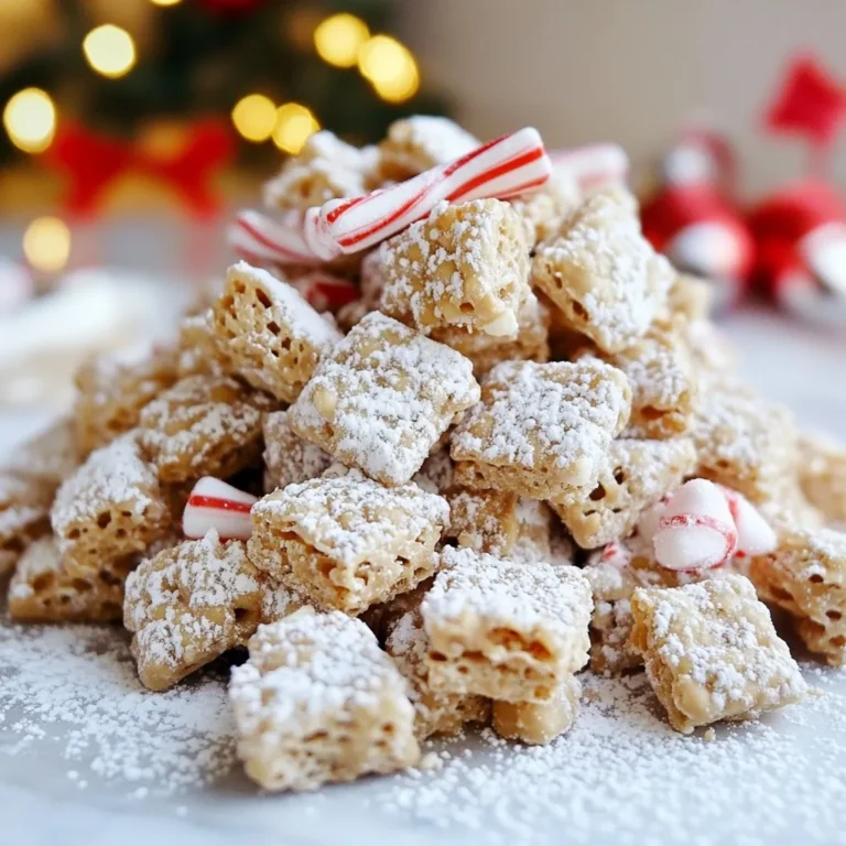 To start, gather your key ingredients for peppermint bark puppy chow. Here’s what you need: - 9 cups Rice Chex cereal - 1 cup semi-sweet chocolate chips - 1/2 cup creamy peanut butter - 1/4 cup unsalted butter - 1 teaspoon pure vanilla extract - 1/2 teaspoon peppermint extract - 1 cup powdered sugar - 1/2 cup crushed peppermint candies or crushed candy canes Make sure to measure each item carefully. This helps in getting the best taste and texture. For the chocolate chips, I recommend Ghirardelli or Nestlé. Both brands melt well and have a rich flavor. For peanut butter, Jif or Skippy offers a smooth texture. These brands mix nicely with chocolate and make the perfect coating. If you have allergies or dietary needs, there are some easy swaps. Use dairy-free chocolate chips for a vegan version. Almond butter or sunflower seed butter can replace peanut butter. For a nut-free option, choose sunbutter. You can also use gluten-free cereal if needed. {{ingredient_image_2}} First, grab a large mixing bowl. Measure out 9 cups of Rice Chex cereal and pour it in. Make sure you set this bowl aside for later. This cereal gives a great crunch to your puppy chow. Next, take a medium saucepan. Add 1 cup of semi-sweet chocolate chips, 1/2 cup of creamy peanut butter, and 1/4 cup of unsalted butter. Place the saucepan on low heat. Stir the mixture constantly. Keep stirring until everything melts and blends smoothly. This step is key for a creamy mix. Once melted, remove the saucepan from the heat. Stir in 1 teaspoon of pure vanilla extract and 1/2 teaspoon of peppermint extract. Mix well to combine all those lovely flavors into the chocolate-peanut butter blend. Now, pour the melted mixture over the Rice Chex in your large bowl. Use a spatula to gently fold the cereal in. Be careful not to crush the cereal pieces. You want them to stay crunchy and coated. Next, take a large resealable plastic bag. Add 1 cup of powdered sugar and 1/2 cup of crushed peppermint candies to the bag. Spoon the chocolate-covered Rice Chex into the bag. Seal it tightly and shake gently. This helps coat every piece in the sugary peppermint mix. Finally, spread the coated puppy chow on a baking sheet lined with parchment paper. Let it cool for about 30 minutes at room temperature. Once cool, break it into bite-sized clusters. Store them in an airtight container for later munching. Enjoy your festive treat! To avoid clumps in your melted mixture, keep the heat low. Stir all the time. This way, the chocolate and peanut butter blend smoothly. If you see clumps, take it off the heat. Stir more until it's smooth again. Be patient! A little extra time makes a big difference. When coating the cereal, work gently. Use a spatula to fold the chocolate over the Rice Chex. Avoid smashing the cereal. You want each piece to stay whole. Make sure every piece gets a nice coat. This gives you that rich flavor in every bite. Store your peppermint bark puppy chow in an airtight container. This keeps it fresh and crunchy. If you have any left after a week, check for stale pieces. It’s best eaten within two weeks. For longer storage, freeze it in a safe bag. Just remember to thaw it before enjoying! Pro Tips Use High-Quality Chocolate: Choosing a high-quality semi-sweet chocolate will enhance the flavor of your peppermint bark puppy chow, making it richer and more decadent. Crush Peppermint Candies Finely: For a more even distribution and to avoid large chunks, crush the peppermint candies into fine pieces before adding them to the mixture. Cool Completely: Allow the puppy chow to cool completely before breaking it into pieces to ensure that it holds its shape and texture. Store Properly: Keep the puppy chow in an airtight container at room temperature to maintain its crunchiness and freshness for longer. {{image_4}} You can make peppermint bark puppy chow even better with some fun add-ins. Try adding mini marshmallows for a soft, chewy bite. For a crunch, toss in some pretzel pieces. You can also use different types of candy. White chocolate chips can add a sweet touch. You may even mix in some dark chocolate for a richer flavor. Each new ingredient changes the taste and makes it special. If you have nut allergies, you can still enjoy this snack. Use sun butter instead of peanut butter. It has a similar texture and flavor. For a dairy-free option, choose dairy-free chocolate chips. These swaps keep the snack safe and tasty. You won’t miss the nuts or dairy in this recipe. You can adapt this recipe for other holidays too. For Halloween, swap the peppermint for pumpkin spice. Add some orange and black sprinkles for fun. In spring, use pastel-colored candies for a bright look. You can even change the flavor to match the season. The key is to keep it festive and fun. Your puppy chow will be a hit all year round! To keep your peppermint bark puppy chow fresh, use an airtight container. This will help prevent it from getting stale. You can store it at room temperature, away from direct sunlight. Make sure the container is sealed tightly. If you follow these steps, your snack will stay tasty for days. Peppermint bark puppy chow can last about one week at room temperature. If you store it in the fridge, it can last up to two weeks. Just be sure to keep it in an airtight container. This will help maintain its crisp texture and flavor. After a week, the taste might start to fade. You can freeze peppermint bark puppy chow for longer storage. Use a freezer-safe bag or container. Make sure to remove as much air as possible to avoid freezer burn. When you're ready to eat it, let it thaw at room temperature. This will help restore its crunch. It can last up to three months in the freezer, making it a great option for holiday prep. Yes, you can! While Rice Chex cereal works great, you can try other cereals too. Corn Chex or Crispix can be good options. They add a nice crunch and taste. Just make sure to keep the same amount, about 9 cups. This way, you get the same fun texture. If you want less sugar, you have options. Use dark chocolate chips instead of semi-sweet. You can also cut back on the powdered sugar. Try using just half a cup instead of a full cup. Adding a pinch of salt can balance the sweetness too. Adjust to your taste for the perfect treat! If you can't find crushed peppermint candies, don’t worry. You can use crushed pretzels for a salty twist. Another option is using mini chocolate chips. They add a nice chocolatey flavor without the mint. You can even skip the candies altogether if you prefer. You learned how to make Peppermint Bark Puppy Chow by following a clear guide. We covered key ingredients, steps to prepare, and tips to avoid clumps. You can also explore variations to suit your taste and preferences. Remember to store your treats properly to keep them fresh longer. This snack is fun to make and share. Try it during holidays or special occasions. Enjoy making this easy, tasty treat again and again!