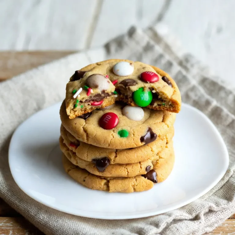 - 1 cup unsalted butter, softened to room temperature - 1 cup brown sugar, tightly packed - 1/2 cup granulated sugar - 1 large egg, at room temperature - 2 teaspoons pure vanilla extract - 2 1/2 cups all-purpose flour - 1 teaspoon baking soda - 1 teaspoon fine sea salt - 1 cup mini chocolate chips - 1 cup Christmas-themed M&M's - 1 tablespoon colorful sprinkles (for decoration, optional) When I make Christmas Cookie Monster Cookies, I love using these simple ingredients. They come together to create a soft and chewy cookie filled with festive joy. Each ingredient plays a role in building flavor and texture. Optional Decoration Items: You can add colorful sprinkles for a fun touch. Sprinkles bring a joyful look to the cookies. They also add a little crunch. You can use any type of sprinkles you like! {{ingredient_image_2}} Start by preheating your oven to 350°F (175°C). This temperature works best for baking cookies. Next, line two baking sheets with parchment paper. This step makes cleanup easy and helps the cookies not stick. In a large mixing bowl, add 1 cup of softened unsalted butter, 1 cup of packed brown sugar, and 1/2 cup of granulated sugar. Use a hand mixer or a stand mixer. Mix these on medium speed for about 3-4 minutes. You want the mixture to be light and fluffy. This step adds air to the dough and makes the cookies soft. Now, it’s time to add one large egg and 2 teaspoons of pure vanilla extract to the bowl. Beat this mixture again until everything is mixed well. Make sure there are no streaks of egg left. This part helps bind the dough together. In another bowl, whisk together 2 1/2 cups of all-purpose flour, 1 teaspoon of baking soda, and 1 teaspoon of fine sea salt. Gradually add this dry mixture to the wet mixture. Mix until just combined to avoid overworking. Overmixing can make the cookies tough. Gently fold in 1 cup of mini chocolate chips and 1 cup of festive Christmas-themed M&M's using a rubber spatula. Be sure to mix them evenly throughout the dough. This step adds fun and flavor to each bite. Using a cookie scoop or a tablespoon, portion the dough onto the prepared baking sheets. Space each cookie about 2 inches apart. This allows the cookies to spread while baking. Bake them in the oven for 10-12 minutes, but keep an eye on them. The edges should be lightly golden, while the centers remain soft. Once the cookies are baked, remove them from the oven. Let them cool on the baking sheet for about 5 minutes. Then, transfer them to a wire rack to cool completely. Cooling is key to getting the right texture. Enjoy the smell of fresh cookies! When baking cookies, the key is to know when to stop. Underbaking yields soft, chewy cookies. Overbaking gives you crunchy treats. For the best texture, take them out when the edges are golden and the centers look a bit shiny. They will firm up as they cool. Make your cookies shine with fun decorations! After baking, try drizzling melted chocolate over the tops. You can also add colorful sprinkles or extra M&M's for a festive touch. Stacking them on a lovely plate adds to the holiday charm. A sprinkle of powdered sugar can make them look extra special. Sometimes cookie dough can be tricky. If your dough is too crumbly, mix in a little milk. This helps bind it together. If it’s too sticky, add a bit more flour. Always remember to measure your ingredients carefully. This will help you avoid common problems and create perfect cookies every time! Pro Tips Chill the Dough: For thicker cookies, chill the dough for at least 30 minutes before baking. This helps prevent spreading and gives the cookies a better texture. Use Room Temperature Ingredients: Ensure your butter and egg are at room temperature for a smoother batter and better incorporation of ingredients. Don’t Overbake: To achieve soft and chewy cookies, take them out of the oven when the edges are golden but the centers are still slightly underbaked. They will continue to cook on the baking sheet. Storage Tip: Store cookies in an airtight container at room temperature for up to a week, or freeze for longer storage. Layer with parchment paper to prevent sticking. {{image_4}} You might want to try different sugars or flours. For a healthier option, use coconut sugar instead of brown sugar. This gives a slight caramel flavor while lowering the glycemic index. If you’re gluten-free, replace all-purpose flour with almond flour. It adds a nutty taste and keeps cookies soft. Get creative with themes! For Halloween, swap Christmas-themed M&M's for orange and black candies. You can even change the sprinkles to match the season. For birthdays, use colorful sprinkles and mix in pastel candies. This makes the cookies fun for any occasion! Consider adding fun mix-ins. Try adding crushed peppermint candies for a minty twist. You can also mix in nuts like walnuts or pecans for crunch. Another great idea is to add dried fruits like cranberries or cherries for a tangy flavor. These simple changes keep your cookies exciting! When storing your Christmas Cookie Monster cookies, keep them in an airtight container. This helps keep them soft and fresh. You can store them at room temperature for up to a week. If you live in a humid area, refrigeration might be better. However, cold air can make cookies hard. Freezing cookies is easy and fun! To freeze, let the cookies cool completely. Then, place them in a single layer on a baking sheet and freeze for 1-2 hours. Once frozen, transfer them to a freezer bag. Remove as much air as possible before sealing. They can last up to three months in the freezer. You can bake them straight from the freezer. Just add a couple of extra minutes to the baking time. Understanding how long cookies last is key to enjoying them. At room temperature, these cookies stay fresh for about seven days. In the fridge, they can last up to two weeks. When frozen, they taste great up to three months later. Just remember to check for any signs of freezer burn to keep them at their best! These cookies can last up to a week. Store them in an airtight container at room temperature. If you want them to stay fresh longer, keep them in the fridge. Yes, you can prepare the dough ahead of time. Wrap it well in plastic wrap and keep it in the fridge for up to three days. This way, you can bake fresh cookies whenever you want. You can use white chocolate chips, butterscotch chips, or even chopped nuts. They add a fun twist to your cookies. Just make sure to keep the same amount. Yes, you can freeze these cookies! After baking, let them cool completely. Place them in a single layer on a baking sheet. Freeze until firm, then transfer to a freezer bag. They can last up to three months. This article covered everything you need to bake tasty cookies. You learned the right ingredients, step-by-step instructions, and helpful tips. We explored fun variations and how to store cookies for freshness. Remember, cookie baking can be creative and enjoyable. Use these techniques to impress friends and family. Now, get in the kitchen and start baking those delicious cookies!