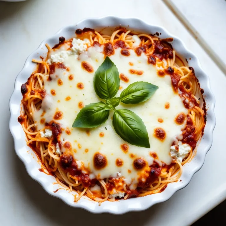 - 8 oz spaghetti - 2 cups shredded mozzarella cheese, divided - 1 cup ricotta cheese - 1/2 cup grated Parmesan cheese - 2 large eggs - 1/4 cup milk - 1 cup marinara sauce - 1/2 tsp garlic powder - 1/2 tsp dried oregano - Salt and pepper to taste - Fresh basil leaves for garnish You can swap spaghetti with whole wheat pasta for a healthier option. Try using cottage cheese in place of ricotta for a lighter taste. If you want a dairy-free pie, use vegan cheese instead. Add cooked ground meat for extra protein. You can also replace marinara with pesto for a unique flavor twist. For this recipe, you will need: - A large pot for boiling pasta - A mixing bowl for the cheese mixture - A whisk or spoon to mix - A pie dish or round baking dish - A spatula to spread the mixture - An oven to bake the pie These tools will help you create a perfect cheesy spaghetti pie without any fuss. Enjoy the process! {{ingredient_image_2}} First, preheat your oven to 350°F (175°C). This gets it ready for baking. Cook 8 oz of spaghetti according to the package. Aim for al dente, which means firm yet tender. Once cooked, drain the pasta and let it cool a bit. This helps the pasta hold its shape later. In a large bowl, mix together the cheese. Add 1 cup of ricotta, 1 cup of shredded mozzarella, and 1/2 cup of grated Parmesan. Crack in 2 large eggs and pour in 1/4 cup of milk. Then, sprinkle in 1/2 tsp garlic powder and 1/2 tsp dried oregano. Don’t forget some salt and pepper! Use a whisk or spoon to blend everything until it's creamy and smooth. Now, gently fold the cooked spaghetti into the cheese mix. Make sure every strand gets coated well. Lightly grease a pie dish with non-stick spray. Spread the spaghetti mixture evenly in the dish. Next, pour 1 cup of marinara sauce over the top. Spread it out to cover the spaghetti. Finally, sprinkle the remaining 1 cup of mozzarella on top for that gooey finish. Place your dish in the preheated oven. Bake for about 25-30 minutes. Keep an eye on it; you want the cheese to bubble and turn golden brown. When it’s ready, take it out and let it rest for about 5 minutes. This helps it set. Serve with fresh basil leaves for a nice touch! To make the cheese mixture creamy, use fresh ricotta cheese. It gives a rich taste. Mix it well with mozzarella and Parmesan for a smooth blend. Always add eggs and milk to bind the cheese together. This keeps your pie from falling apart. Don't rush this step; a good mix makes a big difference. Bake the pie in a preheated oven at 350°F. This helps the cheese melt evenly. Keep an eye on your pie as it bakes. You want the cheese to bubble and turn golden brown. If the top browns too fast, cover it with foil. Let it sit for five minutes after baking. This helps it set and makes slicing easier. For a tasty twist, serve your pie with a side salad. Mixed greens dressed with olive oil and lemon juice add freshness. You can also add croutons for crunch. If you love herbs, sprinkle extra basil on top before serving. This adds color and flavor. Enjoy your cheesy spaghetti pie with family or friends for a special meal. Pro Tips Use Fresh Herbs: Adding fresh herbs like basil or parsley enhances the flavor profile of your spaghetti pie, making it taste even more vibrant and fresh. Experiment with Cheeses: Feel free to mix different types of cheese such as cheddar or fontina for a unique twist on the classic cheesy flavor. Make Ahead: Prepare the spaghetti pie ahead of time and store it in the refrigerator. Bake it just before serving for an easy weeknight dinner. Check for Doneness: Ensure the pie is fully cooked by checking that the cheese is bubbling and slightly browned, which indicates a deliciously baked dish. {{image_4}} You can easily make a vegetarian version of cheesy spaghetti pie. Swap out the marinara sauce for a rich tomato basil sauce. Add in some fresh veggies like spinach, bell peppers, or mushrooms. These veggies bring a pop of color and a nice crunch. You can also mix in some cooked lentils for extra protein. This makes the dish even heartier without any meat. If you like heat, spice up your cheesy spaghetti pie. Add red pepper flakes or diced jalapeños to the cheese mixture. You can also use spicy marinara sauce for a bolder flavor. Another fun idea is to top the pie with pepper jack cheese instead of mozzarella. This adds a creamy kick that will wake up your taste buds. For a gluten-free version, choose gluten-free spaghetti. Many brands offer great options that taste just as good. You can also use spiralized zucchini or squash as a fun twist. Instead of regular breadcrumbs, use gluten-free breadcrumbs for topping. This way, you still get that crunchy texture. Make sure to check all other ingredients for gluten-free labels, especially the marinara sauce. After enjoying your cheesy spaghetti pie, store any leftovers in the fridge. Use an airtight container to keep the pie fresh. It can last for about 3 to 4 days. Before storing, let the pie cool to room temperature. This helps prevent condensation in the container. To enjoy later, simply take it from the fridge when you're ready. If you want to save your cheesy spaghetti pie for later, freezing is a great option. You can freeze it before or after baking. To freeze before baking, wrap the dish tightly in plastic wrap and then in foil. This helps keep the flavors intact. If freezing after baking, let it cool first. Then, cut it into pieces for easy serving. Use a freezer-safe container or wrap it well. It can last up to 2 months in the freezer. Reheating your cheesy spaghetti pie is simple. If you refrigerated it, take it out and let it sit for about 10 minutes. This helps it heat evenly. You can reheat it in the oven at 350°F (175°C) for about 15-20 minutes. If you froze it, you can bake it straight from the freezer. Just add an extra 10-15 minutes to the time. For a quicker option, use the microwave. Heat it in short bursts, checking often. Enjoy your warm and cheesy meal! You can pair Cheesy Spaghetti Pie with a fresh side salad. A simple mix of greens, tomatoes, and cucumbers works well. Drizzle some olive oil and lemon juice for flavor. Garlic bread also makes a great side. The crunchy bread adds a nice texture to the meal. To keep your spaghetti from sticking, rinse it with cold water after cooking. This cools the pasta and stops the cooking process. You can also toss it with a bit of olive oil. This will coat the pasta and help it stay separate. Yes, you can prepare Cheesy Spaghetti Pie ahead of time. Assemble it, cover it, and store it in the fridge for up to 24 hours. Just remember to bake it when you’re ready. If it’s cold from the fridge, add a few extra minutes to the baking time. In this post, we explored Cheesy Spaghetti Pie. We covered ingredients, tools, and step-by-step instructions. I shared tips for perfecting your cheese mix and baking it just right. You learned about tasty variations and storage options too. Remember, creativity can make this dish your own. I hope this helps you make a great meal. Enjoy your cooking!