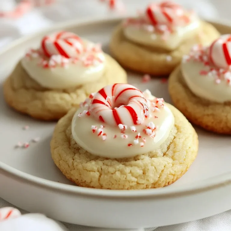 - 1 cup unsalted butter, softened: This helps create a rich and creamy texture. - 1 cup powdered sugar: This adds sweetness and helps the cookies stay soft. - 1 teaspoon vanilla extract: Use pure vanilla for the best flavor. - 2 ½ cups all-purpose flour: The base of our cookie dough gives structure. - ¾ teaspoon baking powder: This helps the cookies rise and become fluffy. - ¼ teaspoon salt: A small amount enhances the overall taste. - 1 cup crushed candy canes (plus extra for garnish): These add a refreshing minty flavor and a festive touch. - 24 Hershey's Candy Cane Kisses, unwrapped: These melted kisses top the cookies for a sweet surprise. - I recommend using unsalted butter to control the saltiness in your cookies. - Choose fresh candy canes for the best crunch and flavor. - Feel free to crush the candy canes in a zip-top bag for less mess. - Always use room temperature butter for easy mixing. This ensures a smooth dough. With these ingredients, you're ready to create your festive treats! Enjoy the process and the delicious results. {{ingredient_image_2}} First, preheat your oven to 350°F (175°C). This step ensures even baking. Next, prepare your baking sheet by lining it with parchment paper. This will help prevent sticking. In a large mixing bowl, combine 1 cup of softened unsalted butter and 1 cup of powdered sugar. Beat this mixture on medium speed for about 2-3 minutes. You want it to be light and fluffy. This texture makes your cookies soft and nice. In a separate medium bowl, whisk together 2 ½ cups of all-purpose flour, ¾ teaspoon of baking powder, and ¼ teaspoon of salt. Mix these dry ingredients until they are evenly combined. Gradually add this dry mixture to your butter-sugar blend. Mix until just combined. Be careful not to overwork the dough. Now, gently fold in 1 cup of crushed candy canes. This will add a fun, festive flavor to your cookies. Make sure the candy canes are evenly distributed throughout the dough. Using a tablespoon or cookie scoop, portion out the dough. Roll it into balls and place them on the prepared baking sheet. Space the balls about 2 inches apart. This spacing allows for even baking. Bake your cookies in the preheated oven for 10-12 minutes. Look for the edges to turn a light golden color. This is a sign they are ready. After baking, let the cookies cool on the sheet for about 5 minutes. During this time, gently press a Hershey's Candy Cane Kiss into the center of each cookie. The heat will make the kiss melt slightly into the soft cookie. Transfer the cookies to a wire rack to cool completely. While they are still warm, sprinkle some additional crushed candy canes on top. This adds a nice festive touch. Enjoy these cookies with milk or your favorite holiday drink! To make sure your Candy Cane Kiss Cookies turn out great, follow these tips: - Prevent Spreading: Chill the dough for 30 minutes before baking. This helps keep the cookies thick and fluffy. - Ensure Fluffiness: Beat the butter and sugar well. This adds air to the mix, making your cookies soft and light. - Even Baking: Space the cookie balls about 2 inches apart. This allows hot air to circulate and bake them evenly. Decorating your cookies can be just as fun as baking them! - Garnishing with Crushed Candy Canes: While the cookies are warm, sprinkle some crushed candy canes on top. This adds a nice crunch and extra flavor. - Using Different Types of Kisses: Try using other flavors of Kisses, like milk chocolate or caramel. This gives a fun twist to your festive treats. Pro Tips Use Room Temperature Butter: Make sure your butter is softened to room temperature for better incorporation into the dough, which results in a lighter and fluffier cookie. Chill the Dough: If you have time, chilling the dough for at least 30 minutes can help the cookies maintain their shape, especially when adding the Candy Cane Kisses. Perfectly Press the Kisses: For a beautiful finish, press the Candy Cane Kisses into the cookies while they are still warm but not too hot, ensuring they melt just enough to adhere without becoming overly soft. Experiment with Flavors: Feel free to replace crushed candy canes with other festive ingredients like crushed peppermint or different flavored kisses for a unique twist on this classic recipe. {{image_4}} You can easily change the flavor of your Candy Cane Kiss Cookies. One fun way is to swap the vanilla extract with other flavor extracts. Try peppermint for a stronger minty flavor or almond for a nutty twist. Each option gives your cookies a unique taste that can surprise your friends and family. Another tasty variation is using white chocolate instead of Candy Cane Kisses. Melt white chocolate chips and drizzle them over the cookies. This adds a creamy sweetness that pairs well with the crunch of candy canes. You can also use other flavors of Kisses, like dark chocolate or caramel. Each type adds a distinct flavor and makes your cookies special. If you need gluten-free options, you can replace the all-purpose flour with a gluten-free blend. Look for a blend that includes xanthan gum for better texture. This way, everyone can enjoy your festive treats without worry. For vegan adaptations, substitute the unsalted butter with vegan butter or coconut oil. Use a flax egg instead of a regular egg by mixing one tablespoon of flaxseed meal with three tablespoons of water. This simple swap helps make your cookies vegan without losing their deliciousness. With these variations, you can create a Candy Cane Kiss Cookie that fits everyone's tastes and needs! To keep your Candy Cane Kiss Cookies fresh, store them in an airtight container. This helps prevent them from drying out. If you leave them at room temperature, they stay good for about a week. If you want to keep them for longer, place them in the fridge. They can last up to two weeks in the fridge. Just make sure to let them come back to room temperature before enjoying. For long-term storage, you can freeze these cookies. Place them in a freezer-safe bag or container. They can stay fresh for up to three months in the freezer. When you're ready to eat them, simply take out what you need and let them thaw at room temperature. When you're ready to serve these cookies, you may want them warm. To reheat, you can place them in the microwave for about 10-15 seconds. This will warm them up nicely without making them tough. If you've frozen the cookies, let them thaw first. After thawing, reheat them using the microwave or an oven set to 350°F (175°C) for about 5 minutes. This keeps them soft and tasty, just like when they were fresh. Enjoy these festive treats with a glass of milk for the best experience! Can I use different types of kisses? Yes, you can use different types of kisses. Try using milk chocolate or dark chocolate kisses. Each type will change the taste. You can also explore seasonal flavors, like pumpkin spice. This adds a fun twist to your cookies. How do I know when the cookies are done baking? You can tell the cookies are done when the edges turn light golden. Bake them for 10-12 minutes. If they look soft in the middle, that's okay. They will firm up as they cool. Can I add other mix-ins to the dough? Absolutely! You can add nuts, chocolate chips, or dried fruit. Just mix them in gently. This adds texture and flavor to your cookies. How can I make these cookies less sweet? To make the cookies less sweet, cut back on the powdered sugar. You can use half a cup instead of a full cup. Also, choose dark chocolate kisses for less sweetness. This guide shows you how to bake amazing Candy Cane Kiss cookies. You learned about every ingredient and crucial steps. I shared tips for perfecting your cookies and exciting variations. Remember, you can customize these cookies to fit your taste or diet. Store them properly for freshness and enjoy them warm. Baking is about joy, so have fun experimenting. Enjoy your sweet treats!