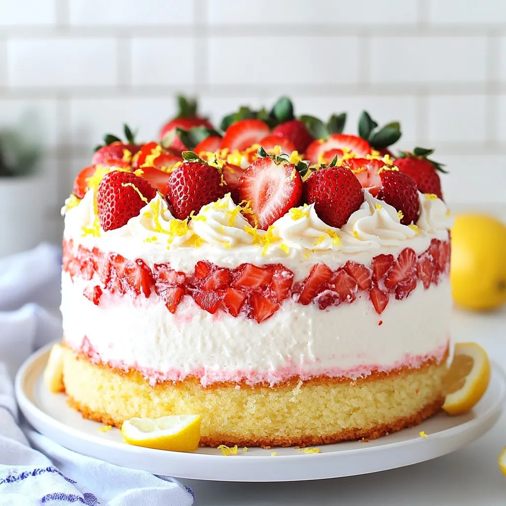 - 2 cups all-purpose flour - 1 ½ cups granulated sugar - ½ cup unsalted butter - 1 cup whole milk - 3 large eggs - 2 teaspoons baking powder - 1 teaspoon vanilla extract - ½ teaspoon salt - 1 ½ cups fresh strawberries, hulled and finely chopped - ¼ cup strawberry puree - Zest of 1 lemon You may want to adjust some ingredients. Here are some swaps you can try: - Alternative flours for gluten-free options: Use almond flour or coconut flour. Measure carefully as these can change texture. - Dairy-free substitutions: Swap whole milk for almond milk or oat milk. Use vegan butter for a dairy-free option. - Sweetener alternatives: Try honey or maple syrup instead of granulated sugar for a natural touch. These changes keep your cake tasty while meeting dietary needs. Always remember to check the consistency when you mix. Enjoy your baking adventure! {{ingredient_image_2}} Greasing the pans helps the cake slide out easily. Use butter or oil to grease them. Parchment paper is also a great choice. It makes cleanup simple. Properly prepared pans help the cake rise evenly. This step sets you up for success. Start by creaming the butter and sugar. Use an electric mixer on medium speed. Mix until the mixture is light and fluffy. This usually takes about 3 to 5 minutes. Next, add the eggs one at a time. Blend well after each egg. This keeps your batter smooth. Then mix in the vanilla extract and lemon zest. This adds a nice flavor. In a separate bowl, whisk together flour, baking powder, and salt. This ensures even mixing. Gradually add the dry mix to the butter mixture. Alternate with milk. Start with one-third of the flour, then half of the milk. Repeat until combined. Be careful not to overmix. Next, gently fold in the chopped strawberries and puree. Use a spatula to keep them intact. Preheat your oven to 350°F (175°C). Divide the batter between the prepared pans. Smooth the tops with a spatula. Bake for 25 to 30 minutes. Check for doneness with a toothpick. It should come out clean or with a few moist crumbs. After baking, cool the cakes in the pans for 10 minutes. Transfer them to wire racks to cool completely. This takes about 30 to 40 minutes. Enjoy the sweet aroma of fresh strawberry cake! For an ultra moist strawberry cake, start with room temperature ingredients. When butter, eggs, and milk are warm, they mix better. This gives your cake a fluffy texture. It also helps the cake rise properly. Next, use strawberry puree in your batter. This adds moisture and a fresh strawberry flavor. Blend some strawberries to make the puree. This simple step makes a big difference in taste and texture. When it comes to frosting, you have two tasty options: whipped cream or cream cheese. Whipped cream is light and airy, while cream cheese is rich and creamy. Choose based on your taste. Both options pair well with strawberries. Garnish your cake with fresh fruit. Add sliced strawberries on top for a pop of color. You can also sprinkle some lemon zest around the cake. This adds a nice touch and a zesty hint. Pair your cake with refreshing beverages. A glass of iced tea or lemonade complements the flavors well. This cake is perfect for special occasions. Serve it at birthday parties or family gatherings. It also works well for summer picnics. You can impress your guests with this delightful treat! Pro Tips Use Room Temperature Ingredients: Ensuring that your eggs and milk are at room temperature helps to create a smoother batter and promotes even baking. Don't Overmix: Once you combine the wet and dry ingredients, mix just until incorporated. Overmixing can lead to a denser cake. Fresh Strawberries: For the best flavor and moisture, use fresh, ripe strawberries. This will enhance the cake's natural sweetness and juiciness. Cool Completely: Allow the cakes to cool completely on wire racks before frosting to prevent the frosting from melting and ensure a perfect finish. {{image_4}} You can make this cake even more exciting by adding nuts or other fruits. Chopped walnuts or pecans mix well with strawberries. You might also try adding blueberries or raspberries for a fun twist. Another idea is to infuse the cake with herbs. Basil or mint can add a fresh taste. Just chop them finely and mix them in with the strawberries. Want to impress your guests? Create a multi-layered strawberry cake! Bake three or four thinner layers instead of two. Stack them high with frosting in between. You can even add fruit filling between layers, like a strawberry jam or a lemon curd. This adds extra flavor and makes each bite special. If you prefer cupcakes, you can easily adapt the cake recipe. Use a muffin tin instead of cake pans. Fill each cup about two-thirds full with batter. Bake them for about 18-22 minutes. Check for doneness with a toothpick. Cupcakes are fun for parties and easy to serve! To keep your ultra moist strawberry cake fresh, wrap it well. Use plastic wrap or aluminum foil to cover the cake tightly. If you have slices, place them in an airtight container. Store it in the fridge for up to five days. If you want to save the cake for longer, freezing is a great option. Slice the cake into pieces and wrap each slice in plastic wrap. Then, place the slices in a freezer bag. You can freeze the cake for up to three months without losing flavor. The cake stays fresh for about five days in the fridge. After this, it may start to dry out. Look for signs of spoilage. If you see mold or an off smell, it's best to throw it away. A dry texture can also signal that it’s past its prime. To refresh the cake, preheat your oven to 350°F (175°C). Place the cake slices on a baking sheet. Cover them loosely with foil to keep moisture in. Heat for about 10 minutes. This will help bring back some softness. If you prefer, you can also enjoy the leftover cake cold. A slice with fresh strawberries on top can be a delightful treat. It’s great paired with a cup of tea or coffee! To boost the flavor of your strawberry cake, try adding: - A splash of almond extract - A few tablespoons of lemon juice - A sprinkle of cinnamon for warmth - Chopped mint leaves for freshness These small changes can enhance the taste. Experiment to find your favorite mix! Yes, you can use frozen strawberries. However, be aware that they may change the cake's texture. Frozen strawberries can add extra moisture, which might make the cake denser. Thaw them, and drain excess liquid before mixing into the batter. If your cake turns out dry, don’t worry! You can revive it by: - Brushing it with simple syrup made from sugar and water - Adding a layer of frosting for moisture - Serving it with whipped cream or ice cream These options will make each bite more enjoyable. Baking at high altitude can be tricky. To adjust this recipe, try: - Decreasing the baking powder by 1/4 teaspoon - Adding an extra egg to help with structure - Increasing the liquid by 1-2 tablespoons These tweaks can help your cake rise and stay moist. This blog post covered key ingredients and steps for a delicious strawberry cake. I shared tips on mixing the batter, baking, and decorating. You learned about variations, storage, and answers to common questions. In summary, follow the steps closely for the best taste. Use fresh ingredients and don’t skip the tips. Enjoy your baking journey, and share this cake with family and friends!