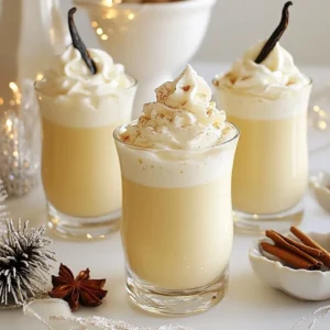 - 4 cups whole milk - 1 cup heavy cream - 3/4 cup granulated sugar - 5 large eggs - 1 teaspoon pure vanilla extract - 1 vanilla bean, split lengthwise with seeds scraped - 1/2 teaspoon ground nutmeg - 1/4 teaspoon ground cinnamon - Whipped cream for garnish - Extra grated nutmeg for garnish For a lighter version of this eggnog, you can use 2% milk instead of whole milk. This will reduce the creaminess but keep the flavor. If you don't have heavy cream, half-and-half works too. You can also swap granulated sugar with brown sugar for a deeper taste. If you prefer a dairy-free option, try almond milk or coconut milk. Just remember, flavors may change slightly. I love using organic whole milk from local dairies. It adds rich flavor. For heavy cream, I recommend brands like Horizon or Organic Valley. They both provide quality products. When it comes to vanilla, look for pure vanilla extract, like Nielsen-Massey. For the vanilla bean, if you can't find it, use an extra teaspoon of pure vanilla extract as a substitute. {{ingredient_image_2}} Start by gathering all your ingredients. You'll need 4 cups of whole milk, 1 cup of heavy cream, and 3/4 cup of granulated sugar. Next, take 5 large eggs and crack them into a bowl. Also, grab a teaspoon of pure vanilla extract and 1 vanilla bean. Don&rsquo;t forget 1/2 teaspoon of ground nutmeg and 1/4 teaspoon of ground cinnamon for flavor. In a medium saucepan, mix the whole milk, heavy cream, sugar, split vanilla bean, and scraped seeds. Heat this mixture over medium heat. Stir it often until the sugar dissolves. Make sure it doesn't boil, as this can change the texture. Now, let&rsquo;s get to the eggs. Whisk the eggs in the mixing bowl until they blend well. To temper the eggs, you need to be careful. Slowly pour 1 cup of the warm milk mixture into the eggs. Whisk fast while you pour. This step warms the eggs gently, so they don't cook too fast. Once the eggs are tempered, pour this egg mix back into the saucepan. Stir it in with the rest of the warm milk mixture. Keep whisking to make sure everything mixes well. Cook this mixture over medium-low heat, stirring all the time. You want it to thicken a bit and reach a gentle simmer, around 160&deg;F. Avoid boiling, as it may curdle. When it thickens, take the saucepan off the heat. Stir in the nutmeg, cinnamon, and vanilla extract. Let it cool to room temperature. Then, chill it in the fridge for at least 2 hours before serving. Serve your chilled eggnog in festive glasses. Top each glass with whipped cream and a sprinkle of grated nutmeg for that special touch! To get that creamy texture in your eggnog, choose whole milk and heavy cream. These two create a rich base. Heating the milk gently is key; it should warm but not boil. Stir often to keep it smooth. When you mix in the eggs, do it slowly. This helps avoid lumps and keeps your drink silky. Serve your eggnog nice and cold. Chill it for at least two hours. This time lets the flavors blend well. Pour it into pretty glasses just before serving. If you want to get fancy, add whipped cream and a sprinkle of nutmeg on top. This adds a festive touch and makes it look great. To give your eggnog a twist, try adding spices. Ground ginger or clove can bring warmth. If you like a sweeter taste, a splash of maple syrup works well. You can also experiment with flavored extracts, like almond or hazelnut. Each addition can create a new flavor that surprises your guests! Pro Tips Use Fresh Ingredients: Always use the freshest eggs and high-quality vanilla bean for the best flavor in your eggnog. Chill Properly: Allow the eggnog to chill for at least 2 hours, as this enhances the flavors and improves the overall taste. Experiment with Spices: Feel free to adjust the spices to your liking. Adding a pinch of cloves or allspice can give a unique twist to your eggnog. Perfect Whipped Cream: For a stable whipped cream topping, add a tablespoon of powdered sugar while whipping, which helps it hold its shape longer. {{image_4}} You can turn this eggnog into a fun cocktail. Try adding bourbon, rum, or brandy. About 1 to 2 ounces of your choice works well. Bourbon gives a warm, sweet taste. Rum adds a smooth, tropical twist. Brandy brings a rich, fruity flavor. Mix well and serve chilled in festive glasses. If you want a family-friendly drink, skip the alcohol. You can still enjoy the creamy goodness. Use the same recipe, just leave out the spirits. Add a splash of vanilla syrup for extra flavor. You can also use flavored milk, like almond or coconut, for a new twist. Get creative with flavors to make your eggnog special. Spice it up with a hint of peppermint extract for a holiday touch. Or, add a dash of orange zest for a fresh taste. You can also mix in a bit of cocoa powder for a chocolate delight. Feel free to experiment with what you love! To store your leftover eggnog, pour it into a clean container. Seal it tightly with a lid. Place it in the fridge. It will stay fresh for about 3 to 5 days. Make sure to shake or stir it before serving again. This helps mix the flavors back together. You can freeze eggnog if you want to keep it longer. Pour it into ice cube trays or freezer-safe bags. Leave some space in the containers for expansion. It can last in the freezer for up to 6 months. When you&rsquo;re ready to drink it, thaw it in the fridge overnight. To reheat eggnog, pour it into a saucepan. Heat it over low heat. Stir it gently until warmed. Avoid boiling, as this can change the texture. You can also use the microwave. Heat it in short bursts, stirring in between. Enjoy it warm or cold! Yes, you can make eggnog ahead of time. It tastes even better after chilling. Make it a day before your party for great flavor. Just store it in the fridge until you are ready to serve. Rum, bourbon, and brandy pair well with eggnog. Each adds a unique flavor to the drink. I like using spiced rum for a warm touch. It brings out the vanilla flavor nicely. Homemade eggnog lasts about 3 to 5 days in the fridge. Make sure to keep it in a sealed container. If you want it to last longer, you can freeze it. Just remember to thaw it in the fridge before serving. In this article, we explored eggnog, from ingredients to storage. We went over the list of ingredients, how to measure, and the best brands. I shared steps for preparation, cooking, and tips for perfecting the texture. We also discussed variations, including alcoholic and non-alcoholic versions. Finally, I covered how to store leftovers and answer common questions. Making eggnog can be simple and fun. Enjoy your festive drink with friends and family!
