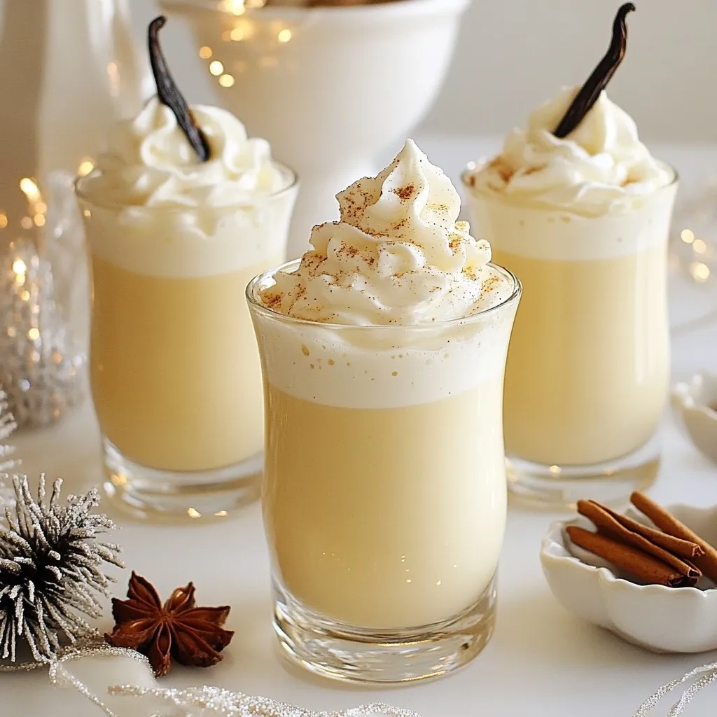 - 4 cups whole milk - 1 cup heavy cream - 3/4 cup granulated sugar - 5 large eggs - 1 teaspoon pure vanilla extract - 1 vanilla bean, split lengthwise with seeds scraped - 1/2 teaspoon ground nutmeg - 1/4 teaspoon ground cinnamon - Whipped cream for garnish - Extra grated nutmeg for garnish For a lighter version of this eggnog, you can use 2% milk instead of whole milk. This will reduce the creaminess but keep the flavor. If you don't have heavy cream, half-and-half works too. You can also swap granulated sugar with brown sugar for a deeper taste. If you prefer a dairy-free option, try almond milk or coconut milk. Just remember, flavors may change slightly. I love using organic whole milk from local dairies. It adds rich flavor. For heavy cream, I recommend brands like Horizon or Organic Valley. They both provide quality products. When it comes to vanilla, look for pure vanilla extract, like Nielsen-Massey. For the vanilla bean, if you can't find it, use an extra teaspoon of pure vanilla extract as a substitute. {{ingredient_image_2}} Start by gathering all your ingredients. You'll need 4 cups of whole milk, 1 cup of heavy cream, and 3/4 cup of granulated sugar. Next, take 5 large eggs and crack them into a bowl. Also, grab a teaspoon of pure vanilla extract and 1 vanilla bean. Don’t forget 1/2 teaspoon of ground nutmeg and 1/4 teaspoon of ground cinnamon for flavor. In a medium saucepan, mix the whole milk, heavy cream, sugar, split vanilla bean, and scraped seeds. Heat this mixture over medium heat. Stir it often until the sugar dissolves. Make sure it doesn't boil, as this can change the texture. Now, let’s get to the eggs. Whisk the eggs in the mixing bowl until they blend well. To temper the eggs, you need to be careful. Slowly pour 1 cup of the warm milk mixture into the eggs. Whisk fast while you pour. This step warms the eggs gently, so they don't cook too fast. Once the eggs are tempered, pour this egg mix back into the saucepan. Stir it in with the rest of the warm milk mixture. Keep whisking to make sure everything mixes well. Cook this mixture over medium-low heat, stirring all the time. You want it to thicken a bit and reach a gentle simmer, around 160°F. Avoid boiling, as it may curdle. When it thickens, take the saucepan off the heat. Stir in the nutmeg, cinnamon, and vanilla extract. Let it cool to room temperature. Then, chill it in the fridge for at least 2 hours before serving. Serve your chilled eggnog in festive glasses. Top each glass with whipped cream and a sprinkle of grated nutmeg for that special touch! To get that creamy texture in your eggnog, choose whole milk and heavy cream. These two create a rich base. Heating the milk gently is key; it should warm but not boil. Stir often to keep it smooth. When you mix in the eggs, do it slowly. This helps avoid lumps and keeps your drink silky. Serve your eggnog nice and cold. Chill it for at least two hours. This time lets the flavors blend well. Pour it into pretty glasses just before serving. If you want to get fancy, add whipped cream and a sprinkle of nutmeg on top. This adds a festive touch and makes it look great. To give your eggnog a twist, try adding spices. Ground ginger or clove can bring warmth. If you like a sweeter taste, a splash of maple syrup works well. You can also experiment with flavored extracts, like almond or hazelnut. Each addition can create a new flavor that surprises your guests! Pro Tips Use Fresh Ingredients: Always use the freshest eggs and high-quality vanilla bean for the best flavor in your eggnog. Chill Properly: Allow the eggnog to chill for at least 2 hours, as this enhances the flavors and improves the overall taste. Experiment with Spices: Feel free to adjust the spices to your liking. Adding a pinch of cloves or allspice can give a unique twist to your eggnog. Perfect Whipped Cream: For a stable whipped cream topping, add a tablespoon of powdered sugar while whipping, which helps it hold its shape longer. {{image_4}} You can turn this eggnog into a fun cocktail. Try adding bourbon, rum, or brandy. About 1 to 2 ounces of your choice works well. Bourbon gives a warm, sweet taste. Rum adds a smooth, tropical twist. Brandy brings a rich, fruity flavor. Mix well and serve chilled in festive glasses. If you want a family-friendly drink, skip the alcohol. You can still enjoy the creamy goodness. Use the same recipe, just leave out the spirits. Add a splash of vanilla syrup for extra flavor. You can also use flavored milk, like almond or coconut, for a new twist. Get creative with flavors to make your eggnog special. Spice it up with a hint of peppermint extract for a holiday touch. Or, add a dash of orange zest for a fresh taste. You can also mix in a bit of cocoa powder for a chocolate delight. Feel free to experiment with what you love! To store your leftover eggnog, pour it into a clean container. Seal it tightly with a lid. Place it in the fridge. It will stay fresh for about 3 to 5 days. Make sure to shake or stir it before serving again. This helps mix the flavors back together. You can freeze eggnog if you want to keep it longer. Pour it into ice cube trays or freezer-safe bags. Leave some space in the containers for expansion. It can last in the freezer for up to 6 months. When you’re ready to drink it, thaw it in the fridge overnight. To reheat eggnog, pour it into a saucepan. Heat it over low heat. Stir it gently until warmed. Avoid boiling, as this can change the texture. You can also use the microwave. Heat it in short bursts, stirring in between. Enjoy it warm or cold! Yes, you can make eggnog ahead of time. It tastes even better after chilling. Make it a day before your party for great flavor. Just store it in the fridge until you are ready to serve. Rum, bourbon, and brandy pair well with eggnog. Each adds a unique flavor to the drink. I like using spiced rum for a warm touch. It brings out the vanilla flavor nicely. Homemade eggnog lasts about 3 to 5 days in the fridge. Make sure to keep it in a sealed container. If you want it to last longer, you can freeze it. Just remember to thaw it in the fridge before serving. In this article, we explored eggnog, from ingredients to storage. We went over the list of ingredients, how to measure, and the best brands. I shared steps for preparation, cooking, and tips for perfecting the texture. We also discussed variations, including alcoholic and non-alcoholic versions. Finally, I covered how to store leftovers and answer common questions. Making eggnog can be simple and fun. Enjoy your festive drink with friends and family!