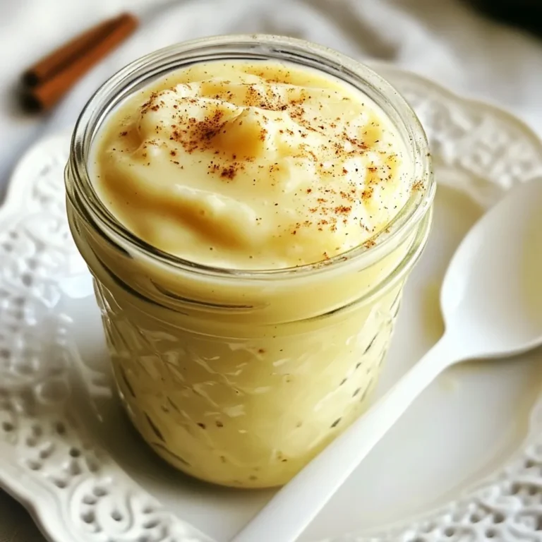 To make Silky Eggnog Jam, you need these key items: - 2 large eggs - 1 cup heavy cream - ½ cup whole milk - ¾ cup granulated sugar - 1 teaspoon vanilla extract - 1 teaspoon ground nutmeg - ½ teaspoon ground cinnamon - 2 tablespoons cornstarch - 1 tablespoon lemon juice These ingredients create a rich and creamy jam that shines during the holidays. The eggs give it a silky texture. The cream and milk add richness, while the spices bring warmth and depth. You can enhance the flavor of your Silky Eggnog Jam with these options: - A splash of bourbon or rum for warmth - A pinch of salt to balance sweetness - A sprinkle of nutmeg on top for garnish These extras can elevate your jam, making it more festive. Adding alcohol gives it a grown-up twist. If you need to swap ingredients, consider these alternatives: - Use almond milk instead of whole milk for a nutty flavor. - Swap out heavy cream for coconut cream for a dairy-free option. - Use maple syrup instead of granulated sugar for a unique taste. These substitutions keep your jam delicious while meeting dietary needs. Feel free to experiment and find what works best for you! {{ingredient_image_2}} Start by cracking two large eggs into a medium saucepan. Whisk the eggs with ¾ cup of granulated sugar until they blend well. Next, pour in 1 cup of heavy cream and ½ cup of whole milk. Add 1 teaspoon of vanilla extract, 1 teaspoon of ground nutmeg, and ½ teaspoon of ground cinnamon. Keep whisking until the mixture is smooth and creamy. This step builds the rich base for your jam. Now, place the saucepan over medium heat. Stir constantly with a wooden spoon. Cook the mixture for about 5-7 minutes. You want it to thicken but not boil. For added thickness, mix 2 tablespoons of cornstarch with 2 tablespoons of cold water in a small bowl. Stir until smooth. Once your eggnog mix thickens, slowly add the cornstarch slurry while stirring. Keep cooking for another 2-3 minutes until it’s velvety. Remove the saucepan from heat and stir in 1 tablespoon of lemon juice. This helps balance the sweetness and brightens the flavor. Ladle the jam into a clean jar or container. Let it cool to room temperature. Once cooled, cover it tightly and place it in the fridge. Chill for about 2-3 hours to set. Now, your Silky Eggnog Jam is ready to enjoy! To get that smooth and creamy texture, whisk the eggs and sugar well. This step is key. When you add the heavy cream and milk, keep whisking until it is all mixed. Cook it gently over medium heat. Stir constantly to prevent lumps. If you see it thickening, that’s a good sign! Add the cornstarch slurry slowly while stirring. This helps make the jam velvety. Don’t rush it; let it thicken just right. Once your jam is made, let it cool to room temperature. This helps it set well. Transfer it into a clean jar with a lid. Store it in the fridge for about 2-3 hours. This chill time helps it reach the perfect spreadable texture. Use your jam on toast, scones, or even pancakes. It adds a festive touch to any breakfast or snack! A common mistake is cooking the mixture too fast. This can cause it to boil, which ruins the smooth texture. Stirring constantly is also key to avoid lumps. If the jam does not thicken, check your cornstarch slurry. It must be mixed well before adding. Lastly, don’t forget the lemon juice! It balances the sweetness and brightens the flavor. Pro Tips Fresh Ingredients: Using fresh eggs and high-quality cream will enhance the flavor and texture of your jam, making it even more delightful. Whisk Constantly: Stirring continuously while heating the mixture prevents it from curdling and ensures a smooth, silky consistency. Adjust Sweetness: If you prefer your jam less sweet, feel free to reduce the amount of sugar based on your personal taste. Serving Suggestions: For a festive touch, serve the jam with gingerbread cookies or drizzle it over holiday desserts for a seasonal flair. {{image_4}} You can make Silky Eggnog Jam your own by adding different flavors. Try adding a splash of rum or bourbon for a festive kick. A touch of almond extract can give a nice nutty taste. If you want something fruity, consider mixing in some mashed banana or pureed mango. These twists add depth to your jam. To create a vegan version of this jam, swap the eggs and dairy. Use silken tofu instead of eggs. Blend it until smooth and creamy. For the milk, choose almond or coconut milk. Replace the heavy cream with full-fat coconut cream for richness. This way, you can enjoy the same silky texture and delicious flavor. Get creative with seasonal add-ins to make your jam special. Candied ginger can add a spicy zing, perfect for winter. Chopped dried cranberries or figs can bring a hint of sweetness. You might also consider adding citrus zest, like orange or lemon, for a bright finish. These additions make your Silky Eggnog Jam festive and fun! To keep your Silky Eggnog Jam fresh, store it in a clean jar. Make sure the jar is airtight to prevent air from getting in. After you ladle the jam into the jar, let it cool at room temperature. Once cool, tightly cover it with a lid. Place it in the refrigerator for best results. When stored correctly, this jam lasts about two weeks in the fridge. Always check for any changes in smell or color before use. If you notice anything odd, it’s best to toss it out. For longer storage, consider freezing the jam. Freezing your Silky Eggnog Jam is simple. Use an airtight container or freezer-safe bag. Fill the container, leaving some space at the top for expansion. It can last up to three months in the freezer. When you are ready to use it, thaw it overnight in the fridge. Stir well before serving to regain its silky texture. Yes, you can use pasteurized eggs in this recipe. Pasteurized eggs are safe and reduce the risk of foodborne illness. They work well in jams and custards. If you choose pasteurized eggs, treat them just like regular eggs. Whisk them with sugar until smooth. The taste and texture will remain the same. To adjust sweetness in Silky Eggnog Jam, you have a few options. You can add less sugar during the cooking process. Start with half a cup and taste. If you want it sweeter, add more sugar slowly. You can also use a sugar substitute, like honey or maple syrup. These options can change the flavor, so taste as you go. Silky Eggnog Jam pairs well with many dishes. Spread it on warm scones or toast for a cozy breakfast. It also complements a charcuterie board. Add it next to cheeses, nuts, and fruits. For dessert, drizzle it over pancakes or waffles. You can even use it in yogurt or oatmeal. This jam adds a festive touch to any meal! This blog shared how to make silky eggnog jam with great flavors. I covered key ingredients, step-by-step instructions, and tips for the best texture. You learned about fun variations, storage tips, and answers to common questions. Now it’s time to get creative in the kitchen. Experiment with flavors and enjoy your eggnog jam! You’ll impress friends and family with this tasty treat.