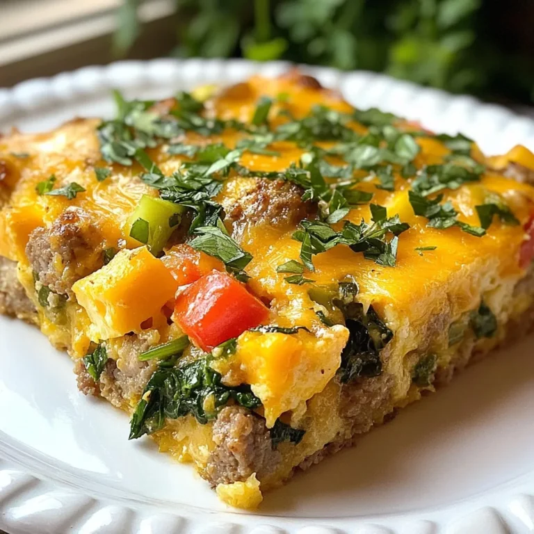 The base of a great breakfast casserole is simple yet flavorful. Here are the main ingredients you need: - 1 pound breakfast sausage - 1 cup diced bell peppers (red, green, and yellow) - 1 cup finely chopped fresh spinach - 6 large eggs - 1 cup milk (dairy or plant-based) - 2 cups shredded sharp cheddar cheese - 1 teaspoon garlic powder - 1 teaspoon onion powder - 1/2 teaspoon smoked paprika - Salt and freshly ground black pepper to taste - 4 cups cubed day-old bread (whole grain or sourdough) Each ingredient plays a key role. The sausage adds protein and richness. The bell peppers bring color and crunch. Spinach adds a nice health boost. Eggs and milk bond everything together, while the cheese gives that delightful gooeyness. If you prefer a lighter option, you can swap the pork sausage for turkey or chicken sausage. Both choices provide great flavor while cutting down on fat. They still deliver that hearty taste you want. Using turkey or chicken sausage makes this dish feel fresh without losing the classic vibe. Cheese is crucial for flavor and texture. While sharp cheddar is a classic choice, don’t hesitate to mix it up. Try: - Monterey Jack for a mild, creamy flavor - Pepper Jack for a spicy kick - Feta for a tangy twist Experimenting with cheeses can add depth to your casserole. Each variety can change the whole dish’s feel. Enjoy mixing and matching to find your favorite. {{ingredient_image_2}} First, I set my oven to 350°F (175°C) to warm up. While it heats, I grease a 9x13-inch baking dish with non-stick spray. This step helps the casserole come out easily after baking. I make sure to cover the bottom and sides well. In a large skillet, I add 1 pound of breakfast sausage. I cook it over medium heat for about 5-7 minutes. I stir it often until it turns brown and crumbles nicely. If there's too much grease, I drain it. Then, I add 1 cup of diced bell peppers and 1 cup of chopped spinach to the skillet. I cook these for another 3-4 minutes. I want the veggies to be soft and bright. Once done, I take the skillet off the heat. Next, I grab a mixing bowl and crack 6 large eggs into it. I whisk them with 1 cup of milk, 1 teaspoon of garlic powder, 1 teaspoon of onion powder, and 1/2 teaspoon of smoked paprika. I also sprinkle in some salt and pepper. I whisk until it looks frothy and well-mixed. Now, I layer 4 cups of cubed day-old bread at the bottom of my greased dish. I make sure to fill the base evenly. Then, I spoon the sausage and veggie mix on top of the bread. I spread it out evenly. I sprinkle 2 cups of shredded sharp cheddar cheese over the top. This adds a delicious cheesy layer. After that, I pour the egg mixture over everything. I want to ensure all the bread is soaked well. Finally, I gently press down on the casserole with my hand. This step helps the bread soak up the egg mix. Now, I place the dish in the oven and bake it for 30-35 minutes. I know it's done when the eggs set and the cheese is golden. After baking, I let it cool for 5-10 minutes before slicing it into squares. Bake the sausage breakfast casserole at 350°F for 30-35 minutes. This time gives the eggs a chance to set well. You want the cheese to melt and get bubbly. Check the center with a toothpick. It should come out clean when ready. The top will be golden brown and slightly puffy. This casserole serves 6-8 people. Cut it into squares for easy serving. Each square gives a hearty portion. If you have a big crowd, consider making two casseroles. They reheat well, so leftovers are a treat! To make your meal even better, serve fresh fruit like berries or sliced oranges. This adds a sweet touch. You can also offer a dollop of sour cream or Greek yogurt on the side. A light salad can bring a nice crunch. Add some fresh herbs for color and flavor. These simple sides make your breakfast feel special and complete! Pro Tips Use Fresh Ingredients: Opt for fresh bell peppers and spinach to enhance the flavor and nutritional value of your casserole. Choose the Right Bread: Day-old bread is perfect for this recipe as it absorbs the egg mixture better, yielding a more cohesive casserole. Experiment with Cheese: Feel free to mix different cheeses like mozzarella or pepper jack for a unique twist on the flavor profile. Make it Ahead: Prepare the casserole the night before and refrigerate it. Just pop it in the oven in the morning for a quick and delicious breakfast. {{image_4}} You can prepare this dish the night before. Cook the sausage and veggies as directed. Layer them in the dish with the bread and cheese. Whisk the eggs, milk, and spices in a bowl. Pour this over the layers. Cover it with foil and chill in the fridge. In the morning, just bake it for about 35-40 minutes. This saves you time and makes breakfast easy. For great taste, use fresh ingredients. Choose ripe bell peppers and fresh spinach. This adds color and crunch. Smoked paprika gives a nice depth, so don’t skip it. Allow the casserole to rest after baking. This helps the flavors blend and makes it easier to cut. A golden top with melted cheese is what you want. Pressing down on the casserole helps the bread soak up the egg mixture. You can make this dish fit different diets. Use turkey or chicken sausage for a leaner option. You can also try a plant-based sausage for a vegan choice. For dairy-free, swap regular milk with almond or oat milk. If gluten-free is a must, use gluten-free bread. The flavors will still shine through, and everyone can enjoy it. Always taste as you go to ensure it suits your needs. You can easily make this casserole vegetarian. Instead of sausage, use a mix of mushrooms and diced zucchini. These veggies add great texture and flavor. You can also add some crumbled tofu for extra protein. This keeps the dish hearty and satisfying without meat. The type of bread you use changes the taste. Whole grain bread gives a nutty flavor, while sourdough adds a tangy touch. For a sweeter flavor, try brioche. Just remember, day-old bread works best. It soaks up the egg mixture well. Fresh bread may make the casserole soggy. Choose your bread wisely for a tasty result! Herbs and spices can boost the flavor of your casserole. Fresh herbs like parsley or chives add brightness. Try adding thyme or oregano for a savory note. You can also sprinkle in some red pepper flakes for a spicy kick. Don't forget to taste as you go. Adjust seasonings to make it your own! Yes, you can make this casserole the night before. Prepare it as directed, but stop before baking. Cover it tightly with plastic wrap or foil. Store it in the fridge overnight. In the morning, just pop it in the oven. You may need to add a few extra minutes to the baking time. This makes breakfast easy and fun! To store leftover casserole, first let it cool to room temperature. Cut it into squares for easy serving. Place the pieces in an airtight container. You can keep it in the fridge for up to four days. If you want to store it longer, freeze the portions. Just wrap them well in plastic wrap and then in foil. This keeps them fresh for about three months. Reheating the breakfast casserole is simple. You can use the oven or microwave. For the oven, preheat it to 350°F (175°C). Place the casserole pieces on a baking sheet. Cover lightly with foil to keep moisture in. Heat for 15-20 minutes until warm. For the microwave, place a piece on a plate. Heat for 1-2 minutes. Check to see if it’s hot all the way through. Enjoy a tasty breakfast again! This blog post laid out all you need for a tasty sausage breakfast casserole. We covered key ingredients, options for meats and cheeses, and step-by-step cooking instructions. I also shared tips for make-ahead meals and variations for different diets. Overall, you can easily customize this dish to fit your tastes. Enjoy cooking, and have fun feeding your family with this delicious meal!