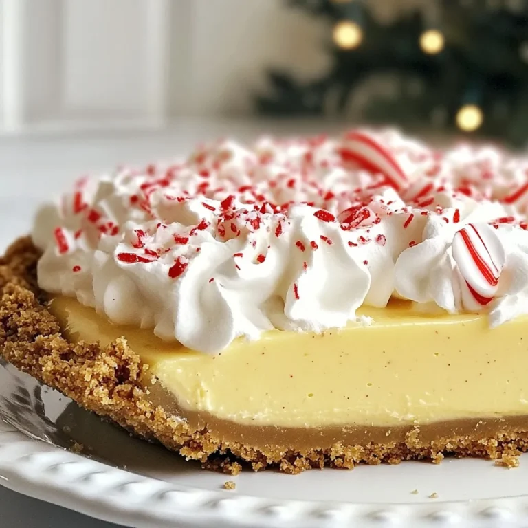 To make this festive treat, gather these key ingredients: - 1 pre-made graham cracker pie crust - 1 cup heavy cream - 1 cup powdered sugar - 8 oz cream cheese, softened - 1 teaspoon pure vanilla extract - ½ teaspoon peppermint extract - 1 cup crushed candy canes (plus extra for garnish) - ½ cup semi-sweet chocolate chips (optional) - Whipped cream for topping You can add a twist to your pie with these optional ingredients: - Use flavored whipped cream for an extra kick. - Try peppermint-flavored chocolate chips for a minty touch. - Substitute crushed Oreos for the graham cracker crust for a different base. If you need alternatives, here are some common substitutions: - Replace heavy cream with coconut cream for a dairy-free option. - Use low-fat cream cheese if you want a lighter dessert. - Swap powdered sugar with granulated sugar for a less sweet flavor. - You can also use homemade whipped cream if you prefer it fresh. {{ingredient_image_2}} Start by pouring 1 cup of heavy cream into a mixing bowl. Use an electric mixer. Beat the cream on medium speed for 2 to 3 minutes. As it thickens, slowly add 1 cup of powdered sugar. Keep mixing until you see stiff peaks, which will take about 3 to 4 more minutes. Once done, set the whipped cream aside. This step is key for a light and airy texture. In another bowl, take 8 ounces of softened cream cheese. Beat it with your mixer on medium speed for about 2 minutes. The goal is to make it smooth and creamy. Next, add 1 teaspoon of pure vanilla extract and ½ teaspoon of peppermint extract. Mix well until everything combines into a fluffy mixture. This blend gives the pie its rich flavor. Now it’s time to combine. Carefully fold the whipped cream into the cream cheese mixture. Use a spatula or a wooden spoon. Gently lift and turn the mixture until it's well mixed. Be careful not to deflate the whipped cream. Then, stir in 1 cup of crushed candy canes. If you like chocolate, gently fold in ½ cup of semi-sweet chocolate chips. Next, pour this delicious filling into the pre-made graham cracker crust. Use a spatula to smooth the top evenly. Cover the pie with plastic wrap. Place it in the refrigerator to chill. Let it set for at least 4 hours, or overnight for the best taste. Just before serving, top the pie with whipped cream and sprinkle more crushed candy canes on top. Enjoy this festive treat! Whipping cream is simple. Start with cold heavy cream. Chill your mixing bowl for better results. Beat on medium speed for 2-3 minutes. Gradually add powdered sugar while mixing. Continue until stiff peaks form, which takes about 3-4 minutes. Be careful not to overwhip. Overwhipping can turn the cream into butter. Use cream cheese at room temperature. This ensures it mixes smoothly. Beat the cream cheese on medium speed until creamy, about 2 minutes. Add your vanilla and peppermint extracts. Mix until fluffy and fully combined. This step is key for a light texture. If you follow this, your pie will have a nice, smooth filling. Presentation makes your pie special. Serve slices on bright, festive plates. Top each slice with whipped cream. Sprinkle extra crushed candy canes on top. For a fun twist, drizzle chocolate syrup over the whipped cream. A light dusting of cocoa powder around the plate adds elegance. These touches make your dessert look as good as it tastes! Pro Tips Chill Your Tools: Before whipping the cream, chill your mixing bowl and beaters in the refrigerator for about 15 minutes. This will help the cream whip up faster and achieve a better volume. Use Fresh Candy Canes: For the best flavor and crunch, use fresh candy canes. If they’ve been sitting in your pantry for too long, they may lose some of their delightful peppermint flavor. Customize Your Toppings: Feel free to get creative with toppings! Consider adding chocolate shavings, crushed nuts, or even a drizzle of white chocolate for a beautiful and delicious finish. Make Ahead: This pie tastes even better the next day! Prepare it a day or two in advance and store it in the refrigerator to allow the flavors to meld beautifully. {{image_4}} You can easily mix chocolate with peppermint. The rich taste of chocolate pairs well with the fresh mint. To try this, add ½ cup of semi-sweet chocolate chips to the cream cheese mixture. Melt the chocolate first for a smoother blend. This twist creates a delightful, creamy texture with a chocolatey surprise. To create a vegan version of peppermint cream pie, substitute a few key ingredients. Use coconut cream instead of heavy cream. Blend 1 can of chilled coconut milk, scooping out the solid part. For cream cheese, try a vegan brand or make your own with soaked cashews. Follow the same steps to mix, fold, and chill. This version keeps the festive flavor while being dairy-free. You can switch the graham cracker crust for different options. A chocolate cookie crust made from crushed Oreos adds a nice flavor. Another option is a nut-based crust for a gluten-free choice. Combine ground nuts with dates and a bit of coconut oil. Press this mixture into your pie dish for a tasty base. Each crust offers a unique taste and texture that makes your pie special. To keep your Peppermint Christmas Cream Pie fresh, cover it tightly with plastic wrap. This helps prevent air from drying it out. You can also use a pie keeper for extra protection. Make sure to store it in the refrigerator, as it contains dairy. This pie will stay good in the fridge for up to 3 days. After that, the filling may lose its creamy texture. Always check for signs of spoilage, like an off smell or any change in color. If you want to save your pie for later, you can freeze it. Wrap it well in plastic wrap, then in aluminum foil. This method helps prevent freezer burn. The pie can last up to 2 months in the freezer. To enjoy it, thaw the pie overnight in the fridge before serving. Yes, you can make this pie a day in advance. This helps the flavors blend well. The pie needs time to chill and set in the fridge, so making it ahead is ideal. Just cover it with plastic wrap to keep it fresh. Serve the pie cold for the best experience. Use a sharp knife to cut clean slices. Place each slice on festive plates. Top with whipped cream and crushed candy canes for a fun touch. You can also drizzle chocolate syrup for extra flavor. To keep the crust crisp, bake it for a few minutes before adding the filling. Let it cool completely before filling it. You can also brush a thin layer of melted chocolate on the crust. This creates a barrier and helps keep it crunchy. Peppermint Christmas Cream Pie is a fun treat for any holiday gathering. We covered the key ingredients, easy steps, and useful tips to make this pie a success. Don’t forget the variations to match your taste. From storing leftovers to preventing a soggy crust, you now have all you need. This pie is a crowd-pleaser. With a few simple changes, you can make it your own. Enjoy making this dessert, and share it with friends and family. You’ll create sweet memories together.