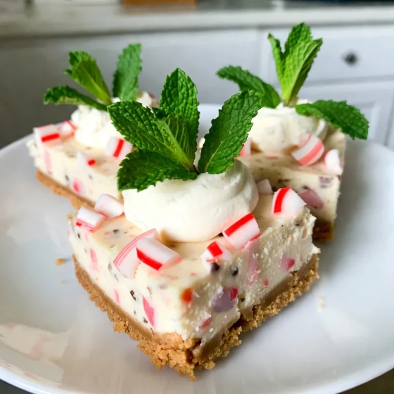 Cheesecake Filling Components - 2 (8-ounce) packages cream cheese, softened - ½ cup granulated sugar - ¼ cup packed brown sugar - 3 large eggs, at room temperature - 1 teaspoon pure vanilla extract - 1 teaspoon peppermint extract - 1 teaspoon ground cinnamon - 1 cup crushed candy canes Crust Ingredients - 1 ½ cups graham cracker crumbs - ½ cup unsalted butter, melted - 2 tablespoons granulated sugar Garnishing Ingredients - 1 cup whipped cream (for topping) - Fresh mint leaves (for garnish) - Additional crushed candy canes (for garnish) These ingredients come together to create a rich, creamy, and festive treat. The cream cheese gives the bars their smooth texture. The sugars sweeten the filling just right. Eggs help bind everything together. The extracts add a holiday twist, making these bars special. Candy canes bring a crunchy surprise in every bite. For the crust, graham crackers provide a sweet and crunchy base. Melting the butter brings the crumbs together well, forming a solid layer. The sugar in the crust adds a touch of sweetness, balancing the filling. Lastly, garnishing with whipped cream, mint leaves, and extra candy canes makes these bars look lovely. They not only taste great but also bring joy to your table. {{ingredient_image_2}} Mixing and Baking the Crust Start by preheating your oven to 325°F (160°C). Take an 8x8 inch baking pan and line it with parchment paper. This helps you lift the bars out later. In a medium bowl, mix 1 ½ cups of graham cracker crumbs, ½ cup of melted unsalted butter, and 2 tablespoons of granulated sugar. Stir until it looks like wet sand. Firmly press this mixture into the pan's bottom. Bake for 8-10 minutes until it turns lightly golden. Let it cool slightly. Tips for Perfect Crust Texture Make sure to press the crust down evenly. This helps it stay firm when baked. If it’s too crumbly, it won’t hold together. You can also try adding a pinch of salt for extra flavor. Mixing the Ingredients In a large bowl, use an electric mixer to beat 2 packages of softened cream cheese. Mix until it’s smooth. Gradually add in ½ cup of granulated sugar and ¼ cup of brown sugar. Beat until blended. Then add 3 large eggs, one at a time. Mix on low speed after each egg. Next, add 1 teaspoon of vanilla extract, 1 teaspoon of peppermint extract, and 1 teaspoon of ground cinnamon. Mix until everything is combined. Folding in Candy Canes Gently fold in 1 cup of crushed candy canes. This adds a festive crunch and minty flavor. Make sure the candy canes are evenly distributed in the batter. Baking Time and Temperature Pour the cheesecake filling over the crust. Smooth the top with a spatula. Bake for 30-35 minutes. The edges should be set, but the center can still jiggle a bit. Once baked, turn off the oven and crack the oven door. Let the bars cool for about an hour. Cool Down Techniques After an hour, move the bars to the fridge. Chill for at least 4 hours or overnight. This helps them firm up. When ready, lift the cheesecake bars from the pan using the parchment paper. Cut them into 16 squares. Top each one with whipped cream and extra crushed candy canes for a nice finish. To make a smooth cream cheese mixture, start with softened cream cheese. This helps blend it well. Use an electric mixer for best results. Mix it until it's creamy and free of lumps. Room temperature is key. Cold cream cheese won't mix well. Let it sit out for about an hour before using. This small step makes a big difference in texture. Be careful not to overmix your batter. Mix just until each egg is combined. Overmixing adds air, leading to cracks in your cheesecake bars. Cooling is just as important as baking. After baking, leave the door slightly open. This helps the bars cool slowly. Chill them in the fridge for at least four hours. Overnight is even better for the best texture. For a festive touch, top each bar with whipped cream. Add a sprinkle of crushed candy canes for color and crunch. Fresh mint leaves also add a nice touch. When serving, place the bars on a pretty platter. Use festive paper liners to make them pop. Dust the tops with powdered sugar for a snowy look. These simple ideas will impress your guests and make your dessert shine. Pro Tips Chill Before Serving: For the best texture, make sure to chill the cheesecake bars for at least 4 hours, or overnight if possible, to allow them to firm up properly. Use Room Temperature Ingredients: Ensure that the cream cheese and eggs are at room temperature before mixing. This helps achieve a smoother batter and prevents lumps. Don’t Overmix: When adding the eggs, mix on low speed just until incorporated. Overmixing can introduce air bubbles, which may cause cracks in the cheesecake. Garnish Creatively: For a festive touch, consider adding edible glitter or chocolate shavings along with the crushed candy canes for an extra holiday sparkle. {{image_4}} You can change up the flavors of your cheesecake bars. Try using different extracts. Instead of peppermint, use vanilla or almond extract. Each will give a unique twist to your bars. If you want to add some fun, swap out the crushed candy canes. Use crushed chocolate bars, toffee bits, or even sprinkles. These changes can create a new flavor that fits your taste. Making your cheesecake bars fit different diets is easy! For a gluten-free option, use gluten-free graham cracker crumbs. They still give the same great crust. For a vegan version, swap the cream cheese for a plant-based alternative. You can also replace the eggs with a mixture of ground flaxseed and water. This keeps the bars creamy and delicious without the animal products. Holiday flavors can bring joy to your cheesecake bars. Consider adding spices like nutmeg or ginger for more warmth. You can also mix in some zest from oranges or lemons for a fresh taste. For the crust, try using crushed gingerbread cookies instead of graham crackers. This adds a festive crunch that pairs well with the creamy filling. To store your Christmas cheesecake bars, place them in an airtight container. Make sure to keep them in the refrigerator. This way, they stay fresh and tasty. These bars can last for up to five days in the fridge. For best practices, always cover the bars with plastic wrap or foil. This keeps them from drying out. If you plan to serve them later, chill them right after cutting. This helps maintain their texture and flavor. You can also freeze these cheesecake bars for longer storage. To freeze, first, cut them into squares. Then, wrap each piece tightly in plastic wrap. Place the wrapped bars in a freezer-safe bag. Press out as much air as possible before sealing. To thaw, simply move the bars to the fridge overnight. This keeps the texture smooth and creamy. Avoid thawing at room temperature, as this can make them soggy. If you want to enjoy them warm, you can microwave them for a few seconds after thawing. You can tell cheesecake bars are done when the edges are set. The center should still jiggle a bit. This slight jiggle means they will firm up as they cool. If the edges look golden and the center is soft, it's time to take them out. Yes, you can make these cheesecake bars a day or two before your event. Just bake and chill them as directed. They taste even better after sitting in the fridge. This allows the flavors to meld and deepen. You can use crushed cookies like Oreos or vanilla wafers. Crushed pretzels work too for a salty kick. Just make sure to adjust the sugar if your substitute is sweet. This keeps the balance of flavors right. These cheesecake bars can last up to five days in the fridge. Store them in an airtight container to keep them fresh. If they last that long, you can enjoy them for days! You learned how to make delicious cheesecake bars. We covered the key ingredients, step-by-step prep, and baking tips. I shared ways to make them look great and taste even better. You can also try flavor swaps and dietary changes, depending on your needs. With proper storage, your cheesecake bars will stay fresh longer. Enjoy your baking journey and share these treats with friends and family!